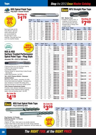 The RIGHT TOOL at the RIGHT PRICEThe RIGHT TOOL at the RIGHT PRICE38
Shop the 2013 Enco Master CatalogTaps
Starting At
$
749
Thread No.of Thread Reg. Sale
Size Flutes L OAL Model # Price Price
1⁄8"-27 4 3⁄4" 21⁄8" RB313-2303 $10.89 $7.49
1⁄4-18 4 11⁄16 27⁄16 RB313-2306 12.22 8.39
3⁄8-18 4 11⁄16 29⁄16 RB313-2312 15.62 10.89
1⁄2-14 4 13⁄8 31⁄8 RB313-2315 25.99 17.49
3⁄4-14 5 13⁄8 31⁄4 RB313-2318 37.70 23.99
1-111⁄2 5 13⁄4 31⁄4 RB313-2321 59.50 36.99
NPS Straight Pipe Taps
HSS - Medium Hook
• Suitable for tapping holes, or
couplings, for low pressure
work to assemble with taper
threaded pipe or ﬁttings when
a sealer is used
Thread H No.of Price Each
Size Limit Flutes OAL Model # 1-11 12+
2-56 H2 2 13⁄4" RB312-1501 $4.32 $2.92
4-40 H2 2 17⁄8 RB312-1541 2.78 2.10
8-32 H2 2 21⁄8 RB891-4898 2.75 2.40
10-32 H2 2 23⁄8 RB891-4900 2.75 2.40
1⁄4"-28 H2 2 21⁄2 RB326-1640 3.36 2.17
5⁄16-18 H3 2 223⁄32 RB312-1021 2.54 1.79
5⁄16-24 H3 2 223⁄32 RB312-1031 2.54 2.02
3⁄8-16 H3 3 215⁄16 RB312-1041 3.01 2.21
3⁄8-24 H3 3 215⁄16 RB312-1051 3.24 2.47
1⁄2-13 H3 3 33⁄8 RB312-1081 4.85 4.16
1⁄2-20 H3 3 33⁄8 RB312-1091 6.07 4.16
HSS Spiral Point Taps
Plug Style • Ground Threads
Spiral point taps are the
most efﬁcient, rigid and
useful cutting taps and
are recommended for
through holes in most
materials. Plug style taps have
up to ﬁve chamfer threads.
Starting At
$
179SAVEUP TO
35%On 12+
Thread Thread Plug Bottoming Reg. Sale
Size Limit OAL Model # Model # Price Price
6-32 H3 2" RB314-7051 RB314-7052 $5.44 $3.59
8-32 H3 21⁄8 RB314-7071 — 5.44 3.59
10-32 H3 23⁄8 RB314-7091 RB314-7092 5.44 3.59
1⁄4"-20 H3 21⁄2 — RB314-6002 5.89 3.59
1⁄4-28 H3 21⁄2 RB314-6011 RB314-6012 5.89 3.59
5⁄16-18 H3 223⁄32 RB314-6021 RB314-6022 7.30 4.59
3⁄16-24 H3 222⁄32 RB314-6031 RB314-6032 7.14 4.59
3⁄8-16 H3 215⁄16 RB314-6041 RB314-6042 8.42 6.59
3⁄8-24 H3 215⁄16 RB314-6051 RB314-6052 8.52 6.59
1⁄2-13 H3 33⁄8 RB314-6081 RB314-6082 15.13 10.59
HSS Fast Spiral Flute Taps
Plug & Bottoming Style
Plug Chamfer: 3-5 Threads
Bottoming Chamfer: 1-2 Threads
• Ground thread
• Approx. 52° helix—best used on very ductile materials
• Used in blind holes to draw chips out of soft, stringy materials
such as brass, copper, aluminum, magnesium, die-cast metals, etc.
• Increases chip lifting action
Bottoming
Plug
SAVEUP TO
38%
As Low As
$
359
Thread Thread No.of HSS Low TiN + CrC/C Low TiCN Low
Size Limit Flutes OAL Model # Price Model # Price Model # Price
#4-40 H2 2 17⁄8" RB405-1201 $4.99 RB405-1234 $9.99 RB405-1261 $7.33
#5-40 H2 2 115⁄16 RB405-1202 4.99 RB405-1235 9.99 RB405-1262 7.33
#6-32 H2 2 2 RB405-1203 4.19 RB405-1236 8.39 RB405-1263 6.16
#6-32 H3 2 2 — RB405-1237 8.39 RB405-1264 6.16
#8-32 H2 2 21⁄8 — RB405-1238 8.39 RB405-1265 6.16
#8-32 H3 2 21⁄8 RB405-1206 4.19 RB405-1239 8.39 RB405-1266 6.16
#10-24 H2 2 23⁄8 RB405-1207 4.77 — RB405-1267 7.02
#10-24 H3 2 23⁄8 RB405-1208 4.19 RB405-1240 8.39 RB405-1268 6.16
#10-32 H2 2 23⁄8 RB405-1209 4.19 RB405-1241 8.39 —
#10-32 H3 2 23⁄8 RB405-1210 4.19 RB405-1242 8.39 RB405-1269 6.16
#12-24 H3 2 23⁄8 RB405-1211 4.77 — RB405-1271 7.03
1⁄4"-20 H3 2 21⁄2 RB405-1212 4.19 — RB405-1272 7.67
1⁄4-20 H3 3 21⁄2 RB405-1213 5.20 RB405-1244 10.42 —
1⁄4-20 H5 2 21⁄2 RB405-1214 4.77 RB405-1245 9.56 —
1⁄4-20 H5 3 21⁄2 RB405-1215 5.20 — —
1⁄4-28 H2 2 21⁄2 — RB405-1246 9.56 —
1⁄4-28 H3 2 21⁄2 RB405-1217 4.19 RB405-1247 8.39 RB405-1276 6.16
5⁄16-18 H3 2 223⁄32 RB405-1218 4.52 RB405-1248 9.05 —
5⁄16-18 H3 3 223⁄32 RB405-1219 5.97 RB405-1249 11.96 RB405-1278 8.79
5⁄16-18 H5 2 223⁄32 RB405-1220 5.20 — —
5⁄16-18 H3 3 223⁄32 RB405-1221 5.97 RB405-1251 11.96 RB405-1279 6.63
5⁄16-24 H3 2 223⁄32 RB405-1222 4.52 RB405-1252 9.05 —
3⁄8-16 H3 3 215⁄16 RB405-1223 5.37 RB405-1253 10.75 RB405-1280 7.92
3⁄8-16 H5 3 215⁄16 RB405-1224 6.82 RB405-1254 13.64 RB405-1281 10.03
3⁄8-24 H3 3 215⁄16 RB405-1225 5.76 RB405-1255 11.52 RB405-1282 8.48
7⁄16-14 H3 3 35⁄32 RB405-1226 9.18 — RB405-1283 13.52
7⁄16-20 H3 3 35⁄32 RB405-1227 9.18 — RB405-1284 13.52
1⁄2-13 H3 3 33⁄8 RB405-1228 9.33 RB405-1256 18.66 RB405-1285 13.73
1⁄2-13 H5 3 33⁄8 RB405-1229 10.89 RB405-1257 21.79 RB405-1286 16.00
1⁄2-20 H3 3 33⁄8 RB405-1230 10.89 RB405-1258 21.79 RB405-1287 16.02
5⁄8-11 H3 3 313⁄16 — RB405-1259 42.35 RB405-1288 30.57
5⁄8-18 H3 3 313⁄16 RB405-1232 21.17 RB405-1260 42.35 —
3⁄4-10 H3 3 41⁄4 RB405-1233 30.00 — RB405-1290 43.29
• Optimized ﬂute form for low-torque tapping
• Ideal for high production tapping
• 3-5 threads chamfer
• Necked design for reduced drag in deep through
hole tapping
• ANSI shank diameter, List 2331
TiN + CrC/C (Titanium Nitride + Chromium
Carbide Carbon):
Black-gray color coating - proprietary for both
ferrous and nonferrous materials. Combines the
wear resistance of smooth TiN coating with a
lubricious top layer of chromium carbide carbon
TiCN (Titanium Carbonitride) Coated:
Provides a hard, abrasion-resistant performance-
enhancing surface treatment ideal for tapping
steels, irons and stainless steel < 30 HRC
HSS & HSS
Surface Treated Performance
Spiral Point Taps - Plug Style
Uncoated, TiN + CrC/C & TiCN Coated
As Low As
$
419
f
WHILE
SUPPLIES
LAST
38-39 EH 13-07 Taps.indd 3838-39 EH 13-07 Taps.indd 38 6/19/13 11:41 AM6/19/13 11:41 AM
 
