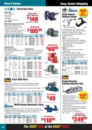 The RIGHT TOOL at the RIGHT PRICEThe RIGHT TOOL at the RIGHT PRICE4
Easy, Secure ShoppingVises & Clamps
Multi-Purpose Mechanic’s Vises
• Versatile, reversible front jaw • 360° swivel base with two lockdowns
• Replaceable, hardened steel top jaws —serrated and reversible to smooth
• Replaceable, hardened steel serrated pipe jaws are removable and
designed to securely grip pipe
Jaw Jaw Throat Pipe Wt. Low
Opening W Depth Capacity Lbs. Model # Price
6" 51⁄2" 33⁄4" 1⁄8-3" 50 RB404-1725 $118.95
11 61⁄2 4 1⁄8-31⁄2 53 RB404-1726 235.95
13 8 43⁄4 1⁄8-31⁄2 77 RB404-1727 335.95
As Low As
$
11895
• Designed for medium- to
high-volume CNC production
• Reversible jaws can be
changed from standard to step
• Anti-tilt mechanism eliminates lift of movable jaw
• Vise body is precision ground and the height
matched within +0
• Ductile cast-iron body, hardened upper guide
surface improves rigidity and wear resistance
• 6" jaw width • 4" jaw opening
• 5" OAH • 24" OAL • 11⁄2" jaw height
• Wt.: 110 lbs.
Double Direction
Precision Machine Vise
p
SAVE
40%
Sale Price
Model # RB327-5889
$
24995
Regular Price: $423.23
Swivel Base Vises
Bench Vise
• 51⁄4" jaw opening
• 5" jaw width
• 183⁄4" OAL
• 85⁄8" height
• 3⁄8" minimum pipe capacity
Mfr’s # 69999
Multi-Purpose Mechanic’s Vises
• Heavy duty – 30,000 psi rated
• Hardened steel top and pipe jaws
• Large anvil work surface
• Swivel bar rotates 360° and has double
lockdown for maximum stability
• Powder coat paint resists scratches
Jaw Jaw Throat Capacity Wt. Reg. Sale
Open. W Depth Min – Max. Lbs. Mfr’s # Model # Price Price
41⁄2" 4" 37⁄16" 1⁄4 – 2" 38 744 RB319-3258 $163.24 $105.95
51⁄4 5 33⁄4 1⁄4 – 21⁄2 52 745 RB319-3256 276.81 189.00
53⁄4 6 41⁄8 1⁄4 – 31⁄2 64 746 RB319-3259 327.10 245.95
6 51⁄2 33⁄4 1⁄8 – 3 50 14500 RB240-2993 181.53 169.00
81⁄4 8 43⁄4 1⁄4 – 31⁄2 89 748A RB319-3257 623.48 369.00
Industrial Vises
Jaw Jaw Capacity Wt. Reg. Sale
Open. W Min – Max. Lbs. Mfr’s # Model # Price Price
Utility
4" 41⁄2" 1⁄8 – 2" 16 674 RB240-2982 $85.41 $68.95
5 51⁄2 1⁄8 – 21⁄2 35 675 RB426-1020 119.92 85.95
51⁄2 61⁄2 1⁄8 – 21⁄2 44 676 RB426-1022 150.12 85.95
6 6 1⁄8 – 3 66 656HD RB426-1024 255.78 165.95
71⁄2 8 1⁄8 – 3 80 648HD RB426-1026 318.35 215.00
Tradesman
4 41⁄2 1⁄4 – 21⁄2 42 63199 RB426-1010 439.76 349.00
5 51⁄2 3⁄8 – 3 53 1755 RB426-1012 554.58 429.00
61⁄2 61⁄2 3⁄8 – 31⁄2 72 1765 RB426-1014 710.55 459.00
7 8 1⁄8 – 31⁄2 109 1780A RB240-2981 912.02 689.00
Utility
Tradesman
Sale Price
Model # RB405-0705
$
149Regular Price: $256.57
Starting At
$
10595
Starting At
$
6895Tradesman Vises
• 60,000 psi ductile iron body parts
• Hardened steel top and pipe jaws
• Round, lathe-turned slide bar
• Precision thrust bearing
Utility Workshop Vises
• Serrated steel replaceable top jaws
• Built-in pipe jaws
• Large anvil
• Finished in red enamel
Jaw Jaw Jaw Wt. Reg. Sale
W Open. Depth Ht. Lbs. Model # Price Price
3" 23⁄4" 1" 43⁄4" 12.6 RB404-1676 $74.19 $49.00
4 31⁄2 1.188 5 17.9 RB404-1677 84.22 62.00
5 55⁄16 15⁄16 55⁄16 23.8 RB404-1678 120.39 85.00
6 53⁄4 11⁄2 61⁄4 36.8 RB404-1679 151.90 112.00
• Used where quick and precise X and Y axis positioning is required
• Often used on a drill press to recreate lateral and cross travel of a
milling machine
• Suitable for clamping soft materials like wood, aluminum and copper
• Ball-crank handles
• Three bolt legs on each side of the base to match most table conﬁgurations
As Low As
$
49
Cross Slide Vises
Quick-Release
Welding Clamps
SAVEUP TO
30%
For quick clamping, without spinning. Ideal
for a wide range of welding and woodworking
applications, including inside clamping,
clamping of unparallel parts or holding round
or odd-shaped parts.
Import
• Material: Steel • Straight handle
• Non-marring pads and cushion handle grip
• Press button, slide clamp to desired position,
release button and turn handle to right to
tighten clamp jaws
• Load capacity: 200 lbs.
Gibraltar
• Material: Black oxide ﬁnish with copper-
plated spindle
• Resists welding splatter • T handle
• Lift release lever and pull handle to open jaws
• Push handle to desired position and ﬂip
release lever down to tighten clamp jaws
• Load capacity: 1,000 lbs.
Open Closed
Max. Throat Throat Reg. Sale
Cap. OAL Depth Depth Model # Price Price
Import
5" 12" 21⁄2" 31⁄2" RB308-0336 $19.20 $15.95
61⁄2 131⁄2 21⁄2 4 RB308-0337 22.79 19.95
Gibraltar
5 10 21⁄4 3 RB327-0066 23.03 15.95
61⁄2 111⁄2 21⁄4 31⁄2 RB327-0067 27.38 21.49
T handleStraight handle
04-05 EH 13-07 V&C.indd 404-05 EH 13-07 V&C.indd 4 6/19/13 10:21 AM6/19/13 10:21 AM
 