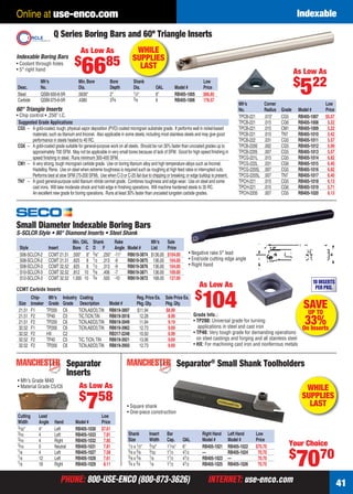 PHONE: 800-USE-ENCO (800-873-3626) INTERNET: use-enco.comPHONE: 800-USE-ENCO (800-873-3626) INTERNET: use-enco.com 41
Online at use-enco.com Indexable
SAVE
UP TO
33%On Inserts
Chip- Mfr’s Industry Coating Reg.Price Ea. Sale Price Ea.
Size breaker Grade Grade Description Model # Pkg.Qty. Pkg.Qty.
21.51 F1 TP200 C6 TiCN,Al2O3,TiN RB619-3897 $11.94 $8.99
21.51 F2 TP40 C5 TiC,TiCN,TiN RB619-3918 12.28 8.99
21.51 F2 TP200 C6 TiCN,Al2O3,TiN RB619-3949 11.94 9.19
32.52 F1 TP200 C6 TiCN,Al2O3,TiN RB619-3962 12.73 9.69
32.52 F2 HX C2 RB317-2248 10.50 6.99
32.52 F2 TP40 C5 TiC,TiCN,TiN RB619-3921 13.06 9.69
32.52 F2 TP200 C6 TiCN,Al2O3,TiN RB619-3950 12.73 9.69
Min. OAL Shank Rake Mfr’s Sale
Style Insert Bore C D F Angle Model # List Price
S06-SCLCR-2 CCMT 21.51 .500" 6" 3⁄8" .250" -11° RB619-3874 $136.00 $104.00
S08-SCLCR-2 CCMT 21.51 .625 8 1⁄2 .313 -9 RB619-3875 136.00 104.00
S08-SCLCR-3 CCMT 32.52 .625 8 1⁄2 .313 -9 RB619-3876 136.00 104.00
S10-SCLCR-3 CCMT 32.52 .812 10 5⁄8 .406 -7 RB619-3871 136.00 109.00
S12-SCLCR-3 CCMT 32.52 1.000 10 3⁄4 .500 -10 RB619-3872 168.00 137.00
CCMT Carbide Inserts
• Negative rake 5° lead
• End/side cutting edge angle
• Right hand
Small Diameter Indexable Boring Bars
S-SCLCR Style • 80° Diamond Inserts • Steel Shank
Grade Info.:
• TP200: Universal grade for turning
applications in steel and cast iron
• TP40: Very tough grade for demanding operations
on steel castings and forging and all stainless steel
• HX: For machining cast iron and nonferrous metals
As Low As
$
104
10 INSERTS
PER PKG.
Cutting Lead Low
Width Angle Hand Model # Price
3⁄32" 4° Left RB405-1030 $7.61
3⁄16 4 Left RB405-1033 7.81
3⁄16 4 Right RB405-1032 7.85
3⁄16 0 Neutral RB405-1031 7.81
1⁄8 4 Left RB405-1027 7.58
1⁄8 12 Left RB405-1028 7.61
1⁄8 18 Right RB405-1029 8.11
• Mfr’s Grade M40
• Material Grade C5/C6
Separator
Inserts
As Low As
$
758
Separator®
Small Shank Toolholders
• Square shank
• One-piece construction
Shank Insert Bar Right Hand Left Hand Low
Size Width Cap. OAL Model # Model # Price
1⁄2 x 1⁄2" 3⁄32" 11⁄16" 6" RB405-1021 RB405-1022 $70.70
5⁄8 x 5⁄8 3⁄32 11⁄2 41⁄2 — RB405-1024 70.70
5⁄8 x 5⁄8 1⁄8 11⁄2 41⁄2 RB405-1023 — 70.70
3⁄4 x 3⁄4 1⁄8 11⁄2 41⁄2 RB405-1025 RB405-1026 70.70
Your Choice
$
7070
Mfr’s Min.Bore Bore Shank Low
Desc. No. Dia. Depth Dia. OAL Model # Price
Steel QSBI-500-6-5R .5630" 2" 1⁄2" 6" RB405-1005 $66.85
Carbide QSBI-375-6-5R .4380 33⁄4 3⁄8 6 RB405-1006 176.57
Q Series Boring Bars and 60º Triangle Inserts
Indexable Boring Bars
• Coolant through holes
• 5° right hand
60° Triangle Inserts
• Chip control • .250" I.C.
Suggested Grade Applications
CG5 – A gold-coated, tough, physical vapor deposition (PVD) coated micrograin substrate grade. It performs well in nickel-based
materials, such as titanium and Inconel. Also applicable in some steels, including most stainless steels and may give good
performance in steels heated to 40 RC.
CG6 – A gold-coated grade suitable for general-purpose work on all steels. Should be run 30% faster than uncoated grades up to
approximately 700 SFM. May not be applicable in very small bores because of lack of SFM. Good for high speed ﬁnishing in
speed ﬁnishing in steel. Runs minimum 300-400 SFM.
CM1 – A very strong, tough micrograin carbide grade. Use on boring titanium alloy and high temperature alloys such as Inconel,
Hastelloy, Rene. Use on steel when extreme toughness is required such as roughing at high feed rates or interrupted cuts.
Performs best at slow SFM (75-200 SFM). Use when C-3 or C-25 fail due to chipping or breaking;or edge buildup is present.
TN7 – A good general-purpose solid titanium nitride cermet grade. Combines toughness and edge wear. Use on steel and some
cast irons. Will take moderate shock and hold edge in ﬁnishing operations. Will machine hardened steels to 35 RC.
An excellent new grade for boring operations. Runs at least 30% faster than uncoated tungsten carbide grades.
Mfr’s Corner Low
No. Radius Grade Model # Price
TPCB-221 .015" CG5 RB405-1007 $5.57
TPCB-221 .015 CG6 RB405-1008 5.22
TPCB-221 .015 CM1 RB405-1009 5.22
TPCB-221 .015 TN7 RB405-1010 5.42
TPCB-222 .031 CG5 RB405-1011 5.57
TPCB-2200 .002 CG5 RB405-1012 5.99
TPCB-2205 .007 CG5 RB405-1013 5.57
TPCG-221L .015 CG5 RB405-1014 6.82
TPCG-222L .031 CG6 RB405-1015 6.40
TPCG-2205L .007 CG5 RB405-1016 6.82
TPCG-2205L .007 TN7 RB405-1017 6.40
TPCH-221 .015 CG5 RB405-1018 6.13
TPCH-221 .015 CG6 RB405-1019 5.71
TPCH-2205 .007 CG5 RB405-1020 6.13
As Low As
$
6685
As Low As
$
522
WHILE
SUPPLIES
LAST
WHILE
SUPPLIES
LAST
40-41 EH 13-07 Indexable.indd 4140-41 EH 13-07 Indexable.indd 41 6/19/13 11:42 AM6/19/13 11:42 AM
 