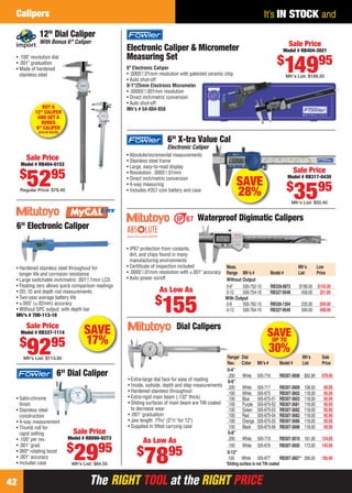 The RIGHT TOOL at the RIGHT PRICEThe RIGHT TOOL at the RIGHT PRICE42
It’s IN STOCK andCalipers
Electronic Caliper & Micrometer
Measuring Set
6" Electronic Caliper
• .0005"/.01mm resolution with patented ceramic chip
• Auto shut-off
0-1"/25mm Electronic Micrometer
• .00005"/.001mm resolution
• Direct inch/metric conversion
• Auto shut-off
Mfr’s # 54-004-850
Sale Price
Model # RB404-3021
$
14995
Mfr’s List: $189.20
• IP67 protection from coolants,
dirt, and chips found in many
manufacturing environments
• Certiﬁcate of inspection included
• .0005"/.01mm resolution with ±.001" accuracy
• Auto power on/off
Waterproof Digimatic Calipers
Meas. Mfr’s Low
Range Mfr’s # Model # List Price
Without Output
0-6" 500-752-10 RB328-0873 $198.00 $155.00
0-12 500-754-10 RB327-9548 458.00 331.00
With Output
0-6 500-762-10 RB326-1304 235.00 204.00
0-12 500-764-10 RB327-9549 509.00 408.00
As Low As
$
155
• .100" revolution dial
• .001" graduation
• Made of hardened
stainless steel
12" Dial Caliper
With Bonus 6" Caliper
Sale Price
Model # RB404-0152
$
5295
Regular Price: $79.40
BUY A
12" CALIPER
AND GET A
BONUS
6" CALIPER
($34.00 VALUE)
SAVE
28%
6" X-tra Value Cal
Electronic Caliper
• Absolute/incremental measurements
• Stainless steel frame
• Large, easy-to-read display
• Resolution: .0005"/.01mm
• Direct inch/metric conversion
• 4-way measuring
• Includes #357 coin battery and case
Sale Price
Model # RB317-0430
$
3595
Mfr’s List: $50.40
Sale Price
Model # RB337-1114
$
9295
Mfr’s List: $113.00
SAVE
17%
6" Electronic Caliper
• Hardened stainless steel throughout for
longer life and corrosion resistance
• Large switchable inch/metric .001"/.1mm LCD
• Floating zero allows quick comparison readings
• OD, ID and depth rod measurements
• Two-year average battery life
• ±.005" (±.02mm) accuracy
• Without SPC output; with depth bar
Mfr’s # 700-113-10
6" Dial Caliper
• Satin-chrome
ﬁnish
• Stainless steel
construction
• 4-way measurement
• Thumb roll for
rapid setting
• .100" per rev.
• .001" grad.
• 360° rotating bezel
• .001" accuracy
• Includes case
Sale Price
Model # RB890-9373
$
2995
Mfr’s List: $84.55
As Low As
$
7895
*Sliding surface is not TiN coated
Range/ Dial Mfr’s Sale
Rev. Color Mfr’s # Model # List Price
0-4"
.200 White 505-716 RB307-3608 $92.90 $78.95
0-6"
.200 White 505-717 RB307-3609 108.00 89.95
.100 White 505-675 RB307-3602 118.00 95.95
.100 Blue 505-675-51 RB307-3603 118.00 95.95
.100 Purple 505-675-52 RB307-3681 118.00 95.95
.100 Green 505-675-53 RB307-3682 118.00 95.95
.100 Red 505-675-54 RB307-3683 118.00 95.95
.100 Orange 505-675-55 RB307-3686 118.00 95.95
.100 Black 505-675-56 RB307-3688 118.00 95.95
0-8"
.200 White 505-719 RB307-3610 161.00 134.95
.100 White 505-676 RB307-3605 173.00 145.95
0-12"
.100 White 505-677 RB307-3607* 266.00 185.95
Dial Calipers
• Extra-large dial face for ease of reading
• Inside, outside, depth and step measurements
• Hardened stainless throughout
• Extra-rigid main beam (.132" thick)
• Sliding surfaces of main beam are TiN coated
to decrease wear
• .001" graduation
• Jaw length: 19⁄16" (21⁄2" for 12")
• Supplied in ﬁtted carrying case
SAVEUP TO
30%
42-43 EH 13-07 CIM.indd 4242-43 EH 13-07 CIM.indd 42 6/19/13 11:43 AM6/19/13 11:43 AM
 