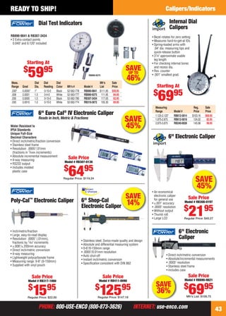 PHONE: 800-USE-ENCO (800-873-3626) INTERNET: use-enco.comPHONE: 800-USE-ENCO (800-873-3626) INTERNET: use-enco.com 43
READY TO SHIP! Calipers/Indicators
• Inch/metric/fraction
• Large, easy-to-read display
• Resolution: .0005" (.01mm),
fractions by 1⁄64" increments
• ±.008"/±.200mm accuracy
• Direct inch/metric conversion
• 4-way measuring
• Lightweight polycarbonate frame
• Measuring range: 0-6" (0-150mm)
• Supplied with vinyl pouch
Poly-Cal™
Electronic Caliper
Sale Price
Model # RB317-1000
$
1595
Regular Price: $22.00
Measuring Reg. Sale
Range Model # Price Price
1.125-2.125" RB612-5814 $103.16 $69.95
1.875-2.875 RB612-5818 124.02 82.95
2.875-3.875 RB240-0028 145.98 99.95
• Bezel rotates for zero setting
• Measures hard-to-get-at IDs
• Spring-loaded arms with
.04" dia. measuring tips and
quick-release button
• 31⁄4" approximate usable
leg length
• For checking internal bores
and recess dia.
• Rev. counter
• .001" smallest grad.
Internal Dial
Calipers
Starting At
$
6995
SAVE
45%
6" Electronic Caliper
• An economical
electronic caliper
for general use
• ±.001" accuracy
• .0005" resolution
• Without output
• Thumb roll
• Large LCD
Sale Price
Model # RB308-0197
$
2195
Regular Price: $40.27
Sale Price
Model # RB890-9821
$
6995
Mfr’s List: $109.75
SAVE
36%
• Direct inch/metric conversion
• Absolute/incremental measurements
• .0005" resolution
• Stainless steel frame
• Includes case
6" Electronic
Caliper
SAVE
45%Water Resistant to
IP54 Standards
Unique Full-Size
Decimal Characters
• Direct inch/metric/fraction conversion
• Stainless steel frame
• Resolution: .0005"/.01mm
(fractions in 1⁄64th increments)
• Absolute incremental measurement
• 4-way measuring
• RS232 output
• Includes molded
plastic case
6" Euro Cal®
IV Electronic Caliper
Reads in Inch, Metric & Fractions
Sale Price
Model # RB307-0136
$
6495
Regular Price: $119.24
Sale Price
Model # RB411-0090
$
12595
Regular Price: $147.18
• Stainless steel, Swiss-made quality and design
• Absolute and differential measuring system
• 0-6"/0-150mm range
• .0005"/0.01mm resolution
• Auto shut-off
• Instant inch/metric conversion
• Speciﬁcation consistent with DIN 862
6" Shop-Cal
Electronic Caliperr
SAVE
14%
SAVEUP TO
46%
RB890-9841 & RB307-3434
• 2 Extra contact points
0.040" and 0.120" included
Dial Test Indicators
Starting At
$
5995
Meas. Dial Dial Dial Mfr’s Sale
Range Grad Dia. Reading Color Mfr’s # Model # List Price
.030" 0.0005" 1" 0-15-0 Black 52-562-778 RB890-9841 $111.95 $59.95
.008 0.0001 1.5 0-4-0 White 52-563-777 RB890-9375 111.95 84.95
.030 0.0005 1.5 0-15-0 Black 52-562-780 RB307-3434 117.05 62.95
.030 0.0010 1.0 0-15-0 White 52-562-774 RB319-3672 105.30 69.95
RB890-9375
42-43 EH 13-07 CIM.indd 4342-43 EH 13-07 CIM.indd 43 6/19/13 11:44 AM6/19/13 11:44 AM
 