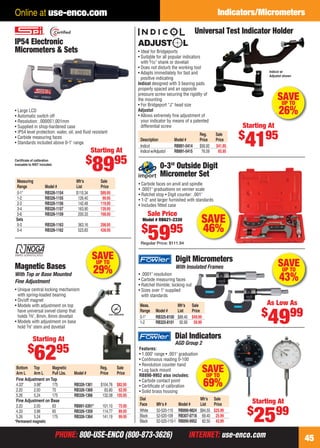 PHONE: 800-USE-ENCO (800-873-3626) INTERNET: use-enco.comPHONE: 800-USE-ENCO (800-873-3626) INTERNET: use-enco.com 45
Online at use-enco.com Indicators/Micrometers
Dial Mfr’s Sale
Face Mfr’s # Model # List Price
White 52-520-110 RB890-9824 $84.55 $25.99
Black 52-520-109 RB307-0718 69.40 25.99
Black 52-520-110-1 RB890-9952 82.50 42.99
Features:
• 1.000" range • .001" graduation
• Continuous reading 0-100
• Revolution counter hand
• Lug back mount
RB890-9952 also includes:
• Carbide contact point
• Certiﬁcate of calibration
• Solid brass housing
Dial Indicators
AGD Group 2
Starting At
$
2599
SAVEUP TO
69%
SAVEUP TO
26%
• Ideal for Bridgeports
• Suitable for all popular indicators
with 5⁄32" shank or dovetail
• Does not disturb the working tool
• Adapts immediately for fast and
positive indicating
Indicol designed with 3 bearing pads
properly spaced and an opposite
pressure screw securing the rigidity of
the mounting
• For Bridgeport “J” head size
Adjustol
• Allows extremely ﬁne adjustment of
your indicator by means of a patented
differential screw
Reg. Sale
Description Model # Price Price
Indicol RB891-5414 $56.92 $41.95
Indicol w/Adjustol RB891-5415 76.59 65.95
Universal Test Indicator Holder
Indicol w/
Adjustol shown
Starting At
$
4195
SAVEUP TO
29%Magnetic Bases
With Top or Base Mounted
Fine Adjustment
• Unique central locking mechanism
with spring-loaded bearing
• On/off magnet
• Models with adjustment on top
have universal swivel clamp that
holds 3⁄8", 8mm, 6mm dovetail
• Models with adjustment on base
hold 3⁄8" stem and dovetail
Bottom Top Magnetic Reg. Sale
Arm L Arm L Pull Lbs. Model # Price Price
Fine Adjustment onTop
4.33" 3.98" 175 RB326-1361 $104.76 $82.95
2.20 2.00 70 RB326-1369 83.80 62.95
5.26 5.24 175 RB326-1366 132.08 105.95
Fine Adjustment on Base
2.20 2.00 63 RB891-5391* 101.10 75.95
4.33 3.98 65 RB326-1359 114.77 89.95
5.26 5.24 175 RB326-1364 141.19 99.95
*Permanent magnetic
Starting At
$
6295
Sale Price
Model # RB621-2330
$
5995
Regular Price: $111.94
0-3" Outside Digit
Micrometer Set
• Carbide faces on anvil and spindle
• .0001" graduations on vernier scale
• Ratchet stop • Digit counter: .001"
• 1-2" and larger furnished with standards
• Includes ﬁtted case
SAVE
46%
SAVEUP TO
43%
Digit Micrometers
With Insulated Frames
• .0001" resolution
• Carbide measuring faces
• Ratchet thimble; locking nut
• Sizes over 1" supplied
with standards
Meas. Mfr’s Sale
Range Model # List Price
0-1" RB325-8100 $88.40 $49.99
1-2 RB325-8101 92.90 59.99
As Low As
$
4999
Certiﬁcate of calibration
traceable to NIST included.
IP54 Electronic
Micrometers & Sets
• Large LCD
• Automatic switch off
• Resolution: .00005"/.001mm
• Supplied in shop-hardened case
• IP54 level protection: water, oil, and ﬂuid resistant
• Carbide measuring faces
• Standards included above 0-1" range
Measuring Mfr’s Sale
Range Model # List Price
0-1" RB326-1154 $110.34 $89.95
1-2 RB326-1155 126.40 99.95
2-3 RB326-1156 142.48 119.95
3-4 RB326-1157 163.90 139.95
5-6 RB326-1159 200.33 168.95
Sets
0-3 RB326-1163 363.16 298.95
0-4 RB326-1162 523.83 438.95
Starting At
$
8995
44-45 EH 13-07 CIM.indd 4544-45 EH 13-07 CIM.indd 45 6/19/13 11:45 AM6/19/13 11:45 AM
 