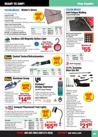 PHONE: 800-USE-ENCO (800-873-3626) INTERNET: use-enco.comPHONE: 800-USE-ENCO (800-873-3626) INTERNET: use-enco.com
Shop Supplies
67
READY TO SHIP!
Ideal for wet environments,
or when heavy debris
is a concern.
• Large drainage holes facilitate
drainage and resist clogging
• Natural/SBR rubber
• Safety beveled on all four
• 1⁄2" thickness
• Slip resistant
Anti-Fatigue Matting
Large Drainage Holes
Low
Size Model # Price
3 x 5' RB328-5967 $55.00
3 x 10 RB328-5966 95.00
Starting At
$
55
Welder’s Gloves
Economy Grade
• Made from split cowhide
• One-piece back with full cotton lining
Premium Grade
• Premium russet grade leather • Reinforced seams • Full sock-type lining
Cotton-Lined Premium Grade
• Made from shoulder split cowhide
• Partially sewn with KEVLAR®
thread
for added strength
• Includes reinforced thumb straps
Price Per Pair
Grade Color Model # Reg. Sale
Economy Gray RB826-9030 $5.26 $3.49
Premium Russet RB505-4144 7.46 4.99
Cotton-Lined Premium Russet RB990-3164 9.00 5.99
o es
F ll k t li i
SAVEOVER
30%
• 14" long • Large size
KEVLAR®
is a registered trademark of
E.I. du Pont de Nemours and Company.
• Maximum working
pressure: 150 psi
Includes:
• Pistol-grip blow gun
with variable ﬂow
control and 1⁄4" NPT
brass inlet thread
• Safety booster tip nozzle
• Standard safety tip nozzle
• Rubber tip nozzle
• High-volume brass tip nozzle
• Needle adapter
• 10" safety extension tip for
deeper reach— OSHA compliant
• 1⁄4" male NPT connector nipple—
Milton type
• 5 needle tips for precise delivery—
.040 x 15⁄16",
.050 x 13⁄16",
.072 x 13⁄4",
.095 x 215⁄32",
.134 x 23⁄4"
• Black plastic case
14 Pc. Economy
Blow Gun Kit
Sale Price
Model# RB327-7344
$
2195
Regular Price $25.36
SAVEOVER
10%
Cordless LED Magnetic Button Light
• Energy-efﬁcient bright white light
• Magnetic back attaches to any ferrous surface
• Built-in hook allows use at any angle
• Multi-purpose light for use around home, garage or workshop
• 24 LED • 3 AAA batteries (not included)
Sale Price
Model # RB328-5494
$
995
Regular Price: $12.93
• Accurately measures coolant concentration
• Optimizes coolant use and tool life
• Includes instructions and case
• Use RB505-2111 for general purpose
applications, RB505-2112 for low
concentrations and synthetics
• RB505-2112 features auto-
temperature compensation
Coolant Testers/Refractometers
Solution Meas. Reg. Sale
Range Grad. Model # Price Price
0 - 32% 0.2% RB505-2111 $125.84 $69.95
0 - 10 0.1 RB505-2112 129.90 79.95
SAVEUP TO
44%
Aluminum Scoop
• One piece cast
aluminum construction
• Nontarnishing,
stain-resistant
• Capacity 84 oz.
• Bowl width 61⁄4";
bowl length 12"
Sale Price
Model # RB240-6043
$
1499
Regular Price: $25.35
SAVE
40%
• Cleans and degreases on contact
• Safe on all metals and most plastics
• 20 oz. aerosol; 15 oz. net ﬁll
PreSolve®
Orange Degreaser
No CFC’s Ozone Friendly
Sale Price 12+ $12.49
1-11 $13.97
Model # RB825-8415
Compact Fluorescent Task Lights
• 23 watt Energy Star rated compact ﬂuorescent lamp
(included) • Mounting hardware for coupler base included
• Double-wall shade design stays cool to the touch
• 6' cord with grounded plug • Color: Black
Reg. Sale
Description Reach Model # Price Price
Adjustable Clamp-On BaseTask Light 24" RB328-5478 $77.12 $65.95
Coupler BaseTask Light 24 RB328-5476 71.03 59.95
Direct MountTask Light 24 RB328-5479 66.97 55.95
Magnetic BaseTask Light 24 RB328-5477 77.12 65.95
23W Compact Fluorescent Lamp (Pkg.2) RB328-5475 18.59 15.95
As Low As
$
5595
g
Sale
SAVEUP TO
16%
66-67 EH 13-07 SS.indd 6766-67 EH 13-07 SS.indd 67 6/19/13 12:07 PM6/19/13 12:07 PM
 