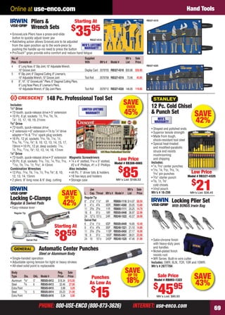 PHONE: 800-USE-ENCO (800-873-3626) INTERNET: use-enco.comPHONE: 800-USE-ENCO (800-873-3626) INTERNET: use-enco.com 69
Online at use-enco.com Hand Tools
Pliers &
Wrench Sets
• GrooveLock Pliers have a press-and-slide
button to quickly adjust lower jaw
• Ratcheting action allows GrooveLock to be adjusted
from the open position up to the work-piece by
pushing the handle up–no need to press the button
• ProTouch™
grips provide extra comfort and reduce hand fatigue
RB327-4318
RB327-4319
RB327-4320
No.of Supplied Mfr’s Sale
Pcs. Consists of: With Mfr’s # Model # List Price
4 6" Long Nose, 6" Slip Joint, 10" AdjustableWrench,
10" Groove Joint Display Card 2078705 RB327-4318 $50.86 $35.95
5 6" Slip Joint, 6" Diagonal Cutting, 8" Lineman’s,
10" AdjustableWrench, 10" Groove Joint Tool Roll 2078708 RB327-4319 73.96 45.95
8 8", 10", 12" GrooveLock™
Pliers, 6" Diagonal Cutting Pliers,
8" Long Nose Pliers, 8" Lineman’s Pliers,
10" AdjustableWrench, 6" Slip Joint Pliers Tool Roll 2078712 RB327-4320 146.85 119.95
Starting At
$
3595
MFR'S LIFETIME
WARRANTY
Low Price
Model # RB327-4325
$
21Mfr’s List: $36.45
SAVE
42%MFR'S
WARRANTY
• Shaped and polished ends
• Superior tensile strength
• Made from tough,
shock-resistant tool steel
• Special heat-treated
and modiﬁed-parabolic
struck end resists
mushrooming
and chipping
Includes:
• 1⁄4, 5⁄16" center punches
• 1⁄16, 1⁄8, 5⁄32, 3⁄16, 1⁄4,
5⁄16" pin punches
• 3⁄32" starter punch
• 3⁄8, 1⁄2, 5⁄8"
cold chisels
• Vinyl pouch
Mfr’s # 16-299
LLLoLoww PPPrPriiicicee
12 Pc. Cold Chisel
& Punch Set
Automatic Center Punches
Steel or Aluminum Body
• Single-handed operation
• Adjustable spring tension for light or heavy strokes
• All-steel solid point is replaceable
Body Reg. Sale
Type Dia. OAL Model # Price Price
Aluminum 5⁄8" 5" RB505-0412 $18.34 $15.00
Steel 5⁄8 6 RB505-0413 32.46 27.00
Extra Point RB505-0415 3.98 3.29
Steel 1⁄2 5 RB505-0414 25.23 21.00
Extra Point RB505-0416 3.34 3.00
Punches
As Low As
$
15
SAVEUP TO
18%
SAVEUP TO
42%
Regular Tip
Swivel Pad
Locking C-Clamps
Regular & Swivel Pads
• Easy-release lever
Jaw Mfr’s Sale
L Cap. Throat Mfr’s # Model # List Price
RegularTip
6" 21⁄8" 11⁄2" 6R RB800-1116 $14.97 $8.59
9 41⁄2 43⁄4 9DR RB891-4300 20.05 13.89
11 33⁄8 25⁄8 11R RB800-1111 25.25 14.79
18 8 91⁄2 18R RB505-0448 36.97 22.99
24 121⁄2 151⁄2 24R RB240-1522 45.57 28.99
Swivel Pad
6 21⁄8 11⁄2 6SP RB505-0449 16.85 10.49
9 41⁄2 43⁄4 9SP RB240-1521 21.10 14.89
11 33⁄8 25⁄8 11SP RB505-0450 27.17 16.99
18 8 91⁄2 18SP RB505-0451 38.01 23.99
24 10 151⁄2 24SP RB240-1520 47.46 31.99
Starting At
$
859
SAVE
43%
• Satin-chrome ﬁnish
with heavy-duty jaws
and handles
• Nickel-plated ﬁnish
resists rust
• WR Series: Built-in wire cutter
Includes: 5WR, 6LN, 7CR, 10R and 10WR.
Mfr’s # 2077704
Locking Plier Set
With BONUS Irwin Bag
Sale Price
Model # RB893-1322
$
4595
Mfr’s List: $80.93
Includes:
1⁄2" Drive
• 72-tooth, quick-release drive • 5" extension
• 10 Pc. 6 pt. sockets: 1⁄2, 9⁄16, 5⁄8, 3⁄4,
7⁄8"; 15, 17, 18, 19, 21mm
3⁄8" Drive
• 72-tooth, quick-release drive
• 3" extension • 6" extension • 3⁄8 to 1⁄4" drive
adapter • 5⁄8 & 13⁄16" spark plug sockets
• 16 Pc. 12 pt. sockets: 5⁄16, 3⁄8, 7⁄16, 1⁄2,
9⁄16, 5⁄8, 11⁄16, 3⁄4"; 9, 10, 12, 13, 14, 15, 17,
19mm • 10 Pc. 12 pt. deep sockets: 7⁄16,
1⁄2, 9⁄16, 11⁄16, 3⁄4"; 12, 13, 14, 16, 17mm
1⁄4" Drive
• 72-tooth, quick-release drive • 3" extension
• 20 Pc. 6 pt. sockets: 3⁄16, 7⁄32, 1⁄4, 9⁄32, 5⁄16,
11⁄32, 3⁄8, 7⁄16, 1⁄2, 9⁄16", 4-13mm
Combination Wrenches
• 12 Pcs.: 5⁄16, 3⁄8, 7⁄16, 1⁄2, 9⁄16, 5⁄8"; 8, 10,
12, 13, 14, 15mm
• 2 pliers: 8" long nose & 6" diag. cutting
148 Pc. Professional Tool Set
Magnetic Screwdrivers
• 1⁄4 x 4" slotted, 3⁄16 x 3" slotted,
#2 x 4" Phillips, #1 x 3" Phillips
Also includes:
• 44 Pc. 1" driver bits & holders
• 18 hex keys and holders
• Storage case
Low Price
Model # RB308-0065
$
85Mfr’s List: $168.53
LIMITED LIFETIME
WARRANTY
SAVEOVER
45%
68-69 EH 13-07 HT.indd 6968-69 EH 13-07 HT.indd 69 6/19/13 12:08 PM6/19/13 12:08 PM
 