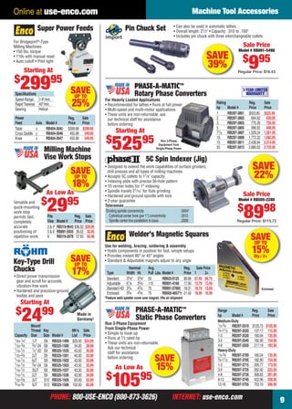 PHONE: 800-USE-ENCO (800-873-3626) INTERNET: use-enco.comPHONE: 800-USE-ENCO (800-873-3626) INTERNET: use-enco.com
Machine Tool Accessories
9
Online at use-enco.com
SAVEUP TO
17%• Direct power transmission
gear and scroll for accurate,
vibration-free work
• Hardened and precision-ground
bodies and jaws
Key-Type Drill
Chucks
Mount/
Thread Key Mfr’s Sale
Capacity Size Size Model # List Price
1⁄64-1⁄4" 1JT S8 RB325-1499 $29.50 $24.99
1⁄32-3⁄8 3⁄8"-24 S8 RB325-1500 34.00 28.99
1⁄16-1⁄2 1⁄2"-20 S9 RB325-1535 43.50 35.99
1⁄32-3⁄8 2JT S9 RB325-1501 40.00 33.99
1⁄16-1⁄2 6JT S9 RB325-1502 43.50 35.99
1⁄16-1⁄2 3⁄8"-24 S9 RB325-1503 43.50 35.99
1⁄16-1⁄2 33JT S9 RB325-1537 43.50 35.99
1⁄16-1⁄2 2JT S9 RB325-1536 42.00 34.99
1⁄32-5⁄8 3JT S10 RB325-1505 63.00 52.99
3⁄16-3⁄4 3JT S13 RB325-1506 102.00 85.99
Made in
Germany!
Starting At
$
2499
SAVEUP TO
25%
Power Reg. Sale
Feed Axis Model # Price Price
Table x RB404-3045 $399.98 $299.95
Cross Saddle y RB404-3046 455.98 349.95
Knee z RB404-3047 455.98 349.95
Speciﬁcations
Speed Range: 1-9"/min.
RapidTraverse: 40"/min.
Gearing: Helical
Super Power Feeds
For Bridgeport®
-Type
Milling Machines
• 150 lbs. torque
• 110v with manual reset
• Auto cutoff • Pilot light
Starting At
$
29995
SAVE
15%
Range Reg. Sale
hp Model # Price Price
Medium-Duty
1⁄3-3⁄4 RB297-3510 $125.75 $105.95
3⁄4-11⁄2 RB297-3520 137.17 115.95
1-3 RB297-3530 160.04 135.95
3-5 RB297-3540 182.90 154.95
4-8 RB297-3550 217.19 183.95
Heavy-Duty
1⁄3-3⁄4 RB297-3700 160.04 135.95
3⁄4-11⁄2 RB297-3705 182.90 154.95
1-3 RB297-3715 205.77 173.95
3-5 RB297-3725 262.92 222.95
4-8 RB297-3735 308.65 261.95
8-12 RB297-3745 422.96 358.95
12-18 RB297-3755 703.10 596.95
Static Phase Converters
Run 3-Phase Equipment
From Single-Phase Power
• Simple to hook up
• Runs at 2⁄3 rated hp
• These units are non-returnable.
Ask our technical
staff for assistance
before ordering
PHASE-A-MATIC™
As Low As
$
10595
Rating Reg. Sale
hp Model # Price Price
1 RB297-3801 $553.85 $525.95
2 RB297-3802 664.62 630.95
3 RB297-3803 775.39 735.95
5 RB297-3805 996.93 946.95
71⁄2 RB297-3807 1,329.24 1,261.95
10 RB297-3809 1,772.32 1,682.95
15 RB297-3811 2,436.94 2,314.95
20 RB297-3813 2,880.02 2,735.95
For Heavily Loaded Applications
• Recommended for lathes • Runs at full power
• Multi-speed and multi-motor applications
• These units are non-returnable; ask
our technical staff for assistance
before ordering
Run 3-Phase
Equipment from
Single-Phase Power
PHASE-A-MATIC™
Rotary Phase Converters
1-YEAR LIMITED
WARRANTY
Starting At
$
52595
SAVE
22%
5C Spin Indexer (Jig)
• Designed to extend the work capabilities of surface grinders,
drill presses and all types of milling machines
• Accepts 5C collets to 11⁄8" capacity
• Indexing plate with precise 36-hole pattern
• 10 vernier holes for 1° indexing
• Spindle travels 21⁄16" for ﬂute grinding
• Hardened and ground spindle with lock
• 2-year guarantee
Sale Price
Model # RB505-2280
$
8998
Regular Price: $115.72
Dividing spindle concentricity .0004"
Cylindrical center bore (per 1") concentricity .0012
Spindle center line parallelism to base .0008
Tolerances
SAVEUP TO
15%Qty.: 2+
Enclosed
Nominal Avg. Reg. Sale Price
Type Width Ht. Pull Lbs. Model # Price 1 2+
Standard 33⁄8" 33⁄8" 55 RB625-0125 $8.96 $7.95 $6.75
Adjustable 61⁄8 33⁄8 110 RB891-4168 17.90 15.79 13.49
Standard HD 33⁄4 43⁄8 75 RB891-5768† 18.31 16.19 13.69
Enclosed 33⁄4 43⁄8 75 RB505-4657*† 21.50 18.99 16.09
Welder’s Magnetic Squares
Use for welding, brazing, soldering & assembly
• Holds components in position for fast, simple setups
• Provides instant 90° or 45° angles
• Standard & Adjustable magnets adjust to any angle
*Feature weld splatter cover over magnet.†No air shipment
• Can also be used in automatic lathes
• Overall length: 21⁄2" • Capacity: .010 to .100"
• Includes pin chuck with three interchangeable collets
Pin Chuck Set
Sale Price
Model # RB891-5498
$
995
Regular Price: $16.43
SAVE
39%
Milling Machine
Vise Work Stops
Versatile and
quick-mounting
work stop
permits fast,
completely
accurate
positioning of
repetitive work.
Fits Reg. Sale
Vise Model # Price Price
3 & 4" RB319-9643 $36.52 $29.95
5 & 6 RB891-5935 36.52 32.95
8 RB319-2878 57.83 56.98
As Low As
$
2995
p
w Asss
SAVEUP TO
18%
08-09 EH 13-07 MTA.indd 908-09 EH 13-07 MTA.indd 9 6/19/13 10:30 AM6/19/13 10:30 AM
 