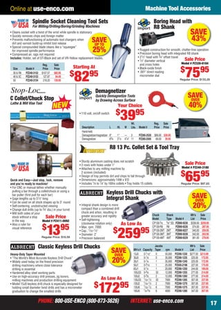 PHONE: 800-USE-ENCO (800-873-3626) INTERNET: use-enco.comPHONE: 800-USE-ENCO (800-873-3626) INTERNET: use-enco.com
Machine Tool Accessories
17
Online at use-enco.com
SAVEOVER
20%
Keyless Drill Chucks with
Integral Shank
• Integral shank design is more
compact than a combined drill
chuck and arbor, resulting in
greater accuracy and rigidity
• Self-tightening
(clockwise rotation only)
• Max. rpm: 7000
• Cap.: 1⁄32-1⁄2"
• Diameter: 2"
• Precision balanced
Chuck Shank Mfr’s Sale
Model Type Model # List Price
CP130-5⁄8 5⁄8" SS PZ890-9230 $339.00 $259.95
CP130-R8 R8 PZ890-9226 374.00 287.95
CP130-2MT 2MT PZ890-9227 340.00 259.95
CP130-3MT 3MT PZ890-9228 342.00 263.95
CP130-4MT 4MT PZ890-9229 361.00 278.95
As Low As
$
25995
Wt. Reg. Sale
Description L Ht. W Lbs. Model # Price Price
Hand-held
Demagnetizer/magnetizer 9" 1" — 3 PZ285-2520 $69.00 $39.95
Demagnetizer 63⁄4 31⁄2 41⁄4" 11 PZ285-2505 69.00 39.95
Demagnetizer
Quickly Demagnetize Tools
by Drawing Across Surface
• 110 volt, on/off switch
Your Choice
$
3995
SAVEOVER
40%
Reg. Sale
Size Model # Price Price
30 & R8 PZ240-3152 $107.57 $82.95
40 & 5C PZ240-3153 127.87 94.49
50 PZ240-3154 218.20 159.95
Spindle Socket Cleaning Tool Sets
For Milling/Drilling/Boring/Grinding Machines
• Cleans socket with a twist of the wrist while spindle is stationary
• Quickly removes chips and foreign matter
• Prevents malfunctioning of automatic tool changers when
dirt and varnish build-up inhibit tool release
• Special compounded blade cleans like a “squeegee”
for improved spindle performance
• Compressed air, rags not required
Includes: Holder, set of ST-Black and set of VR-Yellow replacement blades.
Starting At
$
8295
nary
ment blades
SAVEUP TO
25%
SAVEOVER
20%
Classic Keyless Drill Chucks
Heavy-Duty Taper Mounted
• “The World’s Most Accurate Keyless Drill Chuck”
• Widely used today on the ﬁnest precision
drilling machinery where close tolerance
drilling is essential
• Hardened alloy steel working parts
• Use on high-accuracy drill presses, jig borers,
milling machines and production drilling equipment
• Model 15J0 keyless drill chuck is especially designed for
holding small diameter twist drills and has a micrometer
graduation to change the smallest drills
Jacobs Mfr’s Sale
Mfr’s # Capacity Taper rpm Model # List Price
15J0 0-1⁄16" 0 50,000 PZ290-1230 $277.00 $213.99
30J0 0-1⁄8 0 35,000 PZ290-1235 225.00 172.95
30J1 0-1⁄8 1 35,000 PZ290-1240 225.00 172.95
50J1 0-3⁄16 1 25,000 PZ505-2198 227.00 175.00
65J1 0-1⁄4 1 20,000 PZ290-1250 244.00 189.00
100J33 0-3⁄8 33 12,000 PZ290-1255 277.00 214.00
100J2 0-3⁄8 2 12,000 PZ290-1260 277.00 214.00
130J33 1⁄32-1⁄2 33 7000 PZ290-1265 307.00 237.95
130J2 1⁄32-1⁄2 2 7000 PZ290-1270 307.00 237.95
130J6 1⁄32-1⁄2 6 7000 PZ290-1275 307.00 237.95
160J6 1⁄8-5⁄8 6 4000 PZ290-1280 347.00 267.95
As Low As
$
17295
R8 13 Pc. Collet Set & Tool Tray
• Sturdy aluminum casting does not scratch
• 2 rows with holes under 1"
• Attaches to any milling machine by
2 screws (included)
• Design of tray permits dirt and chips to fall through
• Dimensions: approximately 14W x 9"D
• Includes 1⁄8 to 7⁄8" by 16ths collets • Tray holds 15 collets
Sale Price
Model # PZ240-3180
$
6595
Regular Price: $97.83
Sale Price
Model # PZ411-0092
$
1395
Regular Price: $16.59
Quick and Easy—Just stop, lock, remove
and you’re ready to machine!
• For CNC or manual lathes whether manually
pulling a bar through a collet/chuck or using a
bar puller (ﬁrst pull for each bar)
• Gage lengths up to 51⁄2" long
• Can be used on all stock shapes up to 3" round
• Self-centering, unobstructed viewing
• Change dull drills (up to 3⁄4" dia.) in your turret
• Mill both sides of your
stock without a stop
in the way
• Also a ruler for
visual reference
C Collet/Chuck Stop
Lathe & Mill Vise Tool
SAVE
43%
Boring Head with
R8 Shank
• Rugged construction for smooth, chatter-free operation
• Precision boring head with integrated R8 shank
• 21⁄2" head with 3⁄4" offset travel
• 1⁄2" diameter vertical
and cross holes
• Black-oxide ﬁnish
• .001" direct reading
micrometer dial
Sale Price
Model # PZ328-0184
$
7595
Regular Price: $133.28
16-17 EH 13-06 MTA.indd 1716-17 EH 13-06 MTA.indd 17 5/16/13 2:04 PM5/16/13 2:04 PM
 