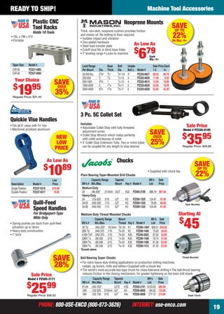 PHONE: 800-USE-ENCO (800-873-3626) INTERNET: use-enco.comPHONE: 800-USE-ENCO (800-873-3626) INTERNET: use-enco.com
Machine Tool Accessories
19
READY TO SHIP!
SAVEUP TO
22%On Qty.: 4+
Neoprene Mounts
Thick, non-skid, neoprene cushion provides friction
and resists oil. No bolting to ﬂoor required.
• Isolates impact and vibration
• Zinc-plated hardware
• Steel load transfer plate
• Cutoff stud ﬁts in blind base holes
• 1" leveling range • Locks to machine
Load Range Base Bolt Usable Sale Price Each
Per Mount Dia. Thick. Dia. Bolt L Model # 1-3 4+
50-250 lbs. 23⁄8" 3⁄4" 3⁄8"-16 3" PZ325-6627 $8.53 $6.79
250-500 3 7⁄8 1⁄2-13 4 PZ325-6629 11.95 9.29
500-1000 33⁄8 1 1⁄2-13 4 PZ325-6615 13.95 10.99
1000-2000 5 11⁄4 5⁄8-11 5 PZ325-6626 22.95 18.49
2000-4000 63⁄4 13⁄8 5⁄8-11 6 PZ325-6628 52.95 42.29
As Low As
$
679Each
Qty.: 4+
SAVEUP TO
22%• Supplied with chuck key
Chucks
Taper Mounted
Thread Mounted
*Smooth sleeve
Medium-Duty Thread Mounted Chucks
Capacity Range Mount Mfr’s Sale
Mfr’s # Min./Max. Thread Key # Model # List Price
1B 3⁄8 .040/.250" 1/6.5mm 3⁄8"-24 K1 PZ290-1404* $56.51 $45.00
2BA 3⁄8 .040/.375 1/10 3⁄8-24 K2 PZ290-1400 75.83 59.00
41BA 3⁄8F .040/.375 1/10 3⁄8-24 K30 PZ240-2825 67.02 52.00
33BA 1⁄2 .08/.500 2/13 1⁄2-20 K32 PZ290-1408 78.15 61.00
33BA 3⁄8 .08/.500 2/13 3⁄8-24 K32 PZ290-1406 81.56 63.00
33BA 5⁄8 .08/.500 2/13 5⁄8-16 K32 PZ290-1412 81.45 63.00
• For extra heavy-duty drilling applications on production drilling machines,
radials, jig borers, mills and lathes • Supplied with a chuck key
• The world’s most accurate key-type chuck for close-tolerance drilling • The ball-thrust bearing
reduces friction in the closing mechanism, for greater tightening on the twist drill shank
Ball-Bearing Super Chucks
Capacity Range Tapered Mfr’s Sale
Mfr’s # Min./Max. Mount Key # Model # List Price
81⁄2N .040/.250" 2JTS K30 PZ505-2191 $103.03 $80.00
16N .125/.625 3/16mm 3JT K4 PZ505-8005 184.26 143.00
18N .125/.750 3/19 4JT K4v PZ505-8006 277.12 216.00 Super Chuck
Starting At
$
45
Capacity Range Tapered Mfr’s Sale
Mfr’s # Min./Max. Mount Key # Model # List Price
Medium-Duty
33 .08/.500" 2/13mm 33JT K32 PZ505-2189 $86.18 $67.00
Heavy-Duty
3A .125/.625 3/16 3JT K3 PZ290-1320 124.81 97.00
34-02 .040/.500 1/13 2JT K3 PZ290-1329 78.00 60.00
34-06 .040/.500 1/13 6JT K3 PZ290-1330 104.09 81.00
Plain Bearing Taper-Mounted Drill Chucks
SAVEOVER
25%
3 Pc. 5C Collet Set
Includes:
• Adjustable Collet Stop with fully threaded
adjustment screw
• Collet Stop Wrench which mates perfectly
with collet and keyway of collet
• 3" Collet Stop Extension Tube. Two or more tubes
can be coupled for any length to stop desired
Sale Price
Model # PZ328-0185
$
3595
Regular Price: $49.89
Quill-Feed
Speed Handles
For Bridgeport-Type
Mills Only
• Spring pushes pin back from quill-feed
actuation up or down
• Heavy-duty construction
• 1" bore
SAVE
28%
Sale Price
Model # PZ505-2171
$
2599
Regular Price: $36.52
Low
Description Model # Price
Single Position PZ337-9316 $10.89
Double Position PZ337-9317 19.95
Quickie Vise Handles
• Fits all 6" vises with 3⁄4" hex
• Machined anodized aluminum
As Low As
$
1089
m
NEW
LOW
PRICE
Plastic CNC
Tool Racks
Holds 10 Tools
• 16L x 7W x 5"H
• Portable
Taper Size Model #
CAT-30 PZ327-4083
CAT-40 PZ327-4084
Your Choice
$
1995
Regular Price: $31.44
SAVEOVER
35%
18-19 EH 13-06 MTA.indd 1918-19 EH 13-06 MTA.indd 19 5/16/13 2:06 PM5/16/13 2:06 PM
 