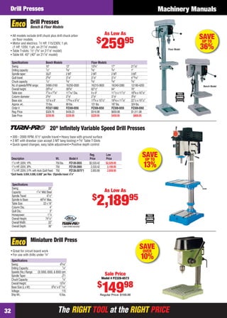 The RIGHT TOOL at the RIGHT PRICEThe RIGHT TOOL at the RIGHT PRICE32
Machinery ManualsDrill Presses
Speciﬁcations
Swing: 20"
Capacity: 11⁄4" Mild Steel
SpindleTravel: 61⁄2"
Spindle to Base: 483⁄8" Max.
Table Size: 22 x 19"
Column Dia.: 4"
Quill Dia.: 3"
Horsepower: 11⁄2
Overall Height: 741⁄2"
OverallWidth: 22"
Overall Depth: 36"
• 300 - 2000 RPM, 61⁄2" spindle travel • Heavy base with ground surface
• 3 MT with drawbar (can accept 3 MT tang tooling) • 5⁄8" Table T-Slots
• Quick speed changes, easy table adjustment • Positive depth control
20" Inﬁnitely Variable Speed Drill Presses
*Quill feeds:0.004,0.006,0.008" per Rev. †Spindle travel:41⁄4"
Reg. Low
Description Wt. Model # Price Price
11⁄2 HP, 220V, 1Ph. 750 lbs. PZ126-2655 $2,533.42 $2,529.95
11⁄2 HP, 220V, 3Ph. 750 PZ126-2665 2,533.42 2,189.95
11⁄2 HP, 220V, 3 Ph.with Auto Quill Feed 750 PZ126-2675*† 2,955.66 2,659.95
As Low As
$
2,18995
SAVEUP TO
13%
1 year limited warranty!
Speciﬁcations
Swing: 45⁄16"
Drilling Capacity: 1⁄4"
Speeds (No.) Range: (3) 5000, 6500, & 8500 rpm
SpindleTaper: JT1
Chuck Capacity: 1⁄4"
Overall Height: 153⁄4"
Base Size (L xW): 93⁄8" x 611⁄16"
Voltage: 115
ShipWt.: 10 lbs.
• Great for circuit board work
• For use with drills under 1⁄4"
Miniature Drill Press
Sale Price
Model # PZ328-6573
$
14998
Regular Price: $169.98
SAVEOVER
10%
Drill Presses
Bench & Floor Models
• All models include drill chuck plus drill chuck arbor
on ﬂoor models
• Motor and electrics: 1⁄2 HP, 115/230V, 1 ph.
(1 HP, 120V, 1 ph. on 211⁄8" model)
• Table T-slots: 1⁄2" (3⁄4" on 211⁄8" model)
• Table tilt: 45° (40° on 211⁄8" model)
Bench Model
Floor Model
Speciﬁcations Bench Models Floor Models
Swing: 10" 13" 133⁄4" 17" 211⁄8"
Drilling capacity: 1⁄2" 5⁄8" 5⁄8" 3⁄4" 1"
Spindle taper: 33JT 2 MT 2 MT 2 MT 3 MT
Quill travel: 23⁄8" 31⁄8" 31⁄8" 31⁄4" 413⁄16"
Chuck capacity: 1⁄2" 5⁄8" 5⁄8" 5⁄8" 5⁄8”
No.of speeds/RPM range: 5/680-3160 16/250-3000 16/210-3600 16/240-3380 12/180-4200
Overall height: 295⁄16" 393⁄8" 621⁄2" 64" 70"
Table size: 77⁄8 x 77⁄8" 117⁄16" Dia. 9 x 9" 111⁄2 x 111⁄2" 185⁄8 x 161⁄8"
Column diameter: 23⁄8" 27⁄8" 27⁄8" 31⁄8" 35⁄8"
Base size: 131⁄8 x 8" 175⁄16 x 97⁄8" 173⁄4 x 101⁄2" 195⁄8 x 117⁄8" 221⁄2 x 191⁄2"
Approx.wt.: 73 lbs. 89 lbs. 121 lbs. 187 lbs. 324 lbs.
Order # PZ327-5882 PZ308-0056 PZ308-0058 PZ308-0059 PZ308-0060
Reg.Price $329.76 $439.23 $516.98 $659.98 $1,011.98
Sale Price $259.95 $339.95 $329.95 $459.95 $869.95
As Low As
$
25995 SAVEUP TO
36%
32-33 EH 13-06 DP_Books.indd 3232-33 EH 13-06 DP_Books.indd 32 5/16/13 2:18 PM5/16/13 2:18 PM
 