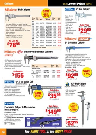 The RIGHT TOOL at the RIGHT PRICEThe RIGHT TOOL at the RIGHT PRICE34
The Lowest Prices in theCalipers
Electronic Caliper & Micrometer
Measuring Set
6" Electronic Caliper
• .0005"/.01mm resolution with patented ceramic chip
• Auto shut-off
0-1"/25mm Electronic Micrometer
• .00005"/.001mm resolution
• Direct inch/metric conversion
• Auto shut-off
Mfr’s # 54-004-850
Sale Price
Model # PZ404-3021
$
14995
Regular Price: $197.61
• IP67 protection from coolants,
dirt, and chips found in many
manufacturing environments
• Certiﬁcate of inspection included
• .0005"/.01mm resolution with ±.001" accuracy
• Auto power on/off
Waterproof Digimatic Calipers
Meas. Mfr’s Low
Range Mfr’s # Model # List Price
Without Output
0-6" 500-752-10 PZ328-0873 $198.00 $155.00
0-12 500-754-10 PZ327-9548 458.00 331.00
With Output
0-6 500-762-10 PZ326-1304 235.00 204.00
0-12 500-764-10 PZ327-9549 509.00 408.00
As Low As
$
155
• .100" revolution dial
• .001" graduation
• Made of hardened
stainless steel
12" Dial Caliper
With Bonus 6" Caliper
Sale Price
Model # PZ404-0152
$
5295
Regular Price: $79.40
BUY A
12" CALIPER
AND GET A
BONUS
6" CALIPER
($34.00 VALUE)
SAVE
28%
6" X-tra Value Cal
Electronic Caliper
• Absolute/incremental measurements
• Stainless steel frame
• Large, easy-to-read display
• Resolution: .0005"/.01mm
• Direct inch/metric conversion
• 4-way measuring
• Includes #357 coin battery and case
Sale Price
Model # PZ317-0430
$
3595
Mfr’s List $50.40
Sale Price
Model # PZ337-1114
$
9295
Mfr’s List: $113.00
SAVE
17%
6" Electronic Caliper
• Hardened stainless steel throughout for
longer life and corrosion resistance
• Large switchable inch/metric .001"/.1mm LCD
• Floating zero allows quick comparison readings
• OD, ID and depth rod measurements
• Two-year average battery life
• ±.005" (±.02mm) accuracy
• Without SPC output; with depth bar
Mfr’s # 700-113-10
6" Dial Caliper
• Satin-chrome
ﬁnish
• Stainless steel
construction
• 4-way measurement
• Thumb roll for
rapid setting
• .100" per rev.
• .001" grad.
• 360° rotating bezel
• .001" accuracy
• Includes case
Sale Price
Model # PZ890-9373
$
2995
Mfr’s List: $84.55
As Low As
$
7895
*Sliding surface is not TiN coated
Range/ Dial Mfr’s Sale
Rev. Color Mfr’s # Model # List Price
0-4"
.200 White 505-716 PZ307-3608 $92.90 $78.95
0-6"
.200 White 505-717 PZ307-3609 108.00 89.95
.100 White 505-675 PZ307-3602 118.00 95.95
.100 Blue 505-675-51 PZ307-3603 118.00 95.95
.100 Purple 505-675-52 PZ307-3681 118.00 95.95
.100 Green 505-675-53 PZ307-3682 118.00 95.95
.100 Red 505-675-54 PZ307-3683 118.00 95.95
.100 Orange 505-675-55 PZ307-3686 118.00 95.95
.100 Black 505-675-56 PZ307-3688 118.00 95.95
0-8"
.200 White 505-719 PZ307-3610 161.00 134.95
.100 White 505-676 PZ307-3605 173.00 145.95
0-12"
.100 White 505-677 PZ307-3607* 266.00 185.95
Dial Calipers
• Extra-large dial face for ease of reading
• Inside, outside, depth and step measurements
• Hardened stainless throughout
• Extra-rigid main beam (.132" thick)
• Sliding surfaces of main beam are TiN coated
to decrease wear
• .001" graduation
• Jaw length: 19⁄16" (21⁄2" for 12")
• Supplied in ﬁtted carrying case
SAVEUP TO
30%
34-35 EH 13-06 CIM.indd 3434-35 EH 13-06 CIM.indd 34 5/16/13 2:20 PM5/16/13 2:20 PM
 