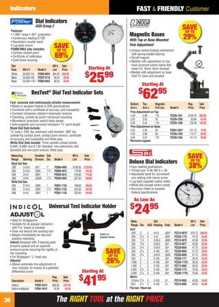 The RIGHT TOOL at the RIGHT PRICEThe RIGHT TOOL at the RIGHT PRICE36
FAST & FRIENDLY CustomerIndicators
BesTest®
Dial Test Indicator Sets
Fast, accurate and continuously reliable measurement.
• Meets or exceeds Federal or DIN speciﬁcations
• Furnished with a certiﬁcate of accuracy and traceability
• Constant clockwise rotation • Automatic reversal
• Swiveling, carbide tip point • Universal mounting
• Monoblock (precision watch) body design
• Anti-magnetic and corrosion resistant • 1⁄2" point length
Black Dial Sets Include:
1⁄2" long x .250" dia. extension with dovetail, .080" dia.
carbide-tip contact point, contact point wrench, certiﬁcate
of accuracy and traceability and ﬁtted case.
White Dial Sets Include: Three carbide contact points:
0.040", 0.080" and 0.120" diameter; two extensions with
dovetails and one point wrench, ﬁtted case.
Measuring Smallest Dial Mfr’s Sale
Range Marking Division Dia. Model # List Price
Black Dial Sets
.030" 0-15-0 .001" 1" PZ606-4900 $159.00 $129.95
.030 0-15-0 .0005 11⁄2 PZ606-4910 179.00 135.95
.008 0-4-0 .0001 1 PZ606-4915 216.00 175.95
.008 0-4-0 .00005 11⁄2 PZ606-4920 227.00 189.95
White Dial Sets
.030 0-15-0 .0005 1 PZ601-1126 198.00 168.95
.030 0-15-0 .0005 11⁄2 PZ601-1128 224.00 195.95
.008 0-4-0 .0001 1 PZ601-1130 225.00 195.95
Dial Mfr’s Sale
Face Mfr’s # Model # List Price
White 52-520-110 PZ890-9824 $84.55 $25.99
Black 52-520-109 PZ307-0718 69.40 25.99
Black 52-520-110-1 PZ890-9952 82.50 42.99
Features:
• 1.000" range • .001" graduation
• Continuous reading 0-100
• Revolution counter hand
• Lug back mount
PZ890-9952 also includes:
• Carbide contact point
• Certiﬁcate of calibration
• Solid brass housing
Dial Indicators
AGD Group 2
Starting At
$
2599
SAVEUP TO
69%
SAVEUP TO
38%
Deluxe Dial Indicators
• Easy reading graduations
• Thread size: 4-48; M2.5 x .45
• Adjustable bezel for convenient
zero setting with clamp screw
• Lug back supplied unless noted
• White dial (except where noted)
• Accuracy meets or exceeds
Federal speciﬁcations
*Flat back †Black dial
Meas. Dial Mfr’s Sale
Range Dia. AGD Reading Grad. Model # List Price
Inch
.050" 2" 2 0-5-0 .0001" PZ319-3676* $74.72 $56.95
.050 21⁄4 2 0-10 .0001 PZ326-1170 74.72 52.95
.250 11⁄2 1 0-25-0 .0005 PZ319-3679 43.58 32.95
.250 15⁄8 1 0-50-0 .001 PZ319-3677 43.58 32.95
.250 21⁄4 2 0-50-0 .001 PZ328-0954 47.73 35.95
.250 21⁄4 2 0-100 .001 PZ328-0955 47.73 29.95
.250 21⁄4 2 0-25-0 .0005 PZ328-0956 47.73 29.95
.500 2 2 0-100 .001 PZ326-1171 34.24 24.95
1.000 2 2 0-100 .001 PZ326-1172† 36.33 25.95
1.000 2 2 0-100 .001 PZ712-3660 36.33 25.95
2.000 21⁄4 2 0-100 .001 PZ326-1173 70.56 52.95
2.000 21⁄4 2 0-100 .001 PZ326-1174† 70.56 52.95
Metric
10.0mm 21⁄4 2 0-100 .01 PZ319-3682 43.58 34.95
20.0 21⁄4 2 0-100 .01 PZ319-3683 69.52 54.95
As Low As
$
2495
SAVEUP TO
26%
• Ideal for Bridgeports
• Suitable for all popular indicators
with 5⁄32" shank or dovetail
• Does not disturb the working tool
• Adapts immediately for fast and
positive indicating
Indicol designed with 3 bearing pads
properly spaced and an opposite
pressure screw securing the rigidity of
the mounting
• For Bridgeport “J” head size
Adjustol
• Allows extremely ﬁne adjustment of
your indicator by means of a patented
differential screw
Reg. Sale
Description Model # Price Price
Indicol PZ891-5414 $56.92 $41.95
Indicol w/Adjustol PZ891-5415 76.59 65.95
Universal Test Indicator Holder
Indicol w/
Adjustol shown
Starting At
$
4195
SAVEUP TO
29%Magnetic Bases
With Top or Base Mounted
Fine Adjustment
• Unique central locking mechanism
with spring-loaded bearing
• On/off magnet
• Models with adjustment on top
have universal swivel clamp that
holds 3⁄8", 8mm, 6mm dovetail
• Models with adjustment on base
hold 3⁄8" stem and dovetail
Bottom Top Magnetic Reg. Sale
Arm L Arm L Pull Lbs. Model # Price Price
Fine Adjustment onTop
4.33" 3.98" 175 PZ326-1361 $104.76 $82.95
2.20 2.00 70 PZ326-1369 83.80 62.95
5.26 5.24 175 PZ326-1366 132.08 105.95
Fine Adjustment on Base
2.20 2.00 63 PZ891-5391* 101.10 75.95
4.33 3.98 65 PZ326-1359 114.77 89.95
5.26 5.24 175 PZ326-1364 141.19 99.95
*Permanent magnetic
Starting At
$
6295
36-37 EH 13-06 CIM.indd 3636-37 EH 13-06 CIM.indd 36 5/16/13 2:21 PM5/16/13 2:21 PM
 