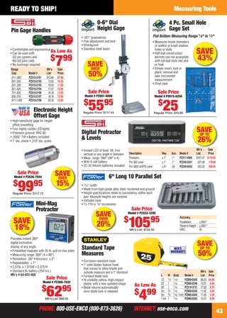 PHONE: 800-USE-ENCO (800-873-3626) INTERNET: use-enco.comPHONE: 800-USE-ENCO (800-873-3626) INTERNET: use-enco.com
Measuring Tools
43
READY TO SHIP!
Mini-Mag
Protractor
Provides instant 360°
digital inclination
display of any angle.
• Embedded magnets with 35 lb. pull on two sides
• Measuring range: 360° (4 x 90°)
• Resolution: .05° • Accuracy: ±.2°
• Repeatability: ±.1°
• 2.375L x 1.375W x 2.375"H
• Standard 9v battery (250 hrs.)
Mfr’s # 54-422-450
Sale Price
Model # PZ368-7032
$
6295
Mfr’s List: $89.55
SAVE
18%
SAVEUP TO
26%
Digital Protractor
& Levels
• Instant LCD of level, tilt, true
vertical or any angle in between
• Meas. range: 360° (90° x 4)
• With 9 volt battery
• (2) 3V lithium batteries included
Mfr’s Sale
Description Res. Acc. Model # List Price
Protractor ±.1° .1° PZ317-0585 $161.47 $118.95
Pro 360 Level ±.1° .1° PZ240-0341 227.08 178.00
Pro 3600 w/SPD Level ±.01 .05 PZ240-0343 353.33 308.95
SAVEOVER
15%
Electronic Height
Offset Gage
• High-sensitivity gage for height
offset presetting
• Four highly visible LED lights
• Precision ground; HRC 60
• .0002" TIR • Battery included
• 1" dia. shank • .310" dia. probe
Sale Price
Model # PZ636-7044
$
9995
Regular Price: $117.72
• 1⁄32" width
• Made from high-grade alloy steel, hardened and ground
• Height speciﬁcations relate to consistency within each
pair. Absolute heights are nominal
• Includes case
• 1⁄2-15⁄8 in 1⁄8" increments
6" Long 10 Parallel Set
Sale Price
Model # PZ422-3295
$
10595
Mfr’s List: $134.50
Accuracy
Parallelism: ±.0001"
Paired in height: ±.0001"
HRC: 50
SAVEOVER
20%
SAVE
43%
4 Pc. Small Hole
Gage Set
Flat Bottom Measuring Range 1⁄8" to 1⁄2"
• Measures inside diameters
or widths of small shallow
holes or slots
• Half-ball construction
permits use not accessible
with full-ball style into slot
or hole
• Simply insert, lock in
place, remove and
take micrometer
measurement
• Vinyl case
Sale Price
Model # PZ615-6250
$
25Regular Price: $43.89
SAVEUP TO
50%
Standard Tape
Measures
Mfr’s Sale
L W Grad. Model # List Price
12' 1⁄2" 1⁄16" PZ890-0345 $8.24 $4.99
25' 1 1⁄16 PZ890-0346 15.07 8.49
30' 1 1⁄16 PZ319-3731 17.82 8.79
5m 3⁄4 1⁄16 PZ890-0343 11.00 5.49
5m 3⁄4 1⁄16, 1mm PZ890-0344 11.00 5.49
7.5m 1 1⁄16 PZ890-0342 15.07 8.99
• Corrosion-resistant hook
• 1" wide blades feature hook
that moves to allow inside and
outside measure and a 7' standout
• Forward blade lock
• Hi-visibility yellow, high-impact
plastic with a new updated shape
• Blade returns automatically
once blade lock is released
As Low As
$
499
MFR'S
WARRANTY
As Low As
$
799
• Comfortable and ergonomical
• Can be used with
GO pin (green) and
NO GO pins (red)
• No bushings required
Pin Gage Handles
Range Mfr’s Sale
Cap. Model # List Price
.011-.060" PZ510-2191 $10.84 $7.99
.061-.250 PZ510-2192 13.55 10.29
.251-.500 PZ510-2193 16.00 11.89
.501-.625 PZ510-2194 17.07 12.95
.751-.832 PZ510-2196 18.16 13.95
.833-.916 PZ510-2197 18.16 13.95
.917-1.000 PZ510-2198 20.32 14.95
0-6" Dial
Height Gage
• .001" graduations
• Fine adjustment and lock
• Shockproof
• Stainless steel beam
Sale Price
Model # PZ891-6098
$
5595
Regular Price: $117.44
SAVEOVER
50%
42-43 EH 13-06 MI.indd 4342-43 EH 13-06 MI.indd 43 5/16/13 2:26 PM5/16/13 2:26 PM
 