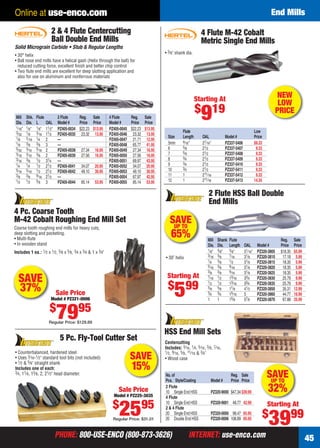 PHONE: 800-USE-ENCO (800-873-3626) INTERNET: use-enco.comPHONE: 800-USE-ENCO (800-873-3626) INTERNET: use-enco.com 45
Online at use-enco.com End Mills
5 Pc. Fly-Tool Cutter Set
• Counterbalanced, hardened steel
• Uses 3⁄16-1⁄2" standard tool bits (not included)
• 1⁄2 & 5⁄8" straight shank
Includes one of each:
3⁄4, 11⁄8, 13⁄8, 2, 21⁄2" head diameter.
Sale Price
Model # PZ225-3035
$
2595
Regular Price: $31.01
SAVE
15%
2 Flute HSS Ball Double
End Mills
• 30˚ helix
Mill Shank Flute Reg. Sale
Dia. Dia. Length OAL Model # Price Price
1⁄8" 3⁄8" 3⁄8" 31⁄16" PZ320-3805 $18.35 $5.99
3⁄16 3⁄8 7⁄16 31⁄8 PZ320-3810 17.18 5.99
1⁄4 3⁄8 1⁄2 31⁄8 PZ320-3815 18.35 5.99
5⁄16 3⁄8 9⁄16 31⁄8 PZ320-3820 18.35 5.99
3⁄8 3⁄8 9⁄16 31⁄8 PZ320-3825 18.35 5.99
7⁄16 1⁄2 13⁄16 33⁄4 PZ320-3830 25.79 9.99
1⁄2 1⁄2 13⁄16 33⁄4 PZ320-3835 25.79 9.99
5⁄8 5⁄8 11⁄8 41⁄2 PZ320-3850 35.31 12.99
3⁄4 3⁄4 15⁄16 5 PZ320-3860 44.77 16.99
1 1 15⁄8 57⁄8 PZ320-3870 67.88 25.99
SAVEUP TO
65%
Starting At
$
599
2 & 4 Flute Centercutting
Ball Double End Mills
Solid Micrograin Carbide • Stub & Regular Lengths
• 30° helix
• Ball nose end mills have a helical gash (Helix through the ball) for
reduced cutting force, excellent ﬁnish and better chip control
• Two ﬂute end mills are excellent for deep slotting application and
also for use on aluminum and nonferrous materials
Mill Shk. Flute 2 Flute Reg. Sale 4 Flute Reg. Sale
Dia. Dia. L OAL Model # Price Price Model # Price Price
1⁄16" 1⁄8" 1⁄8" 11⁄2" PZ405-0034 $22.23 $13.95 PZ405-0045 $22.23 $13.95
3⁄32 1⁄8 3⁄16 11⁄2 PZ405-0035 23.32 13.95 PZ405-0046 23.32 13.95
1⁄8 3⁄16 1⁄4 2 — PZ405-0047 21.71 12.95
1⁄8 3⁄8 3⁄8 3 — PZ405-0048 65.77 41.95
5⁄32 3⁄16 5⁄16 2 PZ405-0038 27.34 16.95 PZ405-0049 27.34 16.95
3⁄16 3⁄16 3⁄8 2 PZ405-0039 27.56 16.95 PZ405-0050 27.56 16.95
3⁄16 3⁄8 1⁄2 31⁄4 — PZ405-0051 69.97 43.95
1⁄4 1⁄4 1⁄2 21⁄2 PZ405-0041 34.07 20.95 PZ405-0052 34.07 20.95
5⁄16 5⁄16 1⁄2 21⁄2 PZ405-0042 49.10 30.95 PZ405-0053 49.10 30.95
3⁄8 3⁄8 9⁄16 21⁄2 — PZ405-0054 67.97 42.95
1⁄2 1⁄2 5⁄8 3 PZ405-0044 85.14 53.95 PZ405-0055 85.14 53.95
4 Flute M-42 Cobalt
Metric Single End Mills
Flute Low
Size Length OAL Model # Price
5mm 9⁄16" 27⁄16" PZ337-5406 $9.33
6 5⁄8 21⁄2 PZ337-5407 9.33
7 5⁄8 21⁄2 PZ337-5408 9.33
8 3⁄4 21⁄2 PZ337-5409 9.33
9 3⁄4 21⁄2 PZ337-5410 9.33
10 3⁄4 21⁄2 PZ337-5411 9.33
11 1 211⁄16 PZ337-5412 9.33
12 1 211⁄16 PZ337-5413 14.35
• 3⁄8" shank dia.
Starting At
$
919
NEW
LOW
PRICE
4 Pc. Coarse Tooth
M-42 Cobalt Roughing End Mill Set
Coarse tooth roughing end mills for heavy cuts,
deep slotting and pocketing.
• Multi-ﬂute
• In wooden stand
Includes 1 ea.: 1⁄2 x 1⁄2, 5⁄8 x 5⁄8, 3⁄4 x 3⁄4 & 1 x 3⁄4"
Sale Price
Model # PZ321-0006
$
7995
Regular Price: $129.89
SAVE
37%
SAVEUP TO
32%
Centercutting
Includes: 3⁄16, 1⁄4, 5⁄16, 3⁄8, 7⁄16,
1⁄2, 9⁄16, 5⁄8, 11⁄16 & 3⁄4"
• Wood case
HSS End Mill Sets
No.of Reg. Sale
Pcs. Style/Coating Model # Price Price
2 Flute
10 Single End HSS PZ320-9000 $47.34 $39.99
4 Flute
10 Single End HSS PZ320-9001 48.77 42.99
2 & 4 Flute
20 Single End HSS PZ320-0000 98.47 65.95
20 Double End HSS PZ320-0006 108.89 85.95
Starting At
$
3999
44-45 EH 13-06 EM.indd 4544-45 EH 13-06 EM.indd 45 5/16/13 2:28 PM5/16/13 2:28 PM
 