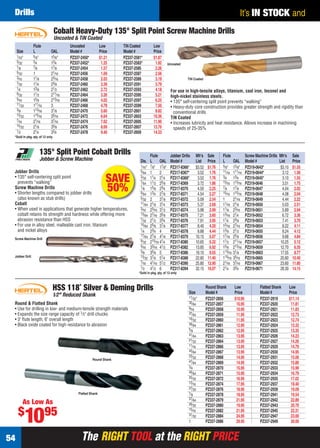 The RIGHT TOOL at the RIGHT PRICEThe RIGHT TOOL at the RIGHT PRICE54
It’s IN STOCK andDrills
HSS 118˚ Silver & Deming Drills
1⁄2" Reduced Shank
Round & Flatted Shank
• Use for drilling in low- and medium-tensile strength materials
• Expands the size range capacity of 1⁄2" drill chucks
• 3" ﬂute length, 6" overall length
• Black oxide coated for high resistance to abrasion
Round Shank
Flatted Shank
As Low As
$
1095
Round Shank Low Flatted Shank Low
Size Model # Price Model # Price
17⁄32" PZ337-2856 $10.95 PZ337-2919 $11.14
35⁄64 PZ337-2857 10.95 PZ337-2920 11.81
9⁄16 PZ337-2858 10.95 PZ337-2921 11.83
37⁄64 PZ337-2859 11.95 PZ337-2922 12.73
19⁄32 PZ337-2860 11.95 PZ337-2923 12.74
39⁄64 PZ337-2861 12.95 PZ337-2924 13.32
5⁄8 PZ337-2862 12.95 PZ337-2925 13.35
41⁄64 PZ337-2863 13.95 PZ337-2926 14.23
21⁄32 PZ337-2864 13.95 PZ337-2927 14.26
11⁄16 PZ337-2866 13.95 PZ337-2929 14.79
45⁄64 PZ337-2867 13.95 PZ337-2930 14.95
23⁄32 PZ337-2868 14.95 PZ337-2931 15.06
47⁄64 PZ337-2869 14.95 PZ337-2932 15.80
3⁄4 PZ337-2870 15.95 PZ337-2933 15.99
49⁄64 PZ337-2871 15.95 PZ337-2934 16.79
25⁄32 PZ337-2872 16.95 PZ337-2935 17.02
13⁄16 PZ337-2874 17.95 PZ337-2937 18.40
27⁄32 PZ337-2876 18.95 PZ337-2939 19.09
7⁄8 PZ337-2878 18.95 PZ337-2941 19.54
57⁄64 PZ337-2879 21.95 PZ337-2942 22.89
29⁄32 PZ337-2880 19.95 PZ337-2943 20.70
15⁄16 PZ337-2882 21.95 PZ337-2945 22.31
31⁄32 PZ337-2884 24.95 PZ337-2947 23.00
1 PZ337-2886 29.95 PZ337-2949 30.00
For use in high-tensile alloys, titanium, cast iron, Inconel and
high-nickel stainless steels.
• 135° self-centering split point prevents “walking”
• Heavy-duty core construction provides greater strength and rigidity than
conventional drills
TiN Coated
• Increases lubricity and heat resistance. Allows increase in machining
speeds of 25-35%
Cobalt Heavy-Duty 135° Split Point Screw Machine Drills
Uncoated & TiN Coated
TiN Coated
*Sold in pkg. qty. of 12 only
Uncoated
Flute Uncoated Low TiN Coated Low
Size L OAL Model # Price Model # Price
1⁄16" 5⁄8" 15⁄8" PZ337-2450* $1.21 PZ337-2581* $1.87
3⁄32 3⁄4 13⁄4 PZ337-2452* 1.25 PZ337-2583* 1.92
1⁄8 7⁄8 17⁄8 PZ337-2454 1.57 PZ337-2585 2.26
5⁄32 1 21⁄16 PZ337-2456 1.69 PZ337-2587 2.56
3⁄16 11⁄8 23⁄16 PZ337-2458 2.03 PZ337-2589 3.19
7⁄32 11⁄4 23⁄8 PZ337-2460 2.39 PZ337-2591 3.79
1⁄4 13⁄8 21⁄2 PZ337-2462 2.72 PZ337-2593 4.18
9⁄32 11⁄2 211⁄16 PZ337-2464 3.26 PZ337-2595 5.21
5⁄16 15⁄8 213⁄16 PZ337-2466 4.02 PZ337-2597 6.25
11⁄32 111⁄16 3 PZ337-2468 4.78 PZ337-2599 7.50
3⁄8 113⁄16 31⁄8 PZ337-2470 5.60 PZ337-2601 8.82
13⁄32 115⁄16 35⁄16 PZ337-2472 6.64 PZ337-2603 10.36
7⁄16 21⁄16 37⁄16 PZ337-2474 7.62 PZ337-2605 11.90
15⁄32 21⁄8 35⁄8 PZ337-2476 8.69 PZ337-2607 13.76
1⁄2 21⁄4 33⁄4 PZ337-2478 9.40 PZ337-2609 14.33
135° Split Point Cobalt Drills
Jobber & Screw Machine
Screw Machine Drill
Jobber Drill
Jobber Drills
• 135° self-centering split point
prevents “walking”
Screw Machine Drills
• Shorter lengths compared to jobber drills
(also known as stub drills)
Cobalt
• When used in applications that generate higher temperatures,
cobalt retains its strength and hardness while offering more
abrasion resistance than HSS
• For use in alloy steel, malleable cast iron, titanium
and nickel alloys
*Sold in pkg. qty. of 12 only
Flute Jobber Drills Mfr’s Sale Flute Screw Machine Drills Mfr’s Sale
Dia. L OAL Model # List Price L OAL Model # List Price
1⁄16" 7⁄8" 17⁄8" PZ317-8366* $3.52 $1.76 5⁄8" 15⁄8" PZ319-0643* $3.10 $1.55
5⁄64 1 2 PZ317-8367* 3.52 1.76 11⁄16 111⁄16 PZ319-0644* 3.12 1.56
3⁄32 11⁄4 21⁄4 PZ317-8368* 3.52 1.76 3⁄4 13⁄4 PZ319-0645* 3.10 1.55
7⁄64 11⁄2 25⁄8 PZ317-8369 3.72 1.86 13⁄16 113⁄16 PZ319-0646 3.51 1.75
1⁄8 15⁄8 23⁄4 PZ317-8370 4.50 2.25 7⁄8 17⁄8 PZ319-0647 4.04 2.02
9⁄64 13⁄4 27⁄8 PZ317-8371 4.54 2.27 15⁄16 115⁄16 PZ319-0648 4.08 2.04
5⁄32 2 31⁄8 PZ317-8372 5.09 2.54 1 21⁄16 PZ319-0649 4.44 2.22
11⁄64 21⁄8 31⁄4 PZ317-8373 5.37 2.68 11⁄16 21⁄8 PZ319-0650 5.03 2.51
3⁄16 25⁄16 31⁄2 PZ317-8374 5.98 2.99 11⁄8 23⁄16 PZ319-0651 5.89 2.94
13⁄64 27⁄16 35⁄8 PZ317-8375 7.21 3.60 13⁄16 21⁄4 PZ319-0652 6.72 3.36
7⁄32 21⁄2 33⁄4 PZ317-8376 7.91 3.95 11⁄4 23⁄8 PZ319-0653 7.41 3.70
15⁄64 25⁄8 37⁄8 PZ317-8377 8.40 4.20 15⁄16 27⁄16 PZ319-0654 8.22 4.11
1⁄4 23⁄4 4 PZ317-8378 8.88 4.44 13⁄8 21⁄2 PZ319-0655 8.24 4.12
17⁄64 27⁄8 41⁄8 PZ317-8379 10.15 5.07 17⁄16 25⁄8 PZ319-0656 9.68 4.84
9⁄32 215⁄16 41⁄4 PZ317-8380 10.65 5.32 11⁄2 211⁄16 PZ319-0657 10.25 5.12
5⁄16 33⁄16 41⁄2 PZ317-8382 13.85 6.92 15⁄8 213⁄16 PZ319-0659 12.70 6.35
3⁄8 35⁄8 5 PZ317-8386 19.10 9.55 113⁄16 31⁄8 PZ319-0663 17.55 8.77
13⁄32 37⁄8 51⁄4 PZ317-8388 22.80 11.40 115⁄16 35⁄16 PZ319-0665 20.80 10.40
7⁄16 41⁄16 51⁄2 PZ317-8390 25.80 12.90 21⁄16 37⁄16 PZ319-0667 23.60 11.80
1⁄2 41⁄2 6 PZ317-8394 32.15 16.07 21⁄4 33⁄4 PZ319-0671 28.30 14.15
SAVE
50%
54-55 EH 13-06 DRC.indd 5454-55 EH 13-06 DRC.indd 54 5/16/13 2:39 PM5/16/13 2:39 PM
 