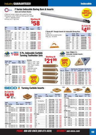 PHONE: 800-USE-ENCO (800-873-3626) INTERNET: use-enco.comPHONE: 800-USE-ENCO (800-873-3626) INTERNET: use-enco.com 59
Industry GUARANTEED! Indexable
Style TPMM (T.T.)
Indexable Carbide Inserts
• 10 per package
5 Pc. Indexable Carbide
Turning Toolholder Sets
Includes:
• Style A, 1 left, 1 right,
Style B, 1 left, 1 right
and 1 Style E holders
and insert
hold-down screw
• Uses T.T. style
carbide inserts
Shank Insert Reg. Sale
Size IC Model # Price Price
Import
3⁄8" 1⁄4" PZ250-1400 $33.11 $21.99
1⁄2 3⁄8 PZ250-1401 36.22 29.99
5⁄8 3⁄8 PZ250-1402 54.85 34.99
3⁄4 3⁄8 PZ250-1404 78.66 38.99
1 1⁄2 PZ250-1406 79.70 49.99
Made In USA
3⁄8 1⁄4 PZ325-7224 111.32 95.95
1⁄2 3⁄8 PZ325-7225 121.45 99.95
5⁄8 3⁄8 PZ307-3213 136.61 109.95
3⁄4 3⁄8 PZ307-3214 146.78 125.95
1 1⁄2 PZ307-3215 167.01 145.95
C5 Sale Price Ea. TiN Coated Sale Price Ea.
Size IC Model # 1-9 10+ Model # 1-9 10+
221 1⁄4" PZ340-1000 $4.13 $3.10 PZ340-1200 $4.59 $3.21
222 1⁄4 PZ340-1006 3.99 2.79 PZ340-1204 4.59 3.21
321 3⁄8 PZ340-1010 4.29 3.00 PZ340-1208 4.79 3.35
322 3⁄8 PZ340-1014 4.29 3.00 PZ340-1212 4.79 3.35
323 3⁄8 PZ891-6962 4.29 3.00 PZ891-6963 4.79 3.35
431 1⁄2 PZ325-7217 4.99 3.49 PZ325-7219 5.69 3.98
432 1⁄2 PZ340-1016 4.99 3.49 PZ340-1216 5.69 3.98
433 1⁄2 PZ325-7221 4.99 3.49 PZ325-7222 5.69 3.98
Starting At
$
2199
SAVEUP TO
50%
SAVE
30%In Pkg. Qty.
Turning Carbide Inserts
As Low As
$
589Each
Qty.: 10+
Insert Ind. Price Each
Size Coating Grade Model # 1-9 10+
CNMG Style
431 TiCN Al2O3 C6,C7 PZ327-0498 $13.69 $10.49
431 TiCN Al2O3TiN C6 PZ619-3904 12.29 9.59
432 TiCN Al2O3TiN C6 PZ619-3905 12.29 9.59
CPMT Style
21.51 TiCN Al2O3TiN C6 PZ619-3899 11.49 8.99
21.52 TiCN Al2O3TiN C6 PZ317-2118 11.49 8.99
32.51 TiAlNTiN C3 PZ317-2180 13.89 10.69
32.51 TiAlNTiN C5 PZ317-2239 13.69 10.69
32.51 TiCN Al2O3TiN C6 PZ619-3900 11.99 9.69
32.52 TiCN Al2O3TiN C6 PZ317-2119 11.99 9.69
DNMG Style
432 TiCN Al2O3TiN C6 PZ619-3907 17.99 13.89
432 TiCN Al2O3TiN C6 PZ317-2398 17.99 13.89
Insert Ind. Price Each
Size Coating Grade Model # 1-9 10+
TNMG Style
321 C6 PZ619-3923 $7.29 $5.89
322 TiCTiCNTiN C5 PZ317-2228 8.99 7.29
322 C2 PZ317-2273 7.29 5.89
332 TiCN Al2O3TiN C6 PZ317-2192 10.69 8.29
332 TiCN Al2O3TiN C6 PZ317-2193 10.69 8.29
432 TiCN Al2O3TiN C6 PZ619-3909 14.69 11.39
432 TiCN Al2O3TiN C6 PZ619-3916 14.69 11.39
542 TiCTiCNTiN C5 PZ317-2234 26.69 20.29
543 TiCTiCNTiN C5 PZ317-2235 26.69 20.29
TPG Style
221F C2 PZ317-2281 10.69 8.29
320F C2 PZ317-2283 12.69 9.39
321 C6 PZ619-3926 12.99 9.99
321F C2 PZ619-3927 12.69 9.39
322 C6 PZ619-3928 12.99 9.99
322F TiN C2 PZ619-3929 12.69 9.39
322F C3 PZ317-2285 12.69 9.69
432 C6 PZ317-2290 19.99 15.39
Insert Ind. Price Each
Size Coating Grade Model # 1-9 10+
TPX Style
221 TiCN Al2O3TiN C4 PZ317-2207 $6.99 $6.49
222 TiCN Al2O3TiN C4 PZ317-2208 6.99 6.49
321 TiCN Al2O3TiN C4 PZ317-2209 12.69 9.99
322 TiCN Al2O3TiN C4 PZ317-2210 12.69 9.99
VNMG Style
331 TiCN Al2O3TiN C6 PZ317-2393 21.69 16.59
432 C2 PZ317-2302 21.19 15.99
WNMG Style
331 TiCN Al2O3TiN C6 PZ619-3932 10.29 7.99
331 TiCN Al2O3TiN C6 PZ619-3933 10.29 7.99
332 TiCN Al2O3TiN C6 PZ619-3934 10.29 7.99
WNMP Style
331 TiAlNTiN C3 PZ317-2472 11.69 8.99
331 TiAlNTiN C5 PZ317-2313 11.69 8.99
332 TiAlNTiN C3 PZ317-2475 11.69 8.99
332 TiAlNTiN C5 PZ317-2133 11.49 8.99
432 TiAlNTiN C3 PZ317-2394 14.99 11.59
CPMT
DNMG
TNMG
VNMG
WNMG
Corner Mfr’s Low
Style Radius Grade Model # Price
TDAB-500 .002" CG5 PZ405-0966 $6.01
TDAB-500 .002 TN7 PZ405-0967 5.65
TDAT-505 .007 CG5 PZ405-0968 6.27
TDCG-505R .007 CG5 PZ405-0969 6.82
TDAB-51 .015 C25 PZ405-0970 4.81
TDAB-51 .015 CG5 PZ405-0971 5.57
TDAB-51 .015 TN7 PZ405-0972 5.22
TDAB-52 .031 CG5 PZ405-0973 5.57
F Series Indexable Boring Bars & Inserts
Steel and Carbide Shanks
• Steel and carbide shanks with coolant thru holes
• Boring bars utilize TDAB and TDCG type 60° triangle
.160" I.C. indexable inserts
• All bars are 5° right hand
Mfr’s Min. Shank Bore Low
No. Bore Dia. OAL Depth Model # Price
Steel Shank
FSBI-187-31⁄2-5R .275" 3⁄16" 31⁄2" 3⁄4" PZ405-0959 $58.00
FSBI-250-4-DR .300 1⁄4 4 1 PZ405-0958 58.00
FSBI-250-4-5R .300 1⁄4 4 1 PZ405-0957 58.00
FSBI-312-4-5R .360 5⁄16 4 11⁄4 PZ405-0956 58.00
FSBI-312/500-1-5R .360 1⁄2 3 1 PZ405-0960 89.52
Carbide Shank
FCBI-187-4-5R .275 3⁄16 4 17⁄8 PZ405-0965 147.68
FCBI-187-6-5R .275 3⁄16 6 17⁄8 PZ405-0964 172.30
FCBI-250-4-5R .300 1⁄4 4 21⁄2 PZ405-0963 147.68
FCBI-250-6-5R .300 1⁄4 6 21⁄2 PZ405-0962 156.12
FCBI-312-4-5R .360 5⁄16 4 31⁄8 PZ405-0961 145.50
F Series 60° Triangle Inserts for Indexable Boring Bars
• .160" I.C.
• Coated and uncoated grades
• Pkg. qty.: 10 inserts
As Low As
$
481
Starting At
$
58
WHILE
SUPPLIES
LAST
58-59 EH 13-06 Index.indd 5958-59 EH 13-06 Index.indd 59 5/16/13 2:43 PM5/16/13 2:43 PM
 