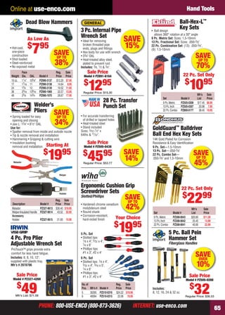 PHONE: 800-USE-ENCO (800-873-3626) INTERNET: use-enco.comPHONE: 800-USE-ENCO (800-873-3626) INTERNET: use-enco.com 65
Online at use-enco.com Hand Tools
Sale Price
Model # PZ327-4269
$
49Mfr’s List: $71.58
4 Pc. Pro Plier
Adjustable Wrench Set
ProTouch™ grips provide extra
comfort for less hand fatigue.
Includes: 6, 8, 10, 12";
supplied with plastic tray.
Mfr’s # 2078706
SAVEUP TO
45%
Mfr’s Sale
Set Model # List Price
9 Pc.Metric PZ308-0643 $20.60 $11.39
13 Pc.Inch PZ308-0642 25.45 13.99
22 Pc.Combo PZ308-0641 40.00 22.99
GoldGuard™
Balldriver
Ball End Hex Key Sets
14K Gold Plated for Corrosion
Resistance & Easy Identiﬁcation
9 Pc. Set—1.5-10mm
13 Pc. Set—.050-3⁄8"
22 Pc. Combo Set—
.050-3⁄8" and 1.5-10mm
22 Pc. Set Only
$
2299
SAVE
15%
3 Pc. Internal Pipe
Wrench Set
• Ideal for removing
broken threaded pipe
ends, plugs and ﬁttings
• Hex body for use with wrench
• 33⁄4" OAL
• Heat-treated alloy steel,
plated to prevent rust
Includes: 3⁄8, 1⁄2 & 3⁄4".
Sale Price
Model # PZ891-6164
$
1295
Regular Price: $15.30
Mfr’s Sale
Set Model # List Price
9 Pc.Metric PZ505-0308 $17.45 $6.95
13 Pc.Inch PZ505-0307 20.98 7.95
22 Pc.Combo PZ800-0177 38.45 10.95
• Ball design
allows 360° rotation at a 30° angle
9 Pc. Metric Set: Sizes: 1.5-10mm
13 Pc. Fractional Set: Sizes: .050-3⁄8"
22 Pc. Combination Set: (13): .050-3⁄8",
(9): 1.5-10mm
Ball-Hex-L™
Key Sets
22 Pc. Set Only
$
1095
P S t OO l
SAVEUP TO
70%
SAVE
14%
28 Pc. Transfer
Punch Set
• For accurate transferring
of drilled or tapped holes
• Heat-treated steel
• Stand included
Sizes: 3⁄32-1⁄2" x
64ths & 17⁄32".
Sale Price
Model # PZ505-0438
$
4595
Regular Price: $53.77
Includes:
8, 12, 16, 24 & 32 oz.
5 Pc. Ball Pein
Hammer Set
Fiberglass Handles
Sale Price
Model # PZ505-0288
$
32Regular Price: $36.53
Starting At
$
1995
Welder’s
Pliers
• Spring loaded for easy
opening and closing
• Jaw L: 13⁄4" • 81⁄2" OAL
Use for:
• Spatter removal from inside and outside nozzle
• Tip & nozzle removal and installation
• Hammering • Gripping & cutting wire
• Insulation bushing
removal and installation
Matador
Welper
Holster
Holster
Reg. Sale
Description Model # Price Price
Matador PZ327-9613 $30.40 $19.95
Welper-Insulated Handle PZ327-9614 43.52 32.95
Accessory
Holster PZ327-9615 21.83 15.95
r’s
SAVEUP TO
34%
Your Choice
$
1995
5 Pc. Set
• Slotted tips:
1⁄8 x 4", 5⁄32 x 4",
1⁄4 x 6"
• Phillips tips:
#1 x 3", #2 x 4"
No.of Reg. Sale
Pcs. Mfr’s # Model # Price Price
5 30295 PZ510-0316 $24.22 $19.95
6 46094 PZ510-0315 22.06 19.95
Ergonomic Cushion Grip
Screwdriver Sets
Slotted/Phillips
• Hardened chrome vanadium
molybdenum steel
• Round shank
• Corrosion-resistant,
hard-nickel ﬁnish
6 Pc. Set
• Slotted tips: 1⁄8 x 4",
5⁄32 x 4", 3⁄16 x 5",
1⁄4 x 6"
• Phillips tips:
#1 x 3", #2 x 4"
SAVEUP TO
42%
Face Reg. Sale
Weight Dia. OAL Model # Price Price
10 oz. 11⁄4" 105⁄8" PZ990-3137 $12.20 $7.95
17 17⁄16 11 PZ990-3138 14.64 8.95
24 13⁄4 12 PZ990-3139 19.52 11.95
36 23⁄16 139⁄16 PZ990-1969 22.57 13.95
48 23⁄8 143⁄4 PZ990-1970 28.67 17.95
• Hot-cast,
one-piece
construction
• Shot loaded
• Steel-reinforced
• No exposed metal
Dead Blow Hammers
As Low As
$
795
SAVEUP TO
38%
SAVEOVER
10%
64-65 EH 13-06 HT.indd 6564-65 EH 13-06 HT.indd 65 5/16/13 2:48 PM5/16/13 2:48 PM
 