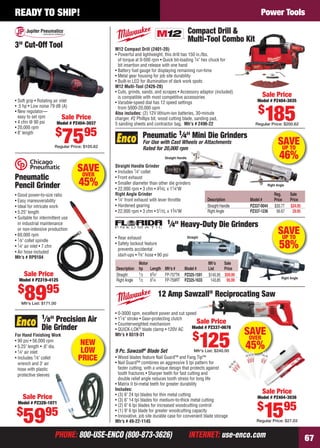 PHONE: 800-USE-ENCO (800-873-3626) INTERNET: use-enco.comPHONE: 800-USE-ENCO (800-873-3626) INTERNET: use-enco.com 67
READY TO SHIP! Power Tools
SAVEUP TO
46%
Reg. Sale
Description Model # Price Price
Straight Handle PZ337-0044 $35.77 $24.95
Right Angle PZ337-1236 56.67 29.95
Straight Handle Grinder
• Includes 1⁄4" collet
• Front exhaust
• Smaller diameter than other die grinders
• 22,000 rpm • 3 cfm • 43⁄4L x 11⁄4"W
Right Angle Grinder
• 1⁄4" front exhaust with lever throttle
• Hardened gearing
• 22,000 rpm • 3 cfm • 51⁄2L x 13⁄4"W
Pneumatic 1⁄4" Mini Die Grinders
For Use with Cast Wheels or Attachments
Rated for 20,000 rpm
Straight Handle
Right Angle
SAVEOVER
45%
• Wood blades feature Nail Guard™ and Fang Tip™
• Nail Guard™ combines an aggressive 5 tpi pattern for
faster cutting, with a unique design that protects against
tooth fractures • Sharper teeth for fast cutting and
double relief angle reduces tooth stress for long life
• Matrix II bi-metal teeth for greater durability
Includes:
• (3) 6" 24 tpi blades for thin metal cutting
• (3) 6" 14 tpi blades for medium-to-thick metal cutting
• (2) 6" 6 tpi blades for increased woodcutting control
• (1) 9" 6 tpi blade for greater woodcutting capacity
• Innovative, job site durable case for convenient blade storage
Mfr’s # 49-22-1145
• 0-3000 spm, excellent power and cut speed
• 11⁄8" stroke • Gear-protecting clutch
• Counterweighted mechanism
• QUICK-LOK®
blade clamp • 120V AC
Mfr’s # 6519-31
12 Amp Sawzall®
Reciprocating Saw
Sale Price
Model # PZ337-0676
$
125Mfr's List: $240.009 Pc. Sawzall®
Blade Set
Sale Price
Model # PZ404-3036
$
1595
Regular Price: $27.03
Pneumatic
Pencil Grinder
• Good power-to-size ratio
• Easy maneuverability
• Ideal for intricate work
• 5.25" length
• Suitable for intermittent use
in industrial maintenance
or non-intensive production
• 60,000 rpm
• 1⁄8" collet spindle
• 1⁄4" air inlet • 7 cfm
• Air hose included
Mfr’s # RP9104
Sale Price
Model # PZ319-4125
$
8995
Mfr’s List: $171.00
SAVEOVER
45%
SAVEUP TO
58%
Motor Mfr’s Sale
Description hp Length Mfr’s # Model # List Price
Straight 1⁄3 63⁄4" FP-757TK PZ325-1591 $145.95 $59.99
Right Angle 1⁄2 61⁄4 FP-759RT PZ325-1633 143.85 95.99
1⁄4" Heavy-Duty Die Grinders
• Rear exhaust
• Safety lockout feature
prevents accidental
start-ups • 3⁄8" hose • 90 psi
Straight
Right Angle
M12 Compact Drill (2401-20)
• Powerful and lightweight, this drill has 150 in./lbs.
of torque at 0-500 rpm • Quick bit-loading 1⁄4" hex chuck for
bit insertion and release with one hand
• Battery fuel gauge for displaying remaining run-time
• Metal gear housing for job site durability
• Built-in LED for illumination of dark work spots
M12 Multi-Tool (2426-20)
• Cuts, grinds, sands, and scrapes • Accessory adaptor (included)
is compatible with most competitive accessories
• Variable-speed dial has 12 speed settings
from 5000-20,000 opm
Also includes: (2) 12V lithium-ion batteries, 30-minute
charger, #2 Phillips bit, wood cutting blade, sanding pad,
5 sanding sheets and contractor bag. Mfr’s # 2496-22
Compact Drill &
Multi-Tool Combo Kit
Sale Price
Model # PZ404-3035
$
185Regular Price: $200.62
3" Cut-Off Tool
• Soft grip • Rotating air inlet
• .5 hp • Low noise 79 dB (A)
• New regulator—
easy to set rpm
• 4 cfm @ 90 psi
• 20,000 rpm
• 8" length
Sale Price
Model # PZ404-3037
$
7595
Regular Price: $105.62
For Hand Finishing Work
• 90 psi • 56,000 rpm
• 5.25" length • .6" dia.
• 1⁄4" air inlet
• Includes 1⁄8" collet
wrench and 3' air
hose with plastic
protective sleeves
1⁄8" Precision Air
Die Grinder
Sale Price
Model # PZ328-1071
$
5995
NEW
LOW
PRICE
66-67 EH 13-06 PT.indd 6766-67 EH 13-06 PT.indd 67 5/16/13 2:50 PM5/16/13 2:50 PM
 