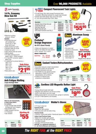 The RIGHT TOOL at the RIGHT PRICEThe RIGHT TOOL at the RIGHT PRICE
Shop Supplies
68
Over 90,000 PRODUCTS Available
Ideal for wet environments,
or when heavy debris
is a concern.
• Large drainage holes facilitate
drainage and resist clogging
• Natural/SBR rubber
• Safety beveled on all four
• 1⁄2" thickness
• Slip resistant
Anti-Fatigue Matting
Large Drainage Holes
Low
Size Model # Price
3 x 5' PZ328-5967 $55.00
3 x 10 PZ328-5966 95.00
Starting At
$
55
Welder’s Gloves
Economy Grade
• Made from split cowhide
• One-piece back with full cotton lining
Premium Grade
• Premium russet grade leather • Reinforced seams • Full sock-type lining
Cotton-Lined Premium Grade
• Made from shoulder split cowhide
• Partially sewn with KEVLAR®
thread
for added strength
• Includes reinforced thumb straps
Price Per Pair
Grade Color Model # Reg. Sale
Economy Gray PZ826-9030 $5.26 $3.49
Premium Russet PZ505-4144 7.46 4.99
Cotton-Lined Premium Russet PZ990-3164 9.00 5.99
o es
F ll k t li i
SAVEOVER
30%
• 14" long • Large size
KEVLAR®
is a registered trademark of
E.I. du Pont de Nemours and Company.
• Maximum working
pressure: 150 psi
Includes:
• Pistol-grip blow gun
with variable ﬂow
control and 1⁄4" NPT
brass inlet thread
• Safety booster tip nozzle
• Standard safety tip nozzle
• Rubber tip nozzle
• High-volume brass tip nozzle
• Needle adapter
• 10" safety extension tip for
deeper reach— OSHA compliant
• 1⁄4" male NPT connector nipple—
Milton type
• 5 needle tips for precise delivery—
.040 x 15⁄16",
.050 x 13⁄16",
.072 x 13⁄4",
.095 x 215⁄32",
.134 x 23⁄4"
• Black plastic case
14 Pc. Economy
Blow Gun Kit
Sale Price
Model# PZ327-7344
$
2195
Regular Price $25.36
SAVEOVER
10%
Cordless LED Magnetic Button Light
• Energy-efﬁcient bright white light
• Magnetic back attaches to any ferrous surface
• Built-in hook allows use at any angle
• Multi-purpose light for use around home, garage or workshop
• 24 LED • 3 AAA batteries (not included)
Sale Price
Model # PZ328-5494
$
995
Regular Price: $12.93
• Accurately measures coolant concentration
• Optimizes coolant use and tool life
• Includes instructions and case
• Use PZ505-2111 for general purpose
applications, PZ505-2112 for low
concentrations and synthetics
• PZ505-2112 features auto-
temperature compensation
Coolant Testers/Refractometers
Solution Meas. Reg. Sale
Range Grad. Model # Price Price
0 - 32% 0.2% PZ505-2111 $125.84 $69.95
0 - 10 0.1 PZ505-2112 129.90 79.95
SAVEUP TO
44%
Aluminum Scoop
• One piece cast
aluminum construction
• Nontarnishing,
stain-resistant
• Capacity 84 oz.
• Bowl width 61⁄4";
bowl length 12"
Sale Price
Model # PZ240-6043
$
1499
Regular Price: $25.35
SAVE
40%
• Cleans and degreases on contact
• Safe on all metals and most plastics
• 20 oz. aerosol; 15 oz. net ﬁll
PreSolve®
Orange Degreaser
No CFC’s Ozone Friendly
Sale Price 12+ $12.49
1-11 $13.97
Model # PZ825-8415
Compact Fluorescent Task Lights
• 23 watt Energy Star rated compact ﬂuorescent lamp
(included) • Mounting hardware for coupler base included
• Double-wall shade design stays cool to the touch
• 6' cord with grounded plug • Color: Black
Reg. Sale
Description Reach Model # Price Price
Adjustable Clamp-On BaseTask Light 24" PZ328-5478 $77.12 $65.95
Coupler BaseTask Light 24 PZ328-5476 71.03 59.95
Direct MountTask Light 24 PZ328-5479 66.97 55.95
Magnetic BaseTask Light 24 PZ328-5477 77.12 65.95
23W Compact Fluorescent Lamp (Pkg.2) PZ328-5475 18.59 15.95 PZ328-5478
As Low As
$
5595
g
Sale
SAVEUP TO
16%
68-69 EH 13-06 SS.indd 6868-69 EH 13-06 SS.indd 68 5/16/13 2:52 PM5/16/13 2:52 PM
 