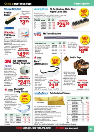 PHONE: 800-USE-ENCO (800-873-3626) INTERNET: use-enco.comPHONE: 800-USE-ENCO (800-873-3626) INTERNET: use-enco.com
Shop Supplies
69
Online at use-enco.com
Fix Thread Restorer
As simple as a
ﬁle, just pass over
& restore face of
thread instantly.
Reg. Sale
Thread Pitches On Each Model # Price Price
11, 12, 13, 14, 16, 18, 20 and 24 tpi PZ990-3074 $11.41 $8.95
9, 10, 12, 16, 20, 27, 28 and 32 tpi PZ990-3075 11.76 8.95
.80, 1.00, 1.25, 1.50, 1.75, 2.00,
2.50, 3.00mm PZ990-3076 11.76 8.95
Accessory
Red Plastic Handle PZ990-3077 .98 —
SAVEUP TO
23%
Your Choice
$
895
N95 Particulate
Welding Respirator
Recommended for
particulates from metal
sanding, grinding,
soldering and welding.
• For use against non-oil
aerosols, nonspeciﬁc
service time
• 3M™ Cool Flow™ valve
• M-nose clip
• Advanced
electret media
Mfr’s # 8515
PKG. QTY.: 10
Sale Price
Model # PZ510-1429
$
2495
Regular Price: $27.90
Per Pkg.
• Flexible spatula temple
design for a comfortable
ﬁt during long use
• Strong, yet lightweight,
polycarbonate
scratch-resistant lens
• Lens is hardcoated and offers
99.9% UV protection
• Compliance:
ANSI Z87.1+
Checklite®
Safety Glasses
ers
y Glasses
SAVE
25%On Qty.: 12+
Lens Frame Sale Price Ea.
Color Color Model # 1-11 12+
Clear Clear PZ328-4568 $1.56 $1.17
Clear Clear PZ404-1521* 1.96 1.47
Gray Smoke PZ328-4569 1.56 1.17
Light Blue Light Blue PZ328-4570 1.94 1.45
*Anti-fog lens
SAVE
20%Storm®
Safety Glasses
• Strong,
impact-resistant
polycarbonate lenses
• Ratchet-action temples
with nonslip rubber
head grips
• Clear lens with
black frame
• 99.9% UV protection
• ANSI Z87.1+ compliant
Sale Price
Model # PZ891-4689
$
345
Regular Price: $4.33
Gorilla Tape
Sale Price
Model # PZ319-3964
$
895
Regular Price: $10.15
• Gorilla Tape bonds to
things ordinary tapes
cannot, including brick,
stucco, wood and more
• Made with double thick
adhesive, reinforced
backing and a tough
all weather shell
• 1.88"W x 35 yds. roll
KEVLAR®
protectors have applications in advanced
manufacturing, automotive, electrical work,
metalworking and meat packing.
• Easily laundered with minimal shrinkage
• Made with FDA accepted materials for use in food
processing applications
• Provides exceptional cut, slash and heat resistance
• High level of comfort and dexterity
• Elastic opening at both ends
• Soft, comfortable knit conforms to the arm
• ANSI cut level 4
Cut-Resistant Sleeves
WithThumbhole
KEVLAR®
is a registered trademark of E.I. du Pont de Nemours and Company.
Reg. Sale
L Model # Price Price
Elastic Opening at Both Ends
10" PZ404-3061 $2.91 $2.15
12 PZ404-3062 3.08 2.27
14 PZ404-3063 3.73 2.75
16 PZ404-3065 4.61 3.39
18 PZ404-3066 5.01 3.70
18 PZ404-3067* 5.44 4.02
22 PZ404-3070 6.11 4.51
24 PZ404-3072 6.75 4.98
Elastic Opening at Both Ends w/Thumbhole
14 PZ404-3064 3.94 2.91
18 PZ404-3068 5.19 3.79
18 PZ404-3069* 5.66 4.18
22 PZ404-3071 6.47 4.77
*Black
X50 Wipers
Economy rags good for applying lubricants,
vehicle and equipment cleaning and low-lint
glass cleaning.
• Nylon-reinforced for strength and tear
resistance • Durable wet and dry
• Sheet size: 9.8W x 13.4"L
• 1100 sheets per roll
• Material:
HYDROKNIT®
• White
Jumbo Roll
Sale Price
Model # PZ510-0788
$
4295
Regular Price: $51.69
• Medium bristle
• Black poly brush
• 8" head
Low Price
Model # PZ505-1056
$
335
Counter
Duster
SAVEUP TO
39%Durable against rust.
Recommended for steel up to 50 HRC. Comes in a ﬁtted case.
• Includes A-Z, period and 0-8 • 6/9 interchangeable
36 Pc. Machine Made Steel
Figure/Letter Sets
Approx.Size Reg. Sale
of Character Model # Price Price
1⁄16" PZ505-1432 $43.87 $25.99
3⁄32 PZ505-1433 43.87 25.99
1⁄8 PZ505-1434 43.87 25.99
3⁄16 PZ505-1435 55.14 34.99
1⁄4 PZ505-1436 64.51 39.95
Starting At
$
2599
68-69 EH 13-06 SS.indd 6968-69 EH 13-06 SS.indd 69 5/16/13 2:52 PM5/16/13 2:52 PM
 
