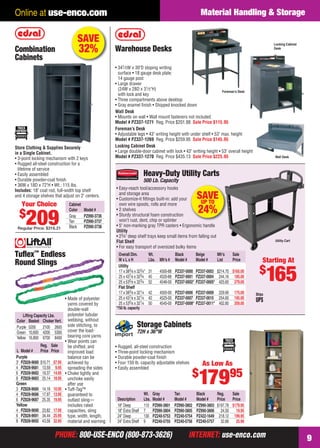 PHONE: 800-USE-ENCO (800-873-3626) INTERNET: use-enco.comPHONE: 800-USE-ENCO (800-873-3626) INTERNET: use-enco.com
Material Handling & Storage
9
Online at use-enco.com
Wt. Gray Tan Black Reg. Sale
Description Lbs. Model # Model # Model # Price Price
18" Deep 110 PZ990-3801 PZ990-3802 PZ990-3803 $197.78 $179.95
18" Extra Shelf 7 PZ990-3804 PZ990-3805 PZ990-3806 24.50 19.95
24" Deep 130 PZ240-5753 PZ240-5754 PZ422-1649 218.12 199.95
24" Extra Shelf 9 PZ240-5755 PZ240-5756 PZ240-5757 32.66 25.99
Storage Cabinets
72H x 36"W
• Rugged, all-steel construction
• Three-point locking mechanism
• Durable powder-coat ﬁnish
• Four 150 lb. capacity adjustable shelves
• Easily assembled
As Low As
$
17995
Tuﬂex™
Endless
Round Slings
• Made of polyester
yarns covered by
double-wall
polyester tubular
webbing, without
side stitching, to
cover the load-
bearing core yarns
• Wear points can
be shifted, and
improved load
balance can be
achieved by
spreading the sides
• Choke tightly and
unchoke easily
after use
• Tuff-Tag™
guaranteed to
outlast sling—
includes rated
capacities, sling
type, width, length,
material and warning
Reg. Sale
L Model # Price Price
Purple
3' PZ828-9680 $10.71 $7.95
4 PZ828-9681 13.59 9.95
6 PZ828-9682 19.37 14.95
8 PZ828-9683 25.14 18.95
Green
3 PZ828-9685 14.16 10.95
4 PZ828-9686 17.97 13.95
6 PZ828-9687 25.35 19.95
Yellow
4 PZ828-9690 23.82 17.95
6 PZ828-9691 34.44 25.95
8 PZ828-9692 43.56 32.95
Lifting Capacity Lbs.
Color Basket ChokerVert.
Purple 5200 2100 2600
Green 10,600 4200 5300
Yellow 16,800 6700 8400
Warehouse Desks
• 341⁄2W x 30"D sloping writing
surface • 18 gauge desk plate;
14 gauge post
• Large drawer
(24W x 28D x 31⁄2"H)
with lock and key
• Three compartments above desktop
• Gray enamel ﬁnish • Shipped knocked down
Wall Desk
• Mounts on wall • Wall mount fasteners not included
Model # PZ337-1271 Reg. Price $201.88 Sale Price $115.95
Foreman’s Desk
• Adjustable legs • 43" writing height with under shelf • 53" max. height
Model # PZ337-1269 Reg. Price $259.95 Sale Price $145.95
Locking Cabinet Desk
• Large double-door cabinet with lock • 43" writing height • 53" overall height
Model # PZ337-1270 Reg. Price $435.13 Sale Price $225.95 Wall Desk
Locking Cabinet
Desk
Foreman’s Desk
Cabinet
Color Model #
Gray PZ990-3736
Tan PZ990-3737
Black PZ990-3738
Combination
Cabinets
Store Clothing & Supplies Securely
in a Single Cabinet.
• 3-point locking mechanism with 2 keys
• Rugged all-steel construction for a
lifetime of service
• Easily assembled
• Durable powder-coat ﬁnish
• 36W x 18D x 72"H • Wt.: 115 lbs.
Includes: 18" coat rod, full-width top shelf
and 4 storage shelves that adjust on 2" centers.
SAVE
32%
Your Choice
$
209Regular Price: $316.21
Heavy-Duty Utility Carts
500 Lb. Capacity
Utility Cart
• Easy-reach tool/accessory hooks
and storage area
• Customize-it ﬁttings built-in: add your
own wire spools, rolls and more
• 2 shelves
• Sturdy structural foam construction
won’t rust, dent, chip or splinter
• 5" non-marking gray TPR casters • Ergonomic handle
Utility
• 23⁄4" deep shelf trays keep small items from falling out
Flat Shelf
• For easy transport of oversized bulky items
Overall Dim. Wt. Black Beige Mfr’s Sale
W x L x H Lbs. Mfr’s # Model # Model # List Price
Utility
17 x 383⁄8 x 323⁄4" 31 4500-88 PZ337-0000 PZ337-0003 $214.70 $165.00
25 x 437⁄8 x 323⁄4 45 4520-88 PZ337-0001 PZ337-0004 244.16 185.00
25 x 535⁄8 x 323⁄4 52 4546-00 PZ337-0002* PZ337-0005* 425.60 379.00
Flat Shelf
17 x 383⁄8 x 321⁄4 42 4505-00 PZ337-0006 PZ337-0009 229.90 175.00
25 x 437⁄8 x 321⁄4 42 4525-00 PZ337-0007 PZ337-0010 254.60 195.00
25 x 535⁄8 x 321⁄4 50 4545-00 PZ337-0008* PZ337-0011* 402.80 359.00
*750 lb.capacity
Starting At
$
165
SAVEUP TO
24%
08-09 EH 13-06 MH&S.indd 908-09 EH 13-06 MH&S.indd 9 5/16/13 1:58 PM5/16/13 1:58 PM
 