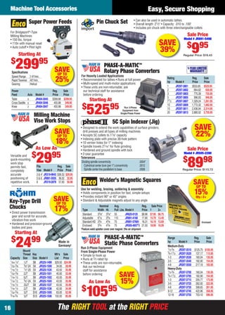The RIGHT TOOL at the RIGHT PRICEThe RIGHT TOOL at the RIGHT PRICE
Machine Tool Accessories
16
Easy, Secure Shopping
SAVEUP TO
17%• Direct power transmission
gear and scroll for accurate,
vibration-free work
• Hardened and precision-ground
bodies and jaws
Key-Type Drill
Chucks
Mount/
Thread Key Mfr’s Sale
Capacity Size Size Model # List Price
1⁄64-1⁄4" 1JT S8 JR325-1499 $29.50 $24.99
1⁄32-3⁄8 3⁄8"-24 S8 JR325-1500 34.00 28.99
1⁄16-1⁄2 1⁄2"-20 S9 JR325-1535 43.50 35.99
1⁄32-3⁄8 2JT S9 JR325-1501 40.00 33.99
1⁄16-1⁄2 6JT S9 JR325-1502 43.50 35.99
1⁄16-1⁄2 3⁄8"-24 S9 JR325-1503 43.50 35.99
1⁄16-1⁄2 33JT S9 JR325-1537 43.50 35.99
1⁄16-1⁄2 2JT S9 JR325-1536 42.00 34.99
1⁄32-5⁄8 3JT S10 JR325-1505 63.00 52.99
3⁄16-3⁄4 3JT S13 JR325-1506 102.00 85.99
Made in
Germany!
Starting At
$
2499
SAVEUP TO
25%
Power Reg. Sale
Feed Axis Model # Price Price
Table x JR404-3045 $399.98 $299.95
Cross Saddle y JR404-3046 455.98 349.95
Knee z JR404-3047 455.98 349.95
Speciﬁcations
Speed Range: 1-9"/min.
RapidTraverse: 40"/min.
Gearing: Helical
Super Power Feeds
For Bridgeport®
-Type
Milling Machines
• 150 lbs. torque
• 110v with manual reset
• Auto cutoff • Pilot light
Starting At
$
29995
SAVE
15%
Range Reg. Sale
hp Model # Price Price
Medium-Duty
1⁄3-3⁄4 JR297-3510 $125.75 $105.95
3⁄4-11⁄2 JR297-3520 137.17 115.95
1-3 JR297-3530 160.04 135.95
3-5 JR297-3540 182.90 154.95
4-8 JR297-3550 217.19 183.95
Heavy-Duty
1⁄3-3⁄4 JR297-3700 160.04 135.95
3⁄4-11⁄2 JR297-3705 182.90 154.95
1-3 JR297-3715 205.77 173.95
3-5 JR297-3725 262.92 222.95
4-8 JR297-3735 308.65 261.95
8-12 JR297-3745 422.96 358.95
12-18 JR297-3755 703.10 596.95
Static Phase Converters
Run 3-Phase Equipment
From Single-Phase Power
• Simple to hook up
• Runs at 2⁄3 rated hp
• These units are non-returnable.
Ask our technical
staff for assistance
before ordering
PHASE-A-MATIC™
As Low As
$
10595
Rating Reg. Sale
hp Model # Price Price
1 JR297-3801 $553.85 $525.95
2 JR297-3802 664.62 630.95
3 JR297-3803 775.39 735.95
5 JR297-3805 996.93 946.95
71⁄2 JR297-3807 1,329.24 1,261.95
10 JR297-3809 1,772.32 1,682.95
15 JR297-3811 2,436.94 2,314.95
20 JR297-3813 2,880.02 2,735.95
For Heavily Loaded Applications
• Recommended for lathes • Runs at full power
• Multi-speed and multi-motor applications
• These units are non-returnable; ask
our technical staff for assistance
before ordering
Run 3-Phase
Equipment from
Single-Phase Power
PHASE-A-MATIC™
Rotary Phase Converters
1-YEAR LIMITED
WARRANTY
Starting At
$
52595
SAVE
22%
5C Spin Indexer (Jig)
• Designed to extend the work capabilities of surface grinders,
drill presses and all types of milling machines
• Accepts 5C collets to 11⁄8" capacity
• Indexing plate with precise 36-hole pattern
• 10 vernier holes for 1° indexing
• Spindle travels 21⁄16" for ﬂute grinding
• Hardened and ground spindle with lock
• 2-year guarantee
Sale Price
Model # JR505-2280
$
8998
Regular Price: $115.72
Dividing spindle concentricity .0004"
Cylindrical center bore (per 1") concentricity .0012
Spindle center line parallelism to base .0008
Tolerances
SAVEUP TO
15%Qty.: 2+
Enclosed
Nominal Avg. Reg. Sale Price
Type Width Ht. Pull Lbs. Model # Price 1 2+
Standard 33⁄8" 33⁄8" 55 JR625-0125 $8.96 $7.95 $6.75
Adjustable 61⁄8 33⁄8 110 JR891-4168 17.90 15.79 13.49
Standard HD 33⁄4 43⁄8 75 JR891-5768† 18.31 16.19 13.69
Enclosed 33⁄4 43⁄8 75 JR505-4657*† 21.50 18.99 16.09
Welder’s Magnetic Squares
Use for welding, brazing, soldering & assembly
• Holds components in position for fast, simple setups
• Provides instant 90° or 45° angles
• Standard & Adjustable magnets adjust to any angle
*Feature weld splatter cover over magnet.†No air shipment
• Can also be used in automatic lathes
• Overall length: 21⁄2" • Capacity: .010 to .100"
• Includes pin chuck with three interchangeable collets
Pin Chuck Set
Sale Price
Model # JR891-5498
$
995
Regular Price: $16.43
SAVE
39%
Milling Machine
Vise Work Stops
Versatile and
quick-mounting
work stop
permits fast,
completely
accurate
positioning of
repetitive work.
Fits Reg. Sale
Vise Model # Price Price
3 & 4" JR319-9643 $36.52 $29.95
5 & 6 JR891-5935 36.52 32.95
8 JR319-2878 57.83 56.98
As Low As
$
2995
p
w Asss
SAVEUP TO
18%
16-17 EH 13-09 MTA.indd 1616-17 EH 13-09 MTA.indd 16 8/8/13 8:11 AM8/8/13 8:11 AM
 