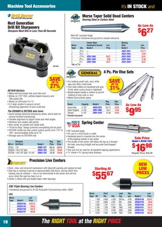 The RIGHT TOOL at the RIGHT PRICEThe RIGHT TOOL at the RIGHT PRICE
Machine Tool Accessories
18
It’s IN STOCK and
• 60° included angle
• For use in a drill chuck or collet
• Hardened point is inserted into the center
of the tapping handle or tap center
• The stroke of the center will follow the tap as it threads
the hole, assuring straight and accurate hand-tapped
threads
• One size can be used for all standard tapping applications
• 1⁄2" shank • 3⁄8" spring travel distance
Spring Center
Sale Price
Model # JR328-1923
$
1698
Regular Price: $22.28
Morse Taper Solid Dead Centers
Bearing Steel or Carbon Steel
With 60˚ Included Angle
• Precision hardened and ground to closest tolerance
As Low As
$
627
Carbon Steel Bearing
Morse Hardened & Ground Low Steel Low
Taper OAL Model # Price Model # Price
1 35⁄16" — JR251-3041 $13.17
2 43⁄16 — JR251-3042 14.93
3 415⁄16 JR251-3063 $6.27 JR251-3043 20.91
4 65⁄16 JR251-3064 9.06 JR251-3044 31.08
5 81⁄2 JR251-3065 22.07 JR251-3045* 56.47
* OAL is 77⁄8"
SAVEUP TO
31%
4 Pc. Pin Vise Sets
• For holding small rods, wire, drills,
taps and other small tools
• Tool steel collets are hardened and grip
ﬁrmly when screw chuck is tightened
• Nickel-plated handle is hollow to permit
holding of long rods or wire
• Meets Government specs
Reg. Sale
Brand Capacity Model # Price Price
Import India 0-.187" JR830-0320 $14.74 $9.95
Import England 0-.150 JR891-6886 29.41 19.95
General 0-.187 JR891-5435* 61.89 45.95
As Low As
$
995
* Includes vinyl pouch
Precision Live Centers
• Dust-, chip- and oil-proof mechanism with labyrinth packing and special oil seal
• Seal has a running-in period of approximately 250 hours, during which time
heating may be noticed — this is not detrimental to the center and will not
occur when the seal has been run-in
• Center is ﬁtted with pre-loaded taper roller bearings
CNC Triple Bearing Live Centers
• Hardened and ground to 61-65 Rockwell • Concentricity within .0002"
Morse Low
Taper Model # Price
2 JR328-0164 $100.70
3 JR328-0165 109.63
4 JR328-0166 146.72
5 JR328-0167 186.48
Starting At
$
5567
Morse Point Load Max. Low
Taper OD Dia. OAL Cap. rpm Model # Price
1 1.339" 0.669" 4.528" 200 lbs. 6700 JR328-0158 $55.67
2 1.457 0.866 4.921 600 6400 JR328-0159 80.02
3 1.850 1.181 6.417 900 5000 JR328-0160 100.52
4 2.165 1.378 7.598 1800 4100 JR328-0161 124.21
5 2.756 1.772 9.449 3000 3400 JR328-0162 176.95
6 3.544 2.362 12.598 7500 2700 JR328-0163 282.26
CNC
NEW
LOW
PRICES
All Drill Doctors
• Make dull and broken bits work like new!
• Works on 118° HSS, carbide-tipped masonry and
TiN-coated bits
• Works on drill sizes 3⁄32-1⁄2"
• E-Z align system to assure correct
sharpening alignment of even small bits
The DD500X & DD750X also have:
• Quick-change diamond sharpening wheel, which lasts for
several hundred sharpenings
• Variable alignment to adjust chisel and relief angles
• Restores and creates split points
• Also works on carbide and cobalt drills
• “Push-to-Stop” design prevents oversplitting the bit point
• DD750X model can also create custom points from 115° to
140°, accommodates drills up to 3⁄4"
• Storage case for DD750X only
Next Generation
Drill Bit Sharpeners
Sharpens Most Bits in Less Than 60 Seconds
SAVEUP TO
27%
DD750X
Sharpens Reg. Sale
Mfr’s # Drill Point Model # Price Price
DD350 118° JR893-1327 $96.40 $69.95
DD500X 118 & 135° Split JR893-1328 139.03 129.00
DD750X 118 & 135° Split, 115-140° JR893-1326 182.68 165.00
18-19 EH 13-09 MTA.indd 1818-19 EH 13-09 MTA.indd 18 8/8/13 8:12 AM8/8/13 8:12 AM
 