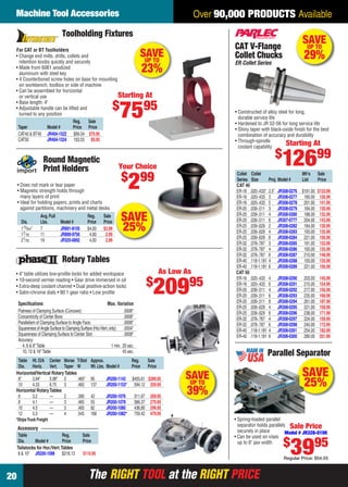 The RIGHT TOOL at the RIGHT PRICEThe RIGHT TOOL at the RIGHT PRICE
Machine Tool Accessories
20
Over 90,000 PRODUCTS Available
SAVEUP TO
39%
• 4" table utilizes low-proﬁle locks for added workspace
• 10-second vernier reading • Gear drive immersed in oil
• Extra-deep coolant channel • Dual positive-action locks
• Satin-chrome dials • 90:1 gear ratio • Low proﬁle
Accessory
Table Reg. Sale
Dia. Model # Price Price
Tailstocks for Hor./Vert.Tables
8 & 10" JR200-1098 $218.13 $115.95
Rotary Tables
*ShipsTruck Freight
Table Ht.O/A Center Morse T-Slot Approx. Reg. Sale
Dia. Horiz. Vert. Taper W Wt.Lbs. Model # Price Price
Horizontal/Vertical RotaryTables
8" 3.94" 5.98" 3 .465" 95 JR200-1143 $455.61 $289.95
10 4.33 6.75 3 .465 137 JR200-1153* 594.12 359.95
Horizontal RotaryTables
6 3.2 — 2 .390 42 JR200-1076 311.97 209.95
8 4.1 — 3 .465 55 JR200-1078 386.37 279.95
10 4.5 — 3 .465 82 JR200-1080 436.80 299.95
12 5.3 — 4 .545 168 JR200-1082* 759.42 479.95
Speciﬁcations Max. Variation
Flatness of Clamping Surface (Concave): .0006"
Concentricity of Center Bore: .0008"
Parallelism of Clamping Surface to Angle Face: .0008"
SquarenessofAngleSurfacetoClampingSurface(Hor./Vert.only): .0004"
Squareness of Clamping Surface to Center Slot: .0008"
Accuracy:
4, 6 & 8"Table 1 min. 20 sec.
10, 12 & 16"Table 45 sec.
As Low As
$
20995
Toolholding Fixtures
• Change end mills, drills, collets and
retention knobs quickly and securely
• Made from 6061 anodized
aluminum with steel key
• 4 Counterbored screw holes on base for mounting
on workbench, toolbox or side of machine
• Can be assembled for horizontal
or vertical use
• Base length: 4"
• Adjustable handle can be lifted and
turned to any position
For CAT or BT Toolholders
Reg. Sale
Taper Model # Price Price
CAT40 & BT40 JR404-1522 $99.34 $75.95
CAT50 JR404-1524 103.53 85.95
SAVEUP TO
23%
Starting At
$
7595
SAVE
25%
Parallel Separator
• Spring-loaded parallel
separator holds parallels
securely in place
• Can be used on vises
up to 6" jaw width
Sale Price
Model # JR328-0100
$
3995
Regular Price: $54.55
SAVEUP TO
29%
CAT V-Flange
Collet Chucks
ER Collet Series
• Constructed of alloy steel for long,
durable service life
• Hardened to JR 52-56 for long service life
• Shiny taper with black-oxide ﬁnish for the best
combination of accuracy and durability
• Through-spindle
coolant capability
Collet Collet Mfr’s Sale
Series Size Proj. Model # List Price
CAT 40
ER-16 .020-.433" 2.5" JR308-0276 $191.00 $133.99
ER-16 .020-.433 3 JR308-0277 180.00 126.99
ER-16 .020-.433 5 JR308-0278 201.00 141.99
ER-20 .039-.511 3 JR308-0279 184.00 130.99
ER-20 .039-.511 4 JR308-0280 188.00 132.99
ER-20 .039-.511 6 JR307-0777 204.00 143.99
ER-25 .039-.629 2 JR308-0282 184.00 130.99
ER-25 .039-.629 4 JR308-0283 193.00 135.99
ER-25 .039-.629 6 JR308-0284 221.00 156.99
ER-32 .078-.787 3 JR308-0285 191.00 133.99
ER-32 .078-.787 4 JR308-0286 193.00 135.99
ER-32 .078-.787 6 JR308-0287 210.00 148.99
ER-40 .118-1.181 4 JR308-0288 193.00 135.99
ER-40 .118-1.181 6 JR308-0289 221.00 156.99
CAT 50
ER-16 .020-.433 4 JR308-0290 203.00 145.99
ER-16 .020-.433 6 JR308-0291 215.00 154.99
ER-20 .039-.511 4 JR308-0292 217.00 156.99
ER-20 .039-.511 6 JR308-0293 235.00 168.99
ER-20 .039-.511 8 JR308-0294 261.00 187.99
ER-25 .039-.629 4 JR308-0295 221.00 158.99
ER-25 .039-.629 6 JR308-0296 238.00 171.99
ER-32 .078-.787 4 JR308-0297 224.00 159.99
ER-32 .078-.787 6 JR308-0298 240.00 172.99
ER-40 .118-1.181 4 JR308-0301 254.00 182.99
ER-40 .118-1.181 6 JR308-0300 280.00 201.99
Starting At
$
12699
SAVE
25%
Avg.Pull Reg. Sale
Dia. Lbs. Model # Price Price
113⁄64" 7 JR891-8105 $4.00 $2.99
17⁄16 11 JR890-9756 4.00 2.99
21⁄32 19 JR325-6892 4.00 2.99
• Does not mark or tear paper
• Magnetic strength holds through
many layers of print
• Ideal for holding papers, prints and charts
against partitions, machinery and metal desks
Round Magnetic
Print Holders Your Choice
$
299
20-21 EH 13-09 MTA.indd 2020-21 EH 13-09 MTA.indd 20 8/8/13 8:14 AM8/8/13 8:14 AM
 