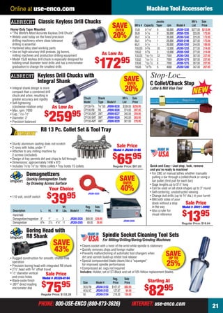 PHONE: 800-USE-ENCO (800-873-3626) INTERNET: use-enco.comPHONE: 800-USE-ENCO (800-873-3626) INTERNET: use-enco.com
Machine Tool Accessories
21
Online at use-enco.com
SAVEOVER
20%
Keyless Drill Chucks with
Integral Shank
• Integral shank design is more
compact than a combined drill
chuck and arbor, resulting in
greater accuracy and rigidity
• Self-tightening
(clockwise rotation only)
• Max. rpm: 7000
• Cap.: 1⁄32-1⁄2"
• Diameter: 2"
• Precision balanced
Chuck Shank Mfr’s Sale
Model Type Model # List Price
CP130-5⁄8 5⁄8" SS JR890-9230 $339.00 $259.95
CP130-R8 R8 JR890-9226 374.00 287.95
CP130-2MT 2MT JR890-9227 340.00 259.95
CP130-3MT 3MT JR890-9228 342.00 263.95
CP130-4MT 4MT JR890-9229 361.00 278.95
As Low As
$
25995
Reg. Sale
Size Model # Price Price
30 & R8 JR240-3152 $107.57 $82.95
40 & 5C JR240-3153 127.87 94.49
50 JR240-3154 218.20 159.95
Spindle Socket Cleaning Tool Sets
For Milling/Drilling/Boring/Grinding Machines
• Cleans socket with a twist of the wrist while spindle is stationary
• Quickly removes chips and foreign matter
• Prevents malfunctioning of automatic tool changers when
dirt and varnish build-up inhibit tool release
• Special compounded blade cleans like a “squeegee”
for improved spindle performance
• Compressed air, rags not required
Includes: Holder, set of ST-Black and set of VR-Yellow replacement blades.
Starting At
$
8295
y
ent blades
SAVEUP TO
25%
SAVEOVER
20%
Classic Keyless Drill Chucks
Heavy-Duty Taper Mounted
• “The World’s Most Accurate Keyless Drill Chuck”
• Widely used today on the ﬁnest precision
drilling machinery where close tolerance
drilling is essential
• Hardened alloy steel working parts
• Use on high-accuracy drill presses, jig borers,
milling machines and production drilling equipment
• Model 15J0 keyless drill chuck is especially designed for
holding small diameter twist drills and has a micrometer
graduation to change the smallest drills
Jacobs Mfr’s Sale
Mfr’s # Capacity Taper rpm Model # List Price
15J0 0-1⁄16" 0 50,000 JR290-1230 $277.00 $213.99
30J0 0-1⁄8 0 35,000 JR290-1235 225.00 172.95
30J1 0-1⁄8 1 35,000 JR290-1240 225.00 172.95
50J1 0-3⁄16 1 25,000 JR505-2198 227.00 175.00
65J1 0-1⁄4 1 20,000 JR290-1250 244.00 189.00
100J33 0-3⁄8 33 12,000 JR290-1255 277.00 214.00
100J2 0-3⁄8 2 12,000 JR290-1260 277.00 214.00
130J33 1⁄32-1⁄2 33 7000 JR290-1265 307.00 237.95
130J2 1⁄32-1⁄2 2 7000 JR290-1270 307.00 237.95
130J6 1⁄32-1⁄2 6 7000 JR290-1275 307.00 237.95
160J6 1⁄8-5⁄8 6 4000 JR290-1280 347.00 267.95
As Low As
$
17295
R8 13 Pc. Collet Set & Tool Tray
• Sturdy aluminum casting does not scratch
• 2 rows with holes under 1"
• Attaches to any milling machine by
2 screws (included)
• Design of tray permits dirt and chips to fall through
• Dimensions: approximately 14W x 9"D
• Includes 1⁄8 to 7⁄8" by 16ths collets • Tray holds 15 collets
Sale Price
Model # JR240-3180
$
6595
Regular Price: $97.83
Sale Price
Model # JR411-0092
$
1395
Regular Price: $16.84
Quick and Easy—Just stop, lock, remove
and you’re ready to machine!
• For CNC or manual lathes whether manually
pulling a bar through a collet/chuck or using a
bar puller (ﬁrst pull for each bar)
• Gage lengths up to 51⁄2" long
• Can be used on all stock shapes up to 3" round
• Self-centering, unobstructed viewing
• Change dull drills (up to 3⁄4" dia.) in your turret
• Mill both sides of your
stock without a stop
in the way
• Also a ruler for
visual reference
C Collet/Chuck Stop
Lathe & Mill Vise Tool
SAVE
43%
Boring Head with
R8 Shank
• Rugged construction for smooth, chatter-free
operation
• Precision boring head with integrated R8 shank
• 21⁄2" head with 3⁄4" offset travel
• 1⁄2" diameter vertical
and cross holes
• Black-oxide ﬁnish
• .001" direct reading
micrometer dial
Sale Price
Model # JR328-0184
$
7595
Regular Price: $133.28
Wt. Reg. Sale
Description L Ht. W Lbs. Model # Price Price
Hand-held
Demagnetizer/magnetizer 9" 1" — 3 JR285-2520 $69.00 $39.95
Demagnetizer 63⁄4 31⁄2 41⁄4" 11 JR285-2505 69.00 39.95
Demagnetizers
Quickly Demagnetize Tools
by Drawing Across Surface
• 110 volt, on/off switch
Your Choice
$
3995
SAVEOVER
40%JR285-2520
JR285-2505
20-21 EH 13-09 MTA.indd 2120-21 EH 13-09 MTA.indd 21 8/8/13 8:14 AM8/8/13 8:14 AM
 