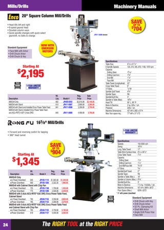 The RIGHT TOOL at the RIGHT PRICEThe RIGHT TOOL at the RIGHT PRICE24
Machinery ManualsMills/Drills
SAVEUP TO
$
904
• Forward and reversing switch for tapping
• 360° head swivel
163⁄8" Mill/Drills
• Drill Chuck with Key
• Drill Chuck Arbor
• 52 Pc. Clamping Kit
• Shell Mill Arbor
• Angle Drill Press Vise
• Face Mill
Standard Equipment
Speciﬁcations
Speeds: 150-3000 rpm
Swing: 163⁄8"
Long.TableTravel: 17"
TableWork Surface Area: 81⁄4 x 281⁄2"
CrossTableTravel: 71⁄4"
Capacity:
Drilling Steel: 11⁄4"
Drilling Cast Iron: 11⁄2"
End Mill/Face Mill: 3⁄4"/3"
4T-Slots: 5⁄8"
Spindle/QuillTravel: 5"*
SpindleTaper: R8
Spindle toTable (Max.): 18"
Spindle to Column (Max.): 65⁄8"
Spindle/Quill Dia.: 3"
Motor & Electrics: 11⁄2 hp, 110/220v, 1 ph.
Machine Dimensions: 431⁄2H x 38W x 36"D
Floor Space (Max.): 62W x 50"D
* 4" with power downfeed
1-YEAR LIMITED
WARRANTY
Starting At
$
1,345
Wt. Reg. Sale
Description Lbs. Model # Price Price
Mill/Drill Only
w/o Power Downfeed 645 JR105-1110 $1,583.38 $1,345.00
w/Power Downfeed 690 JR105-1300 2,322.30 1,995.95
Mill/Drill with Cabinet Stand with Chip Pan
w/o Power Downfeed 725 JR105-1108 1,709.98 1,453.00
w/Power Downfeed 775 JR105-1298 2,509.98 2,249.95
Mill/Drill with 2-Axis ACU-RITE®
VUE DRO, Enco PowerTable Feed,
Cabinet Stand
w/o Power Downfeed 765 JR240-7152 3,359.98 2,855.00
w/Power Downfeed 785 JR240-7154 4,099.98 3,279.95
Mill/Drill with 3-Axis ACU-RITE®
VUE DRO, Enco PowerTable Feed
and Cabinet Stand with Chip Pan
w/o Power Downfeed 765 JR240-7155 3,759.98 3,195.00
w/Power Downfeed 818 JR240-7157 4,499.98 3,595.95
JR411-0089 shown
20" Square Column Mill/Drills
Starting At
$
2,195
Speciﬁcations
Table Size: 91⁄2 x 311⁄2"
6 Spindle Speeds: 120, 210, 345, 670, 1180, 1970 rpm
Capacity:
Drilling Steel: 19⁄16"
Drilling Cast Iron: 13⁄4"
End Mill: 11⁄4"
Face Mill: 31⁄8"
TableTravel (Longitudinal): 22"
CrossTableTravel: 8"
4T-Slots: 1⁄2"W
Spindle QuillTravel: 43⁄4"
SpindleTaper: R8
Spindle/Quill Dia.: 3"
Spindle toTable (Max): 183⁄4"
HeadTilt: 90° L, 90° R
Motor & Electrics: 2 hp, 220v, 1 ph.
Prewired: 220v, 1 ph.
Machine Dimensions: 421⁄2W x 28D x 57"H
Max.ﬂoor space req.: 771⁄8W x 311⁄2"D
1-YEAR LIMITED
WARRANTY
Wt. Reg. Sale
Description Lbs. Model # Price Price
Mill/Drill Only 662 JR405-0593 $2,616.98 $2,195.00
Mill/Drill with Stand 810 JR411-0087 2,899.99 2,395.00
Mill/Drill with Stand and Installed Enco PowerTable Feed 841 JR411-0088 3,299.99 2,795.00
Mill/Drill with Stand, Installed Enco PowerTable Feed
and ACU-RITEVUE®
2-Axis DRO 845 JR411-0089 4,499.99 3,795.00
• Head tilts left and right
• 6-speed geared head
• Dovetail column ways
• Quick spindle changes with quick select
gearshift, no belts to change
SAVEUP TO
$
704
• Face Mill with Arbor
• Drill Chuck Arbor
• Drill Chuck & Key
Standard Equipment
NOW WITH
EMERSON
MOTORS
24-25 EH 13-09 MD_M.indd 2424-25 EH 13-09 MD_M.indd 24 8/8/13 8:17 AM8/8/13 8:17 AM
 