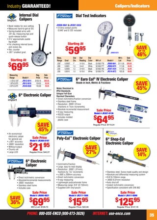 PHONE: 800-USE-ENCO (800-873-3626) INTERNET: use-enco.comPHONE: 800-USE-ENCO (800-873-3626) INTERNET: use-enco.com 35
Industry GUARANTEED! Calipers/Indicators
Measuring Reg. Sale
Range Model # Price Price
1.125-2.125" JR612-5814 $103.16 $69.95
1.875-2.875 JR612-5818 124.02 82.95
2.875-3.875 JR240-0028 145.98 99.95
• Bezel rotates for zero setting
• Measures hard-to-get-at IDs
• Spring-loaded arms with
.04" dia. measuring tips and
quick-release button
• 31⁄4" approximate usable
leg length
• For checking internal bores
and recess dia.
• Rev. counter
• .001" smallest grad.
Internal Dial
Calipers
Starting At
$
6995
SAVE
45%
6" Electronic Caliper
• An economical
electronic caliper
for general use
• ±.001" accuracy
• .0005" resolution
• Without output
• Thumb roll
• Large LCD
Sale Price
Model # JR308-0197
$
2195
Regular Price: $40.27
Sale Price
Model # JR890-9821
$
6995
Mfr’s List: $109.75
SAVE
36%
• Direct inch/metric conversion
• Absolute/incremental measurements
• .0005" resolution
• Stainless steel frame
• Includes case
6" Electronic
Caliper
SAVE
45%Water Resistant to
IP54 Standards
Unique Full-Size
Decimal Characters
• Direct inch/metric/fraction conversion
• Stainless steel frame
• Resolution: .0005"/.01mm
(fractions in 1⁄64th increments)
• Absolute incremental measurement
• 4-way measuring
• RS232 output
• Includes molded
plastic case
6" Euro Cal®
IV Electronic Caliper
Reads in Inch, Metric & Fractions
Sale Price
Model # JR307-0136
$
6495
Regular Price: $119.24
Sale Price
Model # JR411-0090
$
12595
Regular Price: $147.18
• Stainless steel, Swiss-made quality and design
• Absolute and differential measuring system
• 0-6"/0-150mm range
• .0005"/0.01mm resolution
• Auto shut-off
• Instant inch/metric conversion
• Speciﬁcation consistent with DIN 862
6" Shop-Cal
Electronic Caliperr
SAVE
14%
SAVEUP TO
46%
JR890-9841 & JR307-3434
• 2 Extra contact points
0.040" and 0.120" included
Dial Test Indicators
Starting At
$
5995
Meas. Dial Dial Dial Mfr’s Sale
Range Grad Dia. Reading Color Mfr’s # Model # List Price
.030" 0.0005" 1" 0-15-0 Black 52-562-778 JR890-9841 $111.95 $59.95
.008 0.0001 1.5 0-4-0 White 52-563-777 JR890-9375 111.95 84.95
.030 0.0005 1.5 0-15-0 Black 52-562-780 JR307-3434 117.05 62.95
.030 0.0010 1.0 0-15-0 White 52-562-774 JR319-3672 105.30 69.95
JR890-9375
• Inch/metric/fraction
• Large, easy-to-read display
• Resolution: .0005" (.01mm),
fractions by 1⁄64" increments
• ±.008"/±.200mm accuracy
• Direct inch/metric conversion
• 4-way measuring
• Lightweight polycarbonate frame
• Measuring range: 0-6" (0-150mm)
• Supplied with vinyl pouch
Poly-Cal™
Electronic Caliper
Sale Price
Model # JR317-1000
$
1595
Regular Price: $22.00
SAVE
27%
34-35 EH 13-09 CIM.indd 3534-35 EH 13-09 CIM.indd 35 8/8/13 8:23 AM8/8/13 8:23 AM
 