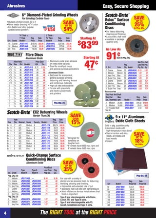 The RIGHT TOOL at the RIGHT PRICE
Easy, Secure Shopping
The RIGHT TOOL at the RIGHT PRICE
Abrasives
4
SAVEUP TO
35%Price Each
Type Type S LessThan Pkg.
Dia. Grade Model # Model # Pkg.Qty. Qty.
Pkg. Qty.: 50
1" Medium JR317-1453 — $ .50 $ .38
11⁄2 Coarse JR240-3564 JR240-3555 .55 .42
11⁄2 Medium JR240-3565 JR240-3556 .55 .42
11⁄2 Very Fine JR240-3566 JR240-3557 .55 .42
2 Coarse JR240-3567 JR240-3558 .71 .54
2 Medium JR240-3568 JR240-3559 .71 .54
2 Very Fine JR240-3569 JR240-3560 .71 .54
Pkg. Qty.: 25
3 Coarse JR240-3570 JR240-3561 1.27 .91
3 Medium JR240-3571 JR240-3562 1.27 .91
3 Very Fine JR240-3572 JR240-3563 1.27 .91
Quick-Change Surface
Conditioning Discs
Aluminum Oxide
Type R are interchangeable with Roloc,
Lockit, TR, and Type III style.
Type S are interchangeable with TS,
Socatt, Speedlock and Type II style.
For use with a variety of
electric and air-powered tools for deburring,
blending, cleaning and ﬁnishing.
• High initial and extended rate of cut
• Maintains high-cut rate with light pressure
• Most efﬁcient on ferrous metals where ﬁnal
ﬁnish is important
SAVEUP TO
25%In Pkg. Qty.
Sale Price Each
Pkg. LessThanPkg.
D Grit Color Qty. Model # Pkg.Qty. Qty.
2" Coarse Brown 50 JR505-6242 $1.21 $ .91
2 Medium Maroon 50 JR505-6245 1.21 .91
2 Very Fine Blue 50 JR505-6248 1.21 .91
2 Super Fine Gray 50 JR505-6251 1.21 .91
3 Coarse Brown 25 JR505-6243 2.32 1.74
3 Medium Maroon 25 JR505-6246 2.32 1.74
3 Very Fine Blue 25 JR505-6249 2.32 1.74
3 Super Fine Gray 25 JR505-6252 2.32 1.74
• For heavy deburring,
cleaning and ﬁnishing
• Locks with a half twist
• Available in package
quantity only
Roloc™
Surface
Conditioning
Discs
As Low As
91¢Each In Pkg. Qty.
Disc Pads And Shaft
Disc Pad Max. Reg. Sale
Dia. Hardness rpm Model # Price Price
2" Medium 25,000 JR505-6258 $16.92 $12.95
3 Medium 18,000 JR505-6260 20.63 14.95
1⁄4"Threaded Shaft JR505-6261* 2.53 1.95
Accessories
*Not 3M
SAVEOVER
15%
• Designed for
durability on
tougher burs
• 6" wheels have 6000 max. rpm and
8" wheels have 4500 max. rpm
EX2 Deburring Wheels
Harder Than EXL
Hole Reg. Sale
Size Dia. Material Grade Density Model # Price Price
6 x 1⁄2" 1" A/O Medium 8 JR317-1738 $56.74 $45.95
6 x 1⁄2 1 S/C Fine 8 JR317-1739 56.74 45.95
6 x 1⁄2 1 S/C Medium 8 JR317-1740 59.02 47.95
6 x 1 1 A/O Medium 8 JR317-1741 79.43 64.95
6 x 1 1 S/C Fine 8 JR317-1742 79.43 64.95
6 x 1 1 S/C Medium 8 JR317-1743 79.43 64.95
6 x 1 1 S/C Fine 9 JR317-1744 79.43 64.95
8 x 1 3 A/O Medium 8 JR317-1747 99.34 80.95
8 x 1 3 S/C Medium 8 JR317-1749 99.34 80.95
8 x 1 3 S/C Fine 9 JR317-1750 99.34 80.95
SAVEUP TO
18%on 100+
Reg. Sale
Grit Model # Price/100 Price/100
60 JR387-8360 $70.01 $65.00
80 JR387-8361 69.00 59.00
100 JR387-8362 60.88 49.95
120 JR387-8363 60.88 49.95
150 JR387-8364 60.88 49.95
180 JR387-8365 60.88 49.95
240 JR387-8366 60.88 49.95
320 JR387-8367 60.88 49.95
9 x 11" Aluminum-
Oxide Cloth Sheets
Sold in pkg. quantities only.
• Aluminum oxide with
high-temperature resin bond
• Use on carbon and alloy
steels, all metals and
hard woods
• Import
Pkg. Qty.: 50
SAVEUP TO
54%
6" Diamond-Plated Grinding Wheels
For Grinding Carbide Tools
• Outlasts vitriﬁed wheels 20 to 1
• Never needs dressing • 11⁄4" arbor
• Fits Baldor and other popular
carbide bench grinders
3⁄4"Thick x 1"Thick x
1" Face Reg. Sale 3⁄4" Face Reg. Sale
Grit Grade Model # Price Price Model # Price Price
100 Coarse JR307-3447 $156.43 $83.99 JR391-5642 $207.68 $93.99
150 Medium JR307-3448 156.43 83.99 JR391-5716 207.68 93.99
220 Fine JR307-3449 156.43 83.99 JR391-5640 207.68 93.99
Starting At
$
8399
Fibre Discs
Aluminum Oxide
• Aluminum-oxide grain abrasive
on heavy ﬁbre backing
• Good for small job shops
and general-purpose applications
Aluminum Oxide
• Best used for economical,
general-purpose grinding,
deburring and blending ferrous
and nonferrous materials
• High cut rate and durability
• For use with pneumatic
and electric power tools
and grinders
Arbor Hole Price Each
Dia. Size Grit Model # 1-24 25+
41⁄2" 7⁄8” 24 JR337-7815 $ .72 $ .53
41⁄2 7⁄8 36 JR337-7816 .70 .52
41⁄2 7⁄8 50 JR337-7817 .66 .49
41⁄2 7⁄8 60 JR337-7818 .65 .48
41⁄2 7⁄8 80 JR337-7819 .62 .48
41⁄2 7⁄8 100 JR337-7820 .62 .48
41⁄2 7⁄8 120 JR337-7821 .64 .47
5 7⁄8 24 JR337-7823 .78 .58
5 7⁄8 36 JR337-7824 .77 .57
5 7⁄8 50 JR337-7825 .74 .55
5 7⁄8 60 JR337-7826 .72 .53
5 7⁄8 80 JR337-7827 .70 .52
7 7⁄8 24 JR337-7831 1.05 .77
7 7⁄8 36 JR337-7832 1.02 .76
7 7⁄8 60 JR337-7834 .96 .70
7 7⁄8 100 JR337-7836 .94 .69
Starting At
47¢
on 25+
Pkg. Qty.: 25
04-05 EH 13-09 AB.indd 404-05 EH 13-09 AB.indd 4 8/8/13 8:01 AM8/8/13 8:01 AM
 