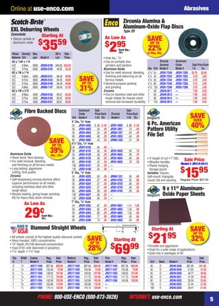 PHONE: 800-USE-ENCO (800-873-3626) INTERNET: use-enco.com
Online at use-enco.com
PHONE: 800-USE-ENCO (800-873-3626) INTERNET: use-enco.com
Abrasives
5
Wheel Density/ Max. Mfr’s Sale
Material Grit rpm Model # List Price
6D x 1⁄2W x 1"H
A/O 8 Med. 6000 JR505-6160 $48.92 $35.59
S/C 9 Fine 6000 JR505-6165 48.92 35.59
6D x 1W x 1"H
A/O 8 Med. 6000 JR505-6161 68.49 49.89
S/C 8 Fine 6000 JR505-6163 68.49 49.89
S/C 9 Fine 6000 JR505-6166 68.49 49.89
S/C 8 Med. 6000 JR990-1147 68.49 51.95
8D x 1W x 3"H
A/O 8 Med. 4500 JR505-6162 85.67 62.29
S/C 8 Fine 4500 JR505-6164 85.67 58.95
S/C 9 Fine 4500 JR505-6167 85.67 59.95
SAVEUP TO
31%
EXL Deburring Wheels
Convolute
• Silicon carbide or
aluminum oxide
Starting At
$
3559
SAVEUP TO
39%Qty.: 25+
Fibre Backed Discs Aluminum Sale Sale
Oxide Price Each Zirconia Price Each
Grit Model # 1-24 25+ Model # 1-24 25+
4" Dia., 5⁄8" Hole
24 JR391-6002 $ .58 $ .49 JR391-2950 $ .88 $ .59
36 JR391-6003 .54 .49 JR391-2951 .72 .49
50 JR391-6004 .54 .39 JR990-1327 .64 .49
60 JR391-6005 .48 .29 JR391-2952 .64 .49
80 JR391-6006 .45 .29 JR990-1329 .57 .39
41⁄2" Dia., 7⁄8" Hole
24 JR391-6102 .64 .49 —
36 JR391-6103 .62 .49 JR391-6602 .95 .79
50 JR391-6104 .58 .39 JR391-6603 .95 .79
60 JR391-6105 .58 .39 JR391-6604 .84 .59
80 JR391-6106 .55 .39 JR391-6605 .79 .59
100 JR391-6107 .55 .39 —
120 JR391-6108 .55 .39 —
5" Dia., 7⁄8" Hole
24 JR391-6202 .63 .39 JR990-1331 .95 .69
36 JR391-6203 .57 .49 JR391-6702 .95 .69
50 JR391-6204 .57 .39 JR391-6703 .80 .59
60 JR391-6205 .57 .49 JR391-6704 .80 .59
80 JR391-6206 .56 .39 JR391-6705 .80 .59
100 JR391-6207 .56 .39 —
120 JR391-6208 .56 .39 —
7" Dia., 7⁄8" Hole
24 JR391-6302 .87 .59 JR391-6801 1.41 1.09
36 JR391-6303 .85 .59 JR391-6802 1.35 .99
50 JR391-6304 .85 .59 JR391-6803 1.25 .89
60 JR391-6305 .77 .59 JR391-6804 .95 .89
80 JR391-6306 .73 .49 JR391-6805 .95 .89
As Low As
29¢Each Qty.:
25+
Aluminum Oxide
• Resin bond, ﬁbre backing
• For weld removal, blending
and ﬁnishing on all ferrous metals
• Long lasting, aggressive
cutting, ﬁrst quality
Zirconia
• Self-sharpening zirconia alumina offers
superior performance on all metals,
including stainless steel and other
tough alloys
• Resists loading, giving longer grinding
life for heavy-duty stock removal
SAVEUP TO
22%In Pkg. Qty.
Zirconia Alumina &
Aluminum-Oxide Flap Discs
Type 29
• Hole dia.: 7⁄8"
• Use on portable disc
grinders and sanders
Aluminum Oxide
• Use for weld removal, blending,
ﬁnishing and deburring on all
ferrous metals
• General-purpose sanding
and grinding
Zirconia
• Use on stainless steel and other
tough metals for heavier stock
removal and increased durability
Zirconia Aluminum
Alumina Oxide Sale Price Each
Dia. Grit Model # Model # 1-9 10+
41⁄2" 24 JR391-7240 JR391-7200 $3.79 $2.95
41⁄2 40 JR391-7242 JR391-7202 3.79 2.95
41⁄2 60 JR391-7244 JR391-7204 3.79 2.95
41⁄2 80 JR391-7246 JR391-7206 3.79 2.95
41⁄2 120 JR391-7248 JR391-7208 3.79 2.95
7 36 JR240-3611 — 7.99 6.65
7 60 JR240-3612 — 7.99 6.65
7 80 JR240-3613 — 7.99 6.65
7 120 JR240-3614 — 7.99 6.65
As Low As
$
295Each Qty.:
10+
SAVEUP TO
32%
9 x 11" Aluminum-
Oxide Paper Sheets
• Durable and aggressive
• Used for a wide range of applications
• Sold only in packages of 50
Reg. Sale
Grit Back Model # Price Price
36 D JR240-3548 $61.89 $41.95
40 D JR240-3549 57.83 41.95
50 D JR240-3550 49.71 39.95
60 D JR240-3551 41.59 35.95
80 D JR240-3552 35.50 23.95
150 C JR240-3553 31.44 21.95
180 A JR240-3554 29.41 21.95
Starting At
$
2195
6 Pc. American
Pattern Utility
File Set
• 4" length of cut • 7" OAL
• Wooden handles
• Plastic hanging
storage pouch
Includes: Square,
half-round, triangular,
round, ﬂat and warding.
Sale Price
Model # JR510-0413
$
1595
Regular Price: $27.53
SAVEOVER
40%
Diamond Straight Wheels
• All wheels consist of the highest quality diamond content
• Resin bonded; 100% concentration
• 1⁄8" Depth (X)/100 diamond concentration
• Type D1A1 with diamonds in periphery
• 1⁄16" depth • 11⁄4" hole
Starting At
$
6999
SAVEUP TO
28%
Dia. Width Coarse Reg. Sale Medium Reg. Sale Fine Reg. Sale
D T Model # Price Price Model # Price Price Model # Price Price
4" 1⁄4" JR317-1538 $97.58 $69.99 JR317-1539 $97.58 $69.99 JR317-1540 $97.58 $69.99
6 1⁄8 JR317-1545 103.48 74.99 JR317-1546 103.48 74.99 JR317-1547 103.48 74.99
6 1⁄4 JR317-1548 148.00 107.99 JR317-1549 148.00 107.99 JR317-1550 148.00 107.99
6 1⁄2 JR317-1551 171.73 124.99 JR317-1552 171.73 124.99 JR317-1553 171.73 124.99
7 1⁄4 JR317-1554 142.96 103.99 JR317-1555 142.96 103.99 JR317-1556 142.96 103.99
7 3⁄8 JR317-1557 163.96 119.99 JR317-1558 163.96 119.99 —
7 1⁄2 JR317-1559 174.13 126.99 JR317-1560 174.13 126.99 —
04-05 EH 13-09 AB.indd 504-05 EH 13-09 AB.indd 5 8/8/13 8:01 AM8/8/13 8:01 AM
 