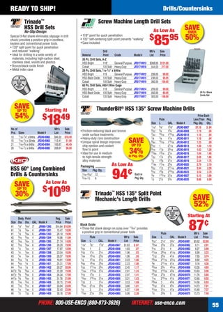 PHONE: 800-USE-ENCO (800-873-3626) INTERNET: use-enco.comPHONE: 800-USE-ENCO (800-873-3626) INTERNET: use-enco.com 55
READY TO SHIP! Drills/Countersinks
SAVE
52%
Flute Mfr’s Sale
Size L OAL Model # List Price
9⁄32" 21⁄4" 33⁄4" JR240-6961 $5.62 $2.68
19⁄64 23⁄8 37⁄8 JR240-6962 6.11 2.91
5⁄16 21⁄2 4 JR240-6963 6.27 2.99
21⁄64 29⁄16 41⁄16 JR240-6964 6.99 3.33
11⁄32 25⁄8 41⁄8 JR240-6965 7.85 3.74
23⁄64 211⁄16 43⁄16 JR240-6966 8.92 4.25
3⁄8 211⁄16 41⁄4 JR240-6967 9.16 4.36
25⁄64 23⁄4 45⁄16 JR240-6968 10.35 4.93
13⁄32 213⁄16 43⁄8 JR240-6969 10.63 5.06
27⁄64 27⁄8 47⁄16 JR240-6970 11.76 5.60
7⁄16 215⁄16 41⁄2 JR240-6971 12.65 6.02
29⁄64 3 45⁄8 JR240-6972 14.56 6.93
15⁄32 31⁄8 43⁄4 JR240-6973 14.73 7.01
31⁄64 31⁄4 47⁄8 JR240-6974 15.48 7.37
1⁄2 33⁄8 5 JR240-6975 15.73 7.49
Flute Mfr’s Sale
Size L OAL Model # List Price
1⁄16" 7⁄8" 17⁄8" JR240-6947 $1.83 $ .87
5⁄64 1 2 JR240-6948 1.83 .87
3⁄32 11⁄4 21⁄4 JR240-6949 1.96 .93
7⁄64 15⁄16 23⁄8 JR240-6950 1.96 .93
1⁄8 17⁄16 21⁄2 JR240-6951 2.23 1.06
9⁄64 19⁄16 25⁄8 JR240-6952 2.23 1.06
5⁄32 111⁄16 23⁄4 JR240-6953 2.45 1.17
11⁄64 113⁄16 27⁄8 JR240-6954 2.61 1.24
3⁄16 17⁄8 3 JR240-6955 2.97 1.41
13⁄64 115⁄16 31⁄8 JR240-6956 3.21 1.53
7⁄32 2 31⁄4 JR240-6957 3.53 1.68
15⁄64 21⁄16 33⁄8 JR240-6958 3.80 1.81
1⁄4 2 31⁄2 JR240-6959 4.07 1.94
17⁄64 21⁄8 35⁄8 JR240-6960 5.00 2.38
Black Oxide
• Three-ﬂat shank design on sizes over 11⁄64" provides
a positive grip in conventional power tools
Trinado™
HSS 135° Split Point
Mechanic’s Length Drills
Starting At
87¢
Special 3-ﬂat shank eliminates slippage in drill
chuck; provides a positive grip in cordless,
keyless and conventional power tools.
• 135° split point for quick penetration
and reduced “walking”
• Ideal for drilling in a wide variety of
materials, including high-carbon steel,
stainless steel, woods and plastics
• Bronze/black-oxide ﬁnish
• Metal index case
Trinado™
HSS Drill Sets
No-Slip Design
No.of Mfr’s Sale
Pcs. Sizes Model # List Price
13 1⁄16-1⁄4" x 64ths JR240-6982 $40.33 $18.49
15 1⁄16-1⁄2 x 32nds JR240-6983 112.41 51.99
21 1⁄16-3⁄8 x 64ths JR240-6984 100.87 46.49
29 1⁄16-1⁄2 x 64ths JR240-6985 209.91 96.99
SAVEUP TO
54%
Starting At
$
1849
• Friction-reducing black and bronze
oxide surface treatments
• Heavy-duty core construction
• Unique spiral design improves
chip ejection and coolant
ﬂow to point
• Ideal for use in medium
to high-tensile strength
alloy materials
SAVE
UP TO
34%In Pkg. Qty.
ThunderBit® HSS 135° Screw Machine Drills
Price Each
Flute LessThan Pkg.
Size L OAL Model # Pkg.Qty. Qty.
1⁄16" 5⁄8" 15⁄8" JR240-6907 $1.18 $ .94
3⁄32 3⁄4 13⁄4 JR240-6909 1.19 .94
7⁄64 13⁄16 113⁄16 JR240-6910 1.18 .94
1⁄8 7⁄8 17⁄8 JR240-6911 1.18 .94
9⁄64 15⁄16 115⁄16 JR240-6912 1.25 .99
5⁄32 1 21⁄16 JR240-6913 1.39 1.10
3⁄16 11⁄8 23⁄16 JR240-6915 1.62 1.28
13⁄64 13⁄16 21⁄4 JR240-6916 1.84 1.46
7⁄32 11⁄4 23⁄8 JR240-6917 2.09 1.66
1⁄4 13⁄8 21⁄2 JR240-6919 2.24 1.75
17⁄64 17⁄16 25⁄8 JR240-6920 2.79 2.19
9⁄32 11⁄2 211⁄16 JR240-6921 2.94 2.29
5⁄16 15⁄8 213⁄16 JR240-6923 3.54 2.79
3⁄8 113⁄16 31⁄8 JR240-6927 5.15 3.99
1⁄2 21⁄4 33⁄4 JR240-6935 8.86 6.99
Size Pkg.Qty.
1⁄16–9⁄32" 12
5⁄16–1⁄2 6
Packaging
Each in
Pkg. Qty.
As Low As
94¢
SAVEOVER
50%
Drill Mfr’s Sale
Material Point Grade Model # List Price
26 Pc. Drill Sets, A-Z
HSS Bright 118° General Purpose JR317-9913 $268.00 $131.00
Cobalt 135 Split Heavy-Duty JR317-9918 444.00 217.00
29 Pc. Drill Sets, 1⁄16-1⁄2" x 64ths
HSS Bright 118 General Purpose JR317-9912 238.00 99.95
HSS Black Oxide 135 Split Heavy-Duty JR317-9915 236.00 95.95
Cobalt 135 Split Heavy-Duty JR317-9919 392.00 159.95
60 Pc. Drill Sets, #60-1Wire Gage
HSS Bright 118 General Purpose JR317-9914 209.00 99.00
HSS Black Oxide 135 Split Heavy-Duty JR317-9916 202.00 85.95
Cobalt 135 Split Heavy-Duty JR317-9917 303.00 148.00
Screw Machine Length Drill Sets
• 118° point for quick penetration
• 135° self-centering split point prevents “walking”
• Case included
29 Pc. Black
Oxide Set
As Low As
$
8595
As Low As
$
1099
HSS 60° Long Combined
Drills & Countersinks
Body Point Reg. Sale
Size Dia. Dia. OAL Model # Price Price
#1 1⁄8" 3⁄64" 3" JR990-1390 $14.84 $10.99
#1 1⁄8 3⁄64 4 JR990-1391 15.47 10.99
#1 1⁄8 3⁄64 6 JR990-1393 28.19 19.99
#2 3⁄16 5⁄64 4 JR990-1394 16.96 11.99
#2 3⁄16 5⁄64 5 JR990-1395 21.74 14.99
#2 3⁄16 5⁄64 6 JR990-1396 28.29 19.99
#3 1⁄4 7⁄64 4 JR990-1397 17.87 12.99
#3 1⁄4 7⁄64 5 JR990-1398 23.54 16.99
#3 1⁄4 7⁄64 6 JR990-1399 28.57 19.99
#4 5⁄16 1⁄8 4 JR990-1400 19.81 13.99
#4 5⁄16 1⁄8 5 JR990-1401 25.31 17.99
#4 5⁄16 1⁄8 6 JR990-1402 29.27 20.99
#41⁄2 3⁄8 9⁄64 4 JR990-1403 22.29 15.99
#41⁄2 3⁄8 9⁄64 5 JR990-1404 26.34 17.99
#41⁄2 3⁄8 9⁄64 6 JR990-1405 31.76 21.99
#5 7⁄16 3⁄16 5 JR990-1406 30.15 21.49
#5 7⁄16 3⁄16 6 JR990-1407 33.84 23.99
#6 1⁄2 7⁄32 5 JR990-1408 32.40 22.99
#6 1⁄2 7⁄32 6 JR990-1409 39.18 27.99
Drills & Cou
SAVEUP TO
30%
54-55 EH 13-09 DRC.indd 5554-55 EH 13-09 DRC.indd 55 8/8/13 8:37 AM8/8/13 8:37 AM
 
