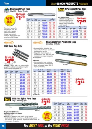 The RIGHT TOOL at the RIGHT PRICEThe RIGHT TOOL at the RIGHT PRICE56
Over 90,000 PRODUCTS AvailableTaps
Starting At
$
749
Thread No.of Thread Reg. Sale
Size Flutes L OAL Model # Price Price
1⁄8"-27 4 3⁄4" 21⁄8" JR313-2303 $10.89 $7.49
1⁄4-18 4 11⁄16 27⁄16 JR313-2306 12.22 8.39
3⁄8-18 4 11⁄16 29⁄16 JR313-2312 15.62 10.89
1⁄2-14 4 13⁄8 31⁄8 JR313-2315 25.99 17.49
3⁄4-14 5 13⁄8 31⁄4 JR313-2318 37.70 23.99
1-111⁄2 5 13⁄4 31⁄4 JR313-2321 59.50 36.99
NPS Straight Pipe Taps
HSS - Medium Hook
• Suitable for tapping holes, or
couplings, for low pressure
work to assemble with taper
threaded pipe or ﬁttings when
a sealer is used
Thread H No.of Price Each
Size Limit Flutes OAL Model # 1-11 12+
2-56 H2 2 13⁄4" JR312-1501 $4.32 $2.92
4-40 H2 2 17⁄8 JR312-1541 2.78 2.10
8-32 H2 2 21⁄8 JR891-4898 2.75 2.40
10-32 H2 2 23⁄8 JR891-4900 2.75 2.40
1⁄4"-28 H2 2 21⁄2 JR326-1640 3.36 2.17
5⁄16-18 H3 2 223⁄32 JR312-1021 2.54 1.79
5⁄16-24 H3 2 223⁄32 JR312-1031 2.54 2.02
3⁄8-16 H3 3 215⁄16 JR312-1041 3.01 2.21
3⁄8-24 H3 3 215⁄16 JR312-1051 3.24 2.47
1⁄2-13 H3 3 33⁄8 JR312-1081 4.85 4.16
1⁄2-20 H3 3 33⁄8 JR312-1091 6.07 4.16
HSS Spiral Point Taps
Plug Style • Ground Threads
Spiral point taps are the
most efﬁcient, rigid and
useful cutting taps and
are recommended for
through holes in most
materials. Plug style taps have
up to ﬁve chamfer threads.
Starting At
$
179SAVEUP TO
35%On 12+
Thread Thread Plug Bottoming Reg. Sale
Size Limit OAL Model # Model # Price Price
6-32 H3 2" JR314-7051 JR314-7052 $5.44 $3.59
8-32 H3 21⁄8 JR314-7071 — 5.44 3.59
10-32 H3 23⁄8 JR314-7091 JR314-7092 5.44 3.59
1⁄4"-20 H3 21⁄2 — JR314-6002 5.89 3.59
1⁄4-28 H3 21⁄2 JR314-6011 JR314-6012 5.89 3.59
5⁄16-18 H3 223⁄32 JR314-6021 JR314-6022 7.30 4.59
3⁄16-24 H3 222⁄32 JR314-6031 JR314-6032 7.14 4.59
3⁄8-16 H3 215⁄16 JR314-6041 JR314-6042 8.42 6.59
3⁄8-24 H3 215⁄16 JR314-6051 JR314-6052 8.52 6.59
1⁄2-13 H3 33⁄8 JR314-6081 JR314-6082 15.13 10.59
HSS Fast Spiral Flute Taps
Plug & Bottoming Style
Plug Chamfer: 3-5 Threads
Bottoming Chamfer: 1-2 Threads
• Ground thread
• Approx. 52° helix—best used on very ductile materials
• Used in blind holes to draw chips out of soft, stringy materials
such as brass, copper, aluminum, magnesium, die-cast metals, etc.
• Increases chip lifting action
Bottoming
Plug
SAVEUP TO
39%
As Low As
$
359
HSS Hand Tap Sets
Thread Thread Thread Low
Size Type Limit Model # Price
4-40 NC H2 JR337-3945 $13.02
6-32 NC H3 JR337-3951 9.90
8-32 NC H3 JR337-3955 10.30
10-24 NC H3 JR337-3959 10.56
10-32 NF H3 JR337-3962 10.56
12-24 NC H3 JR337-3963 11.52
1⁄4"-20 NC H3 JR337-3967 11.38
1⁄4-28 NF H3 JR337-3971 11.38
5⁄16-18 NC H3 JR337-3975 14.03
5⁄16-24 NF H3 JR337-3979 14.03
3⁄8-16 NC H3 JR337-3982 15.85
3⁄8-24 NF H3 JR337-3985 15.85
1⁄2-13 NC H3 JR337-3990 28.63
1⁄2-20 NF H3 JR337-3991 32.06
Per Set
• Ground thread
Includes: 1 each of taper (7-10 thread chamfer),
plug (3-5 thread chamfer) and bottoming (1-2
thread chamfer) straight ﬂute tap.
As Low As
$
990
HSS Spiral Point Plug Style Taps
Uncoated & TiN Coated
• Recommended for through or blind
holes which allow for chip accumulation
in the bottom of the hole
• Designed for machine tapping in
through holes in steel, steel alloys, iron,
brass, aluminum, copper and plastic
• Ground thread
TiN Coated
• Offers outstanding wear resistance,
reduces friction and prevents galling
• Allows for increased tapped feeds to
improve productivity
TiN Coated
No.of H Uncoated Low TiN Coated Low
Size Flutes Limit Model # Price Model # Price
2-56 2 H2 JR337-4334 $6.40 JR337-4484 $7.74
4-40 2 H2 JR337-4345 4.12 JR337-4492 5.83
6-32 2 H2 JR337-4363 4.07 JR337-4498* 5.05
8-32 2 H3 JR337-4377 3.49 JR337-4502 5.05
10-24 2 H3 JR337-4390 3.49 JR337-4506 5.36
10-32 2 H3 JR337-4397 3.60 JR337-4509 5.36
1⁄4"-20 2 H3 JR337-4408 3.14 JR337-4513 5.38
1⁄4-28 2 H3 JR337-4417 3.49 JR337-4517 5.87
5⁄16-18 2 H3 JR337-4423 3.76 JR337-4520 5.87
5⁄16-24 2 H3 JR337-4432 3.76 JR337-4523 6.68
3⁄8-16 3 H3 JR337-4439 4.47 JR337-4526 7.93
3⁄8-24 3 H3 JR337-4445 4.80 JR337-4529 8.35
1⁄2-13 3 H3 JR337-4457 7.19 JR337-4537 11.87
1⁄2-20 3 H3 JR337-4461 8.99 JR337-4540 13.42
As Low As
$
314
*H3 thread limit
56-57 EH 13-09 Taps.indd 5656-57 EH 13-09 Taps.indd 56 8/8/13 8:38 AM8/8/13 8:38 AM
 