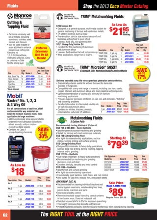 The RIGHT TOOL at the RIGHT PRICEThe RIGHT TOOL at the RIGHT PRICE
Fluids
62
Shop the 2013 Enco Master Catalog
Price Each
Case LessThan Case
Description Size Qty. Model # Case Qty.
TRIM®
E206 1 gal. Jug 1 JR319-3910 — $24.00
TRIM®
E206 5 gal. Pail 1 JR319-3911 — 109.00
TRIM®
SOL 1 gal. Bottle 4 JR319-3899 $25.98 21.95
TRIM®
SOL 5 gal. Pail 1 JR319-3900 — 105.00
TRIM®
Metalworking Fluids
E206 Soluble Oil
• Designed as a general-purpose, multi-metal coolant for
general machining of ferrous and nonferrous metals
• EP additive controls built-up edge
• Fine-emulsion particle size reduces carry-off and
facilitates getting ﬂuid to point of cut
• Leaves a ﬂuid, oily, non-gumming ﬁlm
SOL®
Heavy-Duty Soluble Oil
• Excellent for the machining of aluminum
and aluminum alloys
• Leaves a ﬂuid residue that will not varnish up
• Wide applications range from 3 to 25%
As Low As
$
2195Ea. In
Case Qty.
SAVEUP TO
30%
Reg. Sale
Description Size Model # Price Price
No. 1
5 gal. JR893-2096 $118.89 $84.00
No. 2
1 gal. JR505-1987 26.02 18.00
5 JR505-1988 105.80 85.00
No. 3
5 gal. JR328-1135 105.61 93.00
No. 4
1 gal. JR505-1989 26.02 18.00
5 JR505-1990 107.77 85.00
For all combinations of cast iron, steel
and nonmetallic way materials on
small-to-medium machine tools; ﬂood
application in large machines.
• Additives eliminate stick-slip and chatter
under thin-ﬁlm lubrication conditions;
allows smooth, uniform motion
even at low table speeds
• Contains no Class 1
ozone-depleting chemicals
Vactra®
No. 1, 2, 3
& 4 Way Oil
As Low As
$
18
SAVEUP TO
17%Delivers extended sump life versus previous generation semisynthetics.
• Dramatically extends useful life without the need for tank-side
biocides or fungicides
• Compatible with a very wide range of material, including cast iron, steels,
copper, titanium and aluminum alloys, and many plastics and composites
• Optimized combination of cooling and lubricity for titanium
machining applications
• Provides superior corrosion inhibition on cast iron and eliminates “hot chip”
and clinkering problems
• Excellent alternative to chlorinated soluble oils
on high-silica aluminum alloys
• Contains no nitrites, triazines, phenols,
chlorinated or sulfurized EP additives
Reg. Sale
Size Model # Price Price
1 gal. JR404-3030 $29.20 $24.00
5 JR404-3031 124.01 109.00
TRIM®
MicroSol®
585XT
Extended-Life, Nonchlorinated Semisynthetic
Performs
Extremely
Well On All
Metals!
Cutting &
Tapping Fluid
• Performs extremely well
on all metals, including
aluminum, stainless steel,
Inconel and titanium
• May be used straight or
as an additive to enhance
inexpensive cutting oils
Contains no
1,1,1-Trichloroethane,
methylene chloride, sulfur
or chlorine — Safe
for the ozone layer
Price Each
Case LessThan Case
Size Qty. Model # Case Qty.
4 oz.Spout Top 24 JR319-3896 $2.64 $1.99
16 oz.Aerosol 12 JR319-3897* 14.04 9.99
1 pt.Can 12 JR891-4158 9.13 6.49
1 gal.Can 2 JR505-1978 54.65 38.98
5 gal.Pail 1 JR505-2032 159.00
*No air shipment
Oak Signature Reg. Sale
Model No. Model # Price Price
DSY 4100 JR893-1987 $83.63 $79.39
DSS 700 JR893-1986 103.86 98.69
DSS 800 JR893-1985 123.98 117.79
DSS T-TECH JR893-1984 115.53 109.75
Metalworking Fluids
5 Gallon Pails
OAKWASH®
DSC AL
• Recommended for cleaning individual machine and
central system reservoirs, metalworking ﬂuid lines,
premix tanks, machines and parts
• Improves rancidity control
• Removes insoluble soaps from dirty central systems
in hard water areas. Does not redeposit soil
• Can also be used at 4% to 5% for aluminum quenching
• Thoroughly removes chip deposits and tramp oil
• Protect machines and parts, both ferrous and nonferrous, from rusting during cleaning
Recommended starting dilution of 5% for all.
DSS 700 & DSS 800— Semi-Synthetic
• Ideal for general-purpose machining and grinding
• Suited for ferrous and most nonferrous materials
DSS 700 Cutting/Grinding Fluid
• For light- to moderate-duty applications, such as
milling, turning, drilling and surface grinding
DSS Cutting/Grinding Fluid
• Designed for moderate- to heavy-duty applications,
such as deep hole drilling, boring, reaming, tapping,
internal and/or grinding
DSS T-TECH—Synthetic
• Duty range: moderate- to heavy-duty operations
• Recommended for machining and grinding
aluminum, iron and steel
• Excellent lubricity, rancidity and mold control
DSY 4100—Synthetic
• Ideal for roll and surface grinding
• For light- to moderate-duty operations
• Exceptionally good bacteria, mold, foam, and rust control
• Best suited for cast iron, nodular iron, and carbon steels
Starting At
$
7939
Sale Price
Model # JR893-1988
$
89Regular Price: $95.19
62-63 EH 13-09 Fluids.indd 6262-63 EH 13-09 Fluids.indd 62 8/8/13 8:42 AM8/8/13 8:42 AM
 