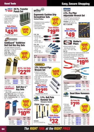 The RIGHT TOOL at the RIGHT PRICEThe RIGHT TOOL at the RIGHT PRICE64
Easy, Secure ShoppingHand Tools
Sale Price
Model # JR327-4269
$
49Mfr’s List: $71.58
4 Pc. Pro Plier
Adjustable Wrench Set
ProTouch™ grips provide extra
comfort for less hand fatigue.
Includes: 6, 8, 10, 12";
supplied with plastic tray.
Mfr’s # 2078706
SAVEUP TO
45%
Mfr’s Sale
Set Model # List Price
9 Pc.Metric JR308-0643 $20.60 $11.39
13 Pc.Inch JR308-0642 25.45 13.99
22 Pc.Combo JR308-0641 40.00 22.99
GoldGuard™
Balldriver
Ball End Hex Key Sets
14K Gold Plated for Corrosion
Resistance & Easy Identiﬁcation
9 Pc. Set—1.5-10mm
13 Pc. Set—.050-3⁄8"
22 Pc. Combo Set—
.050-3⁄8" and 1.5-10mm
22 Pc. Set Only
$
2299 SAVE
15%
3 Pc. Internal Pipe
Wrench Set
• Ideal for removing
broken threaded pipe
ends, plugs and ﬁttings
• Hex body for use with wrench
• 33⁄4" OAL
• Heat-treated alloy steel,
plated to prevent rust
Includes: 3⁄8, 1⁄2 & 3⁄4".
Sale Price
Model # JR891-6164
$
1295
Regular Price: $15.30
Mfr’s Sale
Set Model # List Price
9 Pc.Metric JR505-0308 $17.45 $6.95
13 Pc.Inch JR505-0307 20.98 7.95
22 Pc.Combo JR800-0177 38.45 10.95
• Ball design
allows 360° rotation at a 30° angle
9 Pc. Metric Set: Sizes: 1.5-10mm
13 Pc. Fractional Set: Sizes: .050-3⁄8"
22 Pc. Combination Set: (13): .050-3⁄8",
(9): 1.5-10mm
Ball-Hex-L™
Key Sets
22 Pc. Set Only
$
1095
P S t O l
SAVEUP TO
70%
SAVE
14%
28 Pc. Transfer
Punch Set
• For accurate transferring
of drilled or tapped holes
• Heat-treated steel
• Stand included
Sizes: 3⁄32-1⁄2" x
64ths & 17⁄32".
Sale Price
Model # JR505-0438
$
4595
Regular Price: $53.77
Starting At
$
1995
Welder’s
Pliers
• Spring loaded for easy
opening and closing
• Jaw L: 13⁄4" • 81⁄2" OAL
Use for:
• Spatter removal from inside and outside nozzle
• Tip & nozzle removal and installation
• Hammering • Gripping & cutting wire
• Insulation bushing
removal and installation
Matador
Welper
Holster
Holster
Reg. Sale
Description Model # Price Price
Matador JR327-9613 $30.40 $19.95
Welper-Insulated Handle JR327-9614 43.52 32.95
Accessory
Holster JR327-9615 21.83 15.95
r’s
SAVEUP TO
34%
Your Choice
$
1995
5 Pc. Set
• Slotted tips:
1⁄8 x 4", 5⁄32 x 4",
1⁄4 x 6"
• Phillips tips:
#1 x 3", #2 x 4"
No.of Mfr’s Sale
Pcs. Mfr’s # Model # List Price
5 30295 JR510-0316 $34.74 $19.95
6 46094 JR510-0315 30.68 19.95
Ergonomic Cushion Grip
Screwdriver Sets
Slotted/Phillips
• Hardened chrome vanadium
molybdenum steel
• Round shank
• Corrosion-resistant,
hard-nickel ﬁnish
6 Pc. Set
• Slotted tips: 1⁄8 x 4",
5⁄32 x 4", 3⁄16 x 5",
1⁄4 x 6"
• Phillips tips:
#1 x 3", #2 x 4"
SAVEUP TO
42%
Face Reg. Sale
Weight Dia. OAL Model # Price Price
10 oz. 11⁄4" 105⁄8" JR990-3137 $12.20 $7.95
17 17⁄16 11 JR990-3138 14.64 8.95
24 13⁄4 12 JR990-3139 19.52 11.95
36 23⁄16 139⁄16 JR990-1969 22.57 13.95
48 23⁄8 143⁄4 JR990-1970 28.67 17.95
• Hot-cast,
one-piece
construction
• Shot loaded
• Steel-reinforced
• No exposed metal
Dead Blow Hammers
As Low As
$
795
SAVEUP TO
38%
Includes:
8, 12, 16, 24 & 32 oz.
5 Pc. Ball Pein
Hammer Set
Fiberglass Handles
Sale Price
Model # JR505-0288
$
32Regular Price: $36.53
SAVEOVER
10%
64-65 EH 13-09 HT.indd 6464-65 EH 13-09 HT.indd 64 8/8/13 8:44 AM8/8/13 8:44 AM
 