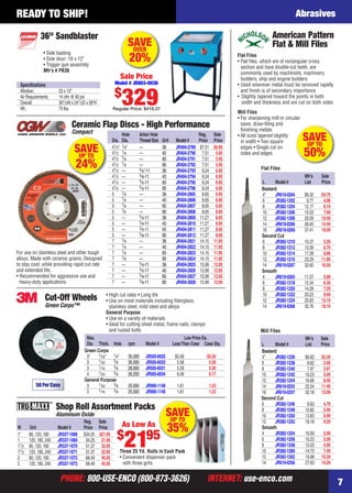 PHONE: 800-USE-ENCO (800-873-3626) INTERNET: use-enco.com
READY TO SHIP!
PHONE: 800-USE-ENCO (800-873-3626) INTERNET: use-enco.com
Abrasives
7
• Side loading
• Side door: 18 x 12"
• Trigger gun assembly
Mfr’s # PK36
36" Sandblaster
Speciﬁcations
Window: 23 x 13"
Air Requirements: 14 cfm @ 90 psi
Overall: 361⁄2W x 241⁄2D x 58"H
Wt.: 75 lbs.
Sale Price
Model # JR803-0036
$
329Regular Price: $416.37
SAVEOVER
20%
Hole Arbor Hole Reg. Sale
Dia. Dia. ThreadSize Grit Model # Price Price
41⁄2" 7⁄8" — 36 JR404-2789 $7.51 $5.95
41⁄2 7⁄8 — 40 JR404-2790 7.51 5.95
41⁄2 7⁄8 — 60 JR404-2791 7.51 5.95
41⁄2 7⁄8 — 80 JR404-2792 7.51 5.95
41⁄2 — 5⁄8"-11 36 JR404-2793 9.24 6.95
41⁄2 — 5⁄8-11 40 JR404-2794 9.24 6.95
41⁄2 — 5⁄8-11 60 JR404-2795 9.24 6.95
41⁄2 — 5⁄8-11 80 JR404-2796 9.24 6.95
5 7⁄8 — 36 JR404-2805 8.65 6.95
5 7⁄8 — 40 JR404-2806 8.65 6.95
5 7⁄8 — 60 JR404-2807 8.65 6.95
5 7⁄8 — 80 JR404-2808 8.65 6.95
5 — 5⁄8-11 36 JR404-2809 11.27 8.95
5 — 5⁄8-11 40 JR404-2810 11.27 8.95
5 — 5⁄8-11 60 JR404-2811 11.27 8.95
5 — 5⁄8-11 80 JR404-2812 11.27 8.95
7 7⁄8 — 36 JR404-2821 14.15 11.95
7 7⁄8 — 40 JR404-2822 14.15 11.95
7 7⁄8 — 60 JR404-2823 14.15 11.95
7 7⁄8 — 80 JR404-2824 14.15 11.95
7 — 5⁄8-11 36 JR404-2825 15.99 12.95
7 — 5⁄8-11 40 JR404-2826 15.99 12.95
7 — 5⁄8-11 60 JR404-2827 15.99 12.95
7 — 5⁄8-11 80 JR404-2828 15.99 12.95
For use on stainless steel and other tough
alloys. Made with ceramic grains. Designed
to stay cool, while providing rapid cut rate
and extended life.
• Recommended for aggressive use and
heavy-duty applications
Ceramic Flap Discs - High Performance
Compact
SAVEUP TO
24%
SAVEUP TO
35%
Reg. Sale
W Grit Model # Price Price
1" 80, 120, 180 JR337-1068 $34.25 $21.95
1 120, 180, 240 JR337-1069 34.25 21.95
11⁄2 80, 120, 180 JR337-1070 51.37 32.95
11⁄2 120, 180, 240 JR337-1071 51.37 32.95
2 80, 120, 180 JR337-1072 68.49 45.95
2 120, 180, 240 JR337-1073 68.49 45.95
Shop Roll Assortment Packs
Aluminum Oxide
Three 25 Yd. Rolls in Each Pack
• Convenient dispenser pack
with three grits
As Low As
$
2195
Max. Low Price Ea.
Dia. Thick. Hole rpm Model # LessThan Case Case Qty.
Green Corps
3" 1⁄32" 1⁄4" 35,000 JR505-6032 $5.58 $5.30
3 1⁄32 3⁄8 35,000 JR505-6033 5.58 5.30
3 1⁄16 3⁄8 28,000 JR505-6031 5.58 5.30
4 1⁄32 3⁄8 26,250 JR505-6034 6.49 6.17
General Purpose
3 1⁄32 3⁄8 25,000 JR990-1148 1.61 1.53
3 1⁄16 3⁄8 25,000 JR990-1149 1.61 1.53
50 Per Case
• High cut rates • Long life
• Use on most materials including ﬁberglass,
stainless steel, mild steel and alloys
General Purpose
• Use on a variety of materials
• Ideal for cutting sheet metal, frame nails, clamps
and rusted bolts
Cut-Off Wheels
Green Corps™
SAVEUP TO
50%
Flat Files
Mill Files
Mill Files
• For sharpening mill or circular
saws, draw-ﬁling and
ﬁnishing metals
• All sizes tapered slightly
in width • Two square
edges • Single cut on
sides and edges
Flat Files
• Flat ﬁles, which are of rectangular cross
section and have double-cut teeth, are
commonly used by machinists, machinery
builders, ship and engine builders
• Used wherever metal must be removed rapidly
and ﬁnish is of secondary importance
• Slightly tapered toward the points in both
width and thickness and are cut on both sides
American Pattern
Flat & Mill Files
Mfr’s Sale
L Model # List Price
Bastard
4" JR382-1236 $6.62 $3.39
6 JR382-1238 6.62 3.49
8 JR382-1240 7.97 3.97
10 JR382-1242 10.23 5.09
12 JR382-1244 16.68 8.49
14 JR619-0255 22.54 11.49
16 JR619-0257 32.18 15.99
Second Cut
6 JR382-1246 9.63 4.79
8 JR382-1248 10.82 5.49
10 JR382-1250 13.83 6.99
12 JR382-1252 18.18 9.29
Smooth
4 JR382-1254 10.09 5.09
6 JR382-1256 10.23 5.09
8 JR382-1258 12.03 5.99
10 JR382-1260 14.73 7.49
12 JR382-1262 19.98 10.29
14 JR619-0256 27.63 14.29
Mfr’s Sale
L Model # List Price
Bastard
4" JR619-0264 $9.32 $4.79
6 JR382-1202 9.77 4.98
8 JR382-1204 12.17 6.19
10 JR382-1206 15.03 7.69
12 JR382-1208 20.59 10.49
14 JR619-0266 28.40 14.49
16 JR619-0269 37.41 19.09
Second Cut
6 JR382-1210 10.37 5.29
8 JR382-1212 13.39 6.79
10 JR382-1214 17.28 8.89
12 JR382-1216 23.29 11.89
14 JR619-0267 32.60 16.59
Smooth
4 JR619-0265 11.57 5.89
6 JR382-1218 12.34 6.39
8 JR382-1220 14.29 7.29
10 JR382-1222 20.23 9.69
12 JR382-1224 25.83 13.19
14 JR619-0268 35.76 18.19
06-07 EH 13-09 AB.indd 706-07 EH 13-09 AB.indd 7 8/8/13 8:03 AM8/8/13 8:03 AM
 