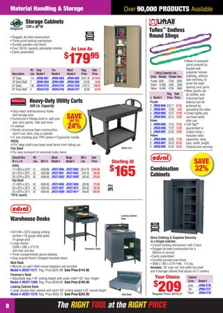 The RIGHT TOOL at the RIGHT PRICEThe RIGHT TOOL at the RIGHT PRICE
Material Handling & Storage
8
Over 90,000 PRODUCTS Available
Wt. Gray Tan Black Reg. Sale
Description Lbs. Model # Model # Model # Price Price
18" Deep 110 JR990-3801 JR990-3802 JR990-3803 $197.78 $179.95
18" Extra Shelf 7 JR990-3804 JR990-3805 JR990-3806 24.50 19.95
24" Deep 130 JR240-5753 JR240-5754 JR422-1649 218.12 199.95
24" Extra Shelf 9 JR240-5755 JR240-5756 JR240-5757 32.66 25.99
Storage Cabinets
72H x 36"W
• Rugged, all-steel construction
• Three-point locking mechanism
• Durable powder-coat ﬁnish
• Four 150 lb. capacity adjustable shelves
• Easily assembled
As Low As
$
17995
Tuﬂex™
Endless
Round Slings
• Made of polyester
yarns covered by
double-wall
polyester tubular
webbing, without
side stitching, to
cover the load-
bearing core yarns
• Wear points can
be shifted, and
improved load
balance can be
achieved by
spreading the sides
• Choke tightly and
unchoke easily
after use
• Tuff-Tag™
guaranteed to
outlast sling—
includes rated
capacities, sling
type, width, length,
material and warning
Reg. Sale
L Model # Price Price
Purple
3' JR828-9680 $10.71 $7.95
4 JR828-9681 13.59 9.95
6 JR828-9682 19.37 14.95
8 JR828-9683 25.14 18.95
Green
3 JR828-9685 14.16 10.95
4 JR828-9686 17.97 13.95
6 JR828-9687 25.35 19.95
Yellow
4 JR828-9690 23.82 17.95
6 JR828-9691 34.44 25.95
8 JR828-9692 43.56 32.95
Lifting Capacity Lbs.
Color Basket ChokerVert.
Purple 5200 2100 2600
Green 10,600 4200 5300
Yellow 16,800 6700 8400
Warehouse Desks
• 341⁄2W x 30"D sloping writing
surface • 18 gauge desk plate;
14 gauge post
• Large drawer
(24W x 28D x 31⁄2"H)
with lock and key
• Three compartments above desktop
• Gray enamel ﬁnish • Shipped knocked down
Wall Desk
• Mounts on wall • Wall mount fasteners not included
Model # JR337-1271 Reg. Price $201.88 Sale Price $115.95
Foreman’s Desk
• Adjustable legs • 43" writing height with under shelf • 53" max. height
Model # JR337-1269 Reg. Price $259.95 Sale Price $145.95
Locking Cabinet Desk
• Large double-door cabinet with lock • 43" writing height • 53" overall height
Model # JR337-1270 Reg. Price $435.13 Sale Price $225.95 Wall Desk
Locking Cabinet
Desk
Foreman’s Desk
Cabinet
Color Model #
Gray JR990-3736
Tan JR990-3737
Black JR990-3738
Combination
Cabinets
Store Clothing & Supplies Securely
in a Single Cabinet.
• 3-point locking mechanism with 2 keys
• Rugged all-steel construction for a
lifetime of service
• Easily assembled
• Durable powder-coat ﬁnish
• 36W x 18D x 72"H • Wt.: 115 lbs.
Includes: 18" coat rod, full-width top shelf
and 4 storage shelves that adjust on 2" centers.
SAVE
32%
Your Choice
$
209Regular Price: $316.21
Heavy-Duty Utility Carts
500 Lb. Capacity
Utility Cart
• Easy-reach tool/accessory hooks
and storage area
• Customize-it ﬁttings built-in: add your
own wire spools, rolls and more
• 2 shelves
• Sturdy structural foam construction
won’t rust, dent, chip or splinter
• 5" non-marking gray TPR casters • Ergonomic handle
Utility
• 23⁄4" deep shelf trays keep small items from falling out
Flat Shelf
• For easy transport of oversized bulky items
Overall Dim. Wt. Black Beige Mfr’s Sale
W x L x H Lbs. Mfr’s # Model # Model # List Price
Utility
17 x 383⁄8 x 323⁄4" 31 4500-88 JR337-0000 JR337-0003 $214.70 $165.00
25 x 437⁄8 x 323⁄4 45 4520-88 JR337-0001 JR337-0004 244.16 185.00
25 x 535⁄8 x 323⁄4 52 4546-00 JR337-0002* JR337-0005* 425.60 379.00
Flat Shelf
17 x 383⁄8 x 321⁄4 42 4505-00 JR337-0006 JR337-0009 229.90 175.00
25 x 437⁄8 x 321⁄4 42 4525-00 JR337-0007 JR337-0010 254.60 195.00
25 x 535⁄8 x 321⁄4 50 4545-00 JR337-0008* JR337-0011* 402.80 359.00
*750 lb.capacity
Starting At
$
165
SAVEUP TO
24%
08-09 EH 13-09 MH&S.indd 808-09 EH 13-09 MH&S.indd 8 8/8/13 8:04 AM8/8/13 8:04 AM
 