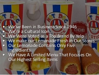 • We've Been in Business Since 1946
• We're a Cultural Icon
• We Were Voted as a Top Brand By Yelp
• We make our Lemonade ...
