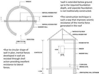 PLAN
•Due to circular shape of
wall in plan, inertial forces
developed in wall are
resisted through shell
action providing excellent
resistance to lateral
forces.
•wall is extended below ground
up to the required foundation
depth, and separate foundation
is not traditionally constructed.
•The construction technique is
such a way that improves seismic
resistance of the inertia force
generated in the roof
 