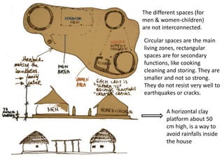 The different spaces (for
men & women-children)
are not interconnected.
A horizontal clay
platform about 50
cm high, is a way to
avoid rainfalls inside
the house
Circular spaces are the main
living zones, rectangular
spaces are for secondary
functions, like cooking
cleaning and storing. They are
smaller and not so strong.
They do not resist very well to
earthquakes or cracks.
 