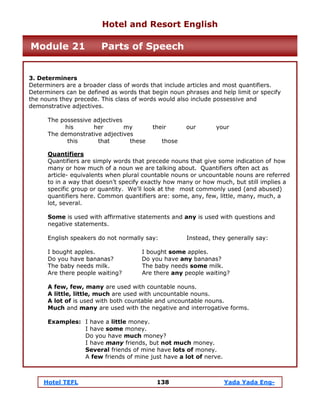 Hotel TEFL 138 Yada Yada Eng-
3. Determiners
Determiners are a broader class of words that include articles and most quantifiers.
Determiners can be defined as words that begin noun phrases and help limit or specify
the nouns they precede. This class of words would also include possessive and
demonstrative adjectives.
The possessive adjectives
his her my their our your
The demonstrative adjectives
this that these those
Quantifiers
Quantifiers are simply words that precede nouns that give some indication of how
many or how much of a noun we are talking about. Quantifiers often act as
article- equivalents when plural countable nouns or uncountable nouns are referred
to in a way that doesn’t specify exactly how many or how much, but still implies a
specific group or quantity. We’ll look at the most commonly used (and abused)
quantifiers here. Common quantifiers are: some, any, few, little, many, much, a
lot, several.
Some is used with affirmative statements and any is used with questions and
negative statements.
English speakers do not normally say: Instead, they generally say:
I bought apples. I bought some apples.
Do you have bananas? Do you have any bananas?
The baby needs milk. The baby needs some milk.
Are there people waiting? Are there any people waiting?
A few, few, many are used with countable nouns.
A little, little, much are used with uncountable nouns.
A lot of is used with both countable and uncountable nouns.
Much and many are used with the negative and interrogative forms.
Examples: I have a little money.
I have some money.
Do you have much money?
I have many friends, but not much money.
Several friends of mine have lots of money.
A few friends of mine just have a lot of nerve.
Hotel and Resort English
Module 21 Parts of Speech
 