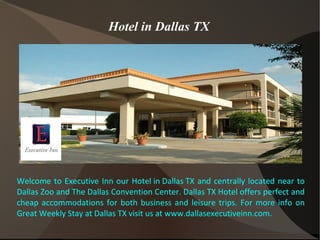 Hotel in Dallas TX




Welcome to Executive Inn our Hotel in Dallas TX and centrally located near to
Dallas Zoo and The Dallas Convention Center. Dallas TX Hotel offers perfect and
cheap accommodations for both business and leisure trips. For more info on
Great Weekly Stay at Dallas TX visit us at www.dallasexecutiveinn.com.
 