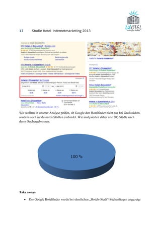 17 Studie Hotel-Internetmarketing 2013 
Wir wollten in unserer Analyse prüfen, ob Google den Hotelfinder nicht nur bei Großstädten, 
sondern auch in kleineren Städten einbindet. Wir analysierten daher alle 203 Städte nach 
deren Suchergebnissen: 
Take aways 
100 % 
· Der Google Hotelfinder wurde bei sämtlichen „Hotels-Stadt“-Suchanfragen angezeigt 
 