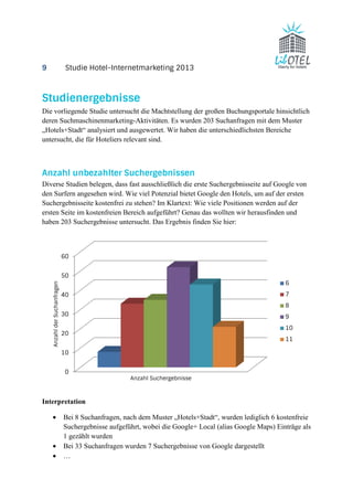 9 Studie Hotel-Internetmarketing 2013 
Studienergebnisse 
Die vorliegende Studie untersucht die Machtstellung der großen Buchungsportale hinsichtlich 
deren Suchmaschinenmarketing-Aktivitäten. Es wurden 203 Suchanfragen mit dem Muster 
„Hotels+Stadt“ analysiert und ausgewertet. Wir haben die unterschiedlichsten Bereiche 
untersucht, die für Hoteliers relevant sind. 
Anzahl unbezahlter Suchergebnissen 
Diverse Studien belegen, dass fast ausschließlich die erste Suchergebnisseite auf Google von 
den Surfern angesehen wird. Wie viel Potenzial bietet Google den Hotels, um auf der ersten 
Suchergebnisseite kostenfrei zu stehen? Im Klartext: Wie viele Positionen werden auf der 
ersten Seite im kostenfreien Bereich aufgeführt? Genau das wollten wir herausfinden und 
haben 203 Suchergebnisse untersucht. Das Ergebnis finden Sie hier: 
60 
50 
40 
30 
20 
10 
0 
Anzahl der Suchanfragen 
Interpretation 
Anzahl Suchergebnisse 
· Bei 8 Suchanfragen, nach dem Muster „Hotels+Stadt“, wurden lediglich 6 kostenfreie 
Suchergebnisse aufgeführt, wobei die Google+ Local (alias Google Maps) Einträge als 
1 gezählt wurden 
· Bei 33 Suchanfragen wurden 7 Suchergebnisse von Google dargestellt 
· … 
6 
7 
8 
9 
10 
11 
 