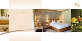 Im Luxus schwelgen, nur wir beide. Beim
Whirlen auf der eigenen Terrasse den
himmlischen Ausblick auf die umliegenden
Felder und Wälder genießen. Und endlich
genug Zeit haben, nur für uns …

Preziosi attimi di benessere, io e te, soli.
Immersi nel calore dell’idromassaggio
sul proprio terrazzo con splendida vista
sullo scenario alpino. E finalmente tanto
tempo da dedicare al nostro amore …

In the lap of luxury, just the two of us.
We’ll enjoy the heavenly view of the
surrounding fields and forests from the
whirlpool bath on our own terrace. And
at last have enough time, just for us …




                                               Zweisamkeiten   emozioni in due   time to be together
 