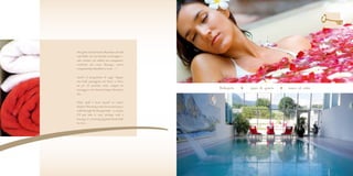 Was gönn’ ich mir heute? Marschier ich rauf
zum Wald, um ein bisschen zu kneippen –
oder möchte ich einfach nur entspannen,
vielleicht mit einer Massage, einem
entspannenden Basulbad zu zweit …?

Qual’è il programma di oggi? Magari
una bella passeggiata nel bosco o forse
un po’ di meritato relax, magari un
massaggio o un rilassante bagno Rasul per      Ruhepole   spazi di quiete   oases of calm
due …

What shall I treat myself to today?
Maybe I’ll head up to the forest and enjoy a
walk through the Kneipp bath – or maybe
I’ll just take it easy, perhaps with a
massage or a relaxing Egyptian Rasul bath
for two …
 