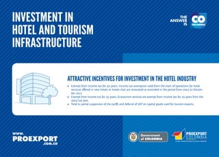 INVESTMENT IN
HOTEL AND TOURISM
INFRASTRUCTURE
ATTRACTIVE INCENTIVES FOR INVESTMENT IN THE HOTEL INDUSTRY
•	 Exempt from income tax for 30 years: Income tax exemption valid from the start of operations for hotel
services offered in new hotels or hotels that are renovated or extended in the period from 2003 to December 2017.
•	 Exempt from income tax for 20 years: Ecotourism services are exempt from income tax for 20 years from the
2003 tax year.  
•	 Total or partial suspension of the tariffs and deferral of VAT on capital goods used for tourism exports.

L ib erta

y O rd e n

 