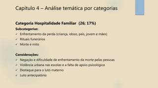 Capítulo 4 – Análise temática por categorias
Categoria Hospitalidade Familiar (26; 17%)
Subcategorias:
 Enfrentamento da perda (criança, idoso, pais, jovem e mães)
 Rituais funerários
 Morte e mito
Considerações:
 Negação e dificuldade de enfrentamento da morte pelas pessoas
 Violência urbana nas escolas e a falta de apoio psicológico
 Destaque para o luto materno
 Luto antecipatório
 