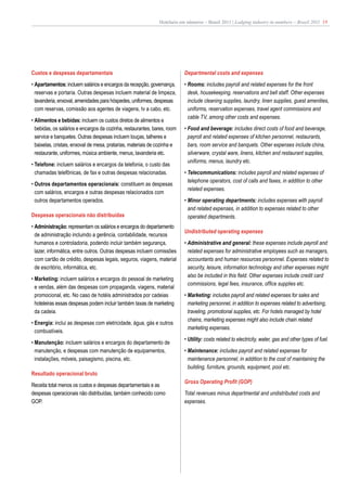 Hotelaria em números – Brasil 2011 | Lodging industry in numbers – Brazil 2011 19




Custos e despesas departamentais                                           Departmental costs and expenses
• Apartamentos: incluem salários e encargos da recepção, governança,       • Rooms: includes payroll and related expenses for the front
  reservas e portaria. Outras despesas incluem material de limpeza,          desk, housekeeping, reservations and bell staff. Other expenses
  lavanderia, enxoval, amenidades para hóspedes, uniformes, despesas         include cleaning supplies, laundry, linen supplies, guest amenities,
  com reservas, comissão aos agentes de viagens, tv a cabo, etc.             uniforms, reservation expenses, travel agent commissions and
                                                                             cable TV, among other costs and expenses.
• Alimentos e bebidas: incluem os custos diretos de alimentos e
  bebidas, os salários e encargos da cozinha, restaurantes, bares, room    • Food and beverage: includes direct costs of food and beverage,
  service e banquetes. Outras despesas incluem louças, talheres e            payroll and related expenses of kitchen personnel, restaurants,
  baixelas, cristais, enxoval de mesa, pratarias, materiais de cozinha e     bars, room service and banquets. Other expenses include china,
  restaurante, uniformes, música ambiente, menus, lavanderia etc.            silverware, crystal ware, linens, kitchen and restaurant supplies,
                                                                             uniforms, menus, laundry etc.
• Telefone: incluem salários e encargos da telefonia, o custo das
  chamadas telefônicas, de fax e outras despesas relacionadas.             • Telecommunications: includes payroll and related expenses of
                                                                             telephone operators, cost of calls and faxes, in addition to other
• Outros departamentos operacionais: constituem as despesas
                                                                             related expenses.
  com salários, encargos e outras despesas relacionados com
  outros departamentos operados.                                           • Minor operating departments: includes expenses with payroll
                                                                             and related expenses, in addition to expenses related to other
Despesas operacionais não distribuídas                                       operated departments.
• Administração: representam os salários e encargos do departamento
                                                                           Undistributed operating expenses
  de administração incluindo a gerência, contabilidade, recursos
  humanos e controladoria, podendo incluir também segurança,               • Administrative and general: these expenses include payroll and
  lazer, informática, entre outros. Outras despesas incluem comissões        related expenses for administrative employees such as managers,
  com cartão de crédito, despesas legais, seguros, viagens, material         accountants and human resources personnel. Expenses related to
  de escritório, informática, etc.                                           security, leisure, information technology and other expenses might
                                                                             also be included in this field. Other expenses include credit card
• Marketing: incluem salários e encargos do pessoal de marketing
                                                                             commissions, legal fees, insurance, office supplies etc.
  e vendas, além das despesas com propaganda, viagens, material
  promocional, etc. No caso de hotéis administrados por cadeias            • Marketing: includes payroll and related expenses for sales and
  hoteleiras essas despesas podem incluir também taxas de marketing          marketing personnel, in addition to expenses related to advertising,
  da cadeia.                                                                 traveling, promotional supplies, etc. For hotels managed by hotel
                                                                             chains, marketing expenses might also include chain related
• Energia: inclui as despesas com eletricidade, água, gás e outros
                                                                             marketing expenses.
  combustíveis.
                                                                           • Utility: costs related to electricity, water, gas and other types of fuel.
• Manutenção: incluem salários e encargos do departamento de
  manutenção, e despesas com manutenção de equipamentos,                   • Maintenance: includes payroll and related expenses for
  instalações, móveis, paisagismo, piscina, etc.                             maintenance personnel, in addition to the cost of maintaining the
                                                                             building, furniture, grounds, equipment, pool etc.
Resultado operacional bruto
                                                                           Gross Operating Profit (GOP)
Receita total menos os custos e despesas departamentais e as
despesas operacionais não distribuídas, também conhecido como              Total revenues minus departmental and undistributed costs and
GOP.                                                                       expenses.
 