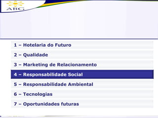 3 – Marketing de Relacionamento 4 – Responsabilidade Social 6 – Tecnologias 2 – Qualidade 7 – Oportunidades futuras 1 – Hotelaria do Futuro 5 – Responsabilidade Ambiental 